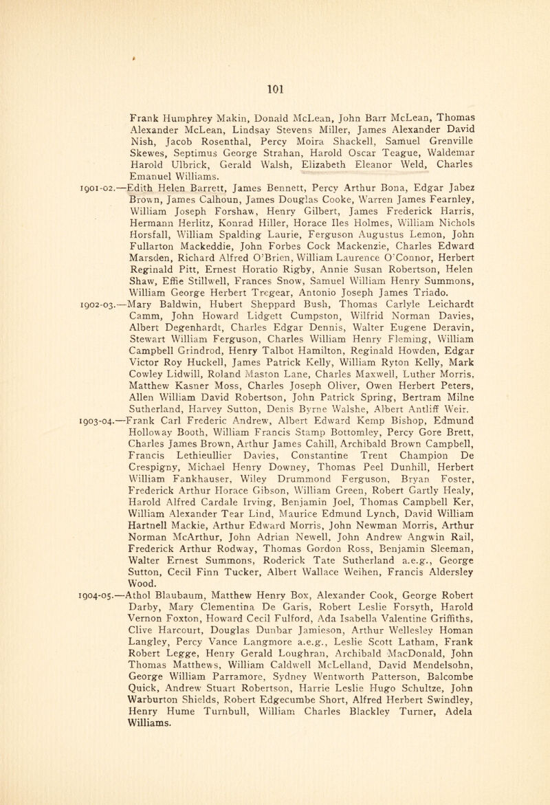 t 101 Frank Humphrey Makin, Donald McLean, John Barr McLean, Thomas Alexander McLean, Lindsay Stevens Miller, James Alexander David Nish, Jacob Rosenthal, Percy Moira Shackell, Samuel Grenville Skewes, Septimus George Strahan, Harold Oscar Teague, Waldemar Harold Ulbrick, Gerald Walsh, Elizabeth Eleanor Weld, Charles Emanuel Williams. iqoi-02.—Edith Helen Barrett, James Bennett, Percy Arthur Bona, Edgar Jabez Brown, James Calhoun, James Douglas Cooke, Warren James Fearnley, William Joseph Forshaw, Henry Gilbert, James Frederick Harris, Hermann Herlitz, Konrad Hiller, Horace lies Holmes, William Nichols Horsfall, William Spalding Laurie, Ferguson Augustus Lemon, John Fullarton Mackeddie, John Forbes Cock Mackenzie, Charles Edward Marsden, Richard Alfred O’Brien, William Laurence O'Connor, Herbert Reginald Pitt, Ernest Horatio Rigby, Annie Susan Robertson, Helen Shaw, Effie Stillwell, Frances Snow, Samuel William Henry Summons, William George Herbert Tregear, Antonio Joseph James Triado. 1902- 03.—Mary Baldwin, Hubert Sheppard Bush, Thomas Carlyle Leichardt Camm, John Howard Lidgett Cumpston, Wilfrid Norman Davies, Albert Degenhardt, Charles Edgar Dennis, Walter Eugene Deravin, Stewart William Ferguson, Charles William Henry Fleming, William Campbell Grindrod, Henry Talbot Hamilton, Reginald Howden, Edgar Victor Roy Huckell, James Patrick Kelly, William Ryton Kelly, Mark Cowley Lidwill, Roland Maston Lane, Charles Maxwell, Luther Morris. Matthew Kasner Moss, Charles Joseph Oliver, Owen Herbert Peters, Allen William David Robertson, John Patrick Spring, Bertram Milne Sutherland, Harvey Sutton, Denis Byrne Walshe, Albert Antliff Weir. 1903- 04.—Frank Carl Frederic Andrew, Albert Edward Kemp Bishop, Edmund Holloway Booth, William Francis Stamp Bottomley, Percy Gore Brett, Charles James Brown, Arthur James Cahill, Archibald Brown Campbell, Francis Lethieullier Davies, Constantine Trent Champion De Crespigny, Michael Henry Downey, Thomas Peel Dunhill, Herbert William Fankhauser, Wiley Drummond Ferguson, Bryan Foster, Frederick Arthur Horace Gibson, William Green, Robert Gartly Healy, Harold Alfred Cardale Irving, Benjamin Joel, Thomas Campbell Ker, William Alexander Tear Lind, Maurice Edmund Lynch, David William Hartnell Mackie, Arthur Edward Morris, John Newman Morris, Arthur Norman McArthur, John Adrian Newell, John Andrew7 Angwin Rail, Frederick Arthur Rodway, Thomas Gordon Ross, Benjamin Sleeman, Walter Ernest Summons, Roderick Tate Sutherland a.e.g., George Sutton, Cecil Finn Tucker, Albert Wallace Weihen, Francis Aldersley Wood. 1904- 05.—Athol Blaubaum, Matthew Henry Box, Alexander Cook, George Robert Darby, Mary Clementina De Garis, Robert Leslie Forsyth, Harold Vernon Foxton, Howuird Cecil Fulford, Ada Isabella Valentine Griffiths, Clive Harcourt, Douglas Dunbar Jamieson, Arthur Wellesley Homan Langley, Percy Vance Langmore a.e.g., Leslie Scott Latham, Frank Robert Legge, Henry Gerald Loughran, Archibald MacDonald, John Thomas Matthews, William Caldwell McLelland, David Mendelsohn, George William Parramore, Sydney Wentworth Patterson, Balcombe Quick, Andrew Stuart Robertson, Harrie Leslie Hugo Schultze, John Warburton Shields, Robert Edgecumbe Short, Alfred Herbert Swindley, Henry Hume Turnbull, William Charles Blackley Turner, Adela Williams.