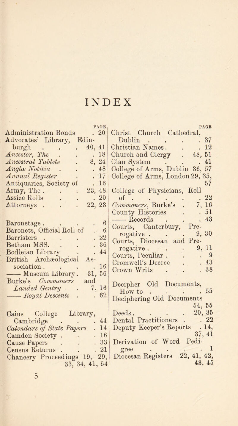 INDEX PAGE Administration Bonds . 20 Advocates’ Library, Edin- burgh Ancestor, The Ancestral Tablets Anglce Notitia Annual Register Antiquaries, Society of Army, The . Assize Rolls Attorneys . 40, 41 . 18 8, 24 . 48 . 17 . 16 23, 48 . 20 22, 23 Baronetage . Baronets, Official Roll of Barristers . Betham MSS. Bodleian Library British sociation . Museum Library. Burke’s Commoners Landed Gentry Royal Descents . Archaeological 6 6 22 36 44 As- . 16 31, 56 and 7, 16 . 62 Caius College Library, Cambridge . . .44 Calendars of State Papers . 14 Camden Society . . .16 Cause Papers . . .33 Census Returns . . .21 Chancery Proceedings 19, 29, 33, 34, 41, 54 PAGE Christ Church Cathedral, Dublin . . . .37 Christian Names . . . 12 Church and Clergy . 48, 51 Clan System . . .41 College of Arms, Dublin 36, 57 College of Arms, London 29, 35, 57 College of Physicians, Roll of 22 Commoners, Burke’s . County Histories Records Courts, Canterbury, rogative . Courts, Diocesan and rogative . Courts, Peculiar . Cromwell’s Decree Crown Writs 7, 16 . 51 . 43 Pre- 9, 30 Pre- 9, 11 . 9 . 43 . 38 Decipher Old Documents, How to . . . .55 Deciphering Old Documents 54, 55 Deeds.... 20, 35 Dental Practitioners . . 22 Deputy Keeper’s Reports . 14, 37, 41 Derivation of Word Pedi- gree . . . • 1 Diocesan Registers 22, 41, 42, 43, 45