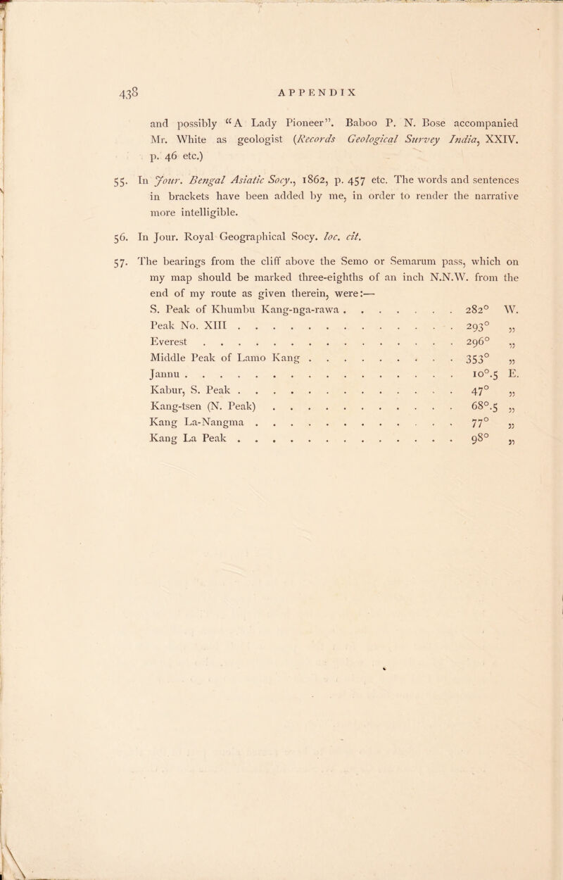 and possibly CCA Lady Pioneer”. Baboo P. N. Bose accompanied Mr. White as geologist (Records Geological Survey India, XXIV. p. 46 etc.) 55. In Jour. Bengal Asiatic Socy., 1862, p. 457 etc. The words and sentences in brackets have been added by me, in order to render the narrative more intelligible. 56. In Jour. Royal Geographical Socy. loc. cit. 57. The bearings from the cliff above the Semo or Semarum pass, which on my map should be marked three-eighths of an inch N.N.W. from the end of my route as given therein, were:— Middle Peak of Lamo Kang 35 Kang La-Nangma Kang La Peak . 282° W. 2930 33 296° 33 353° 33 ip 0* 0 E. 47° 33 68°.5 33 77° 33 98° 33