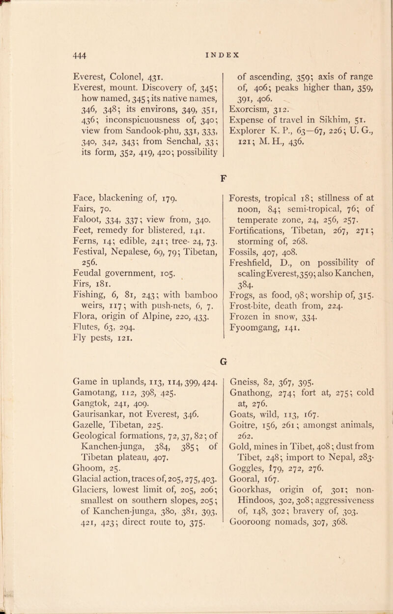 Everest, Colonel, 431. Everest, mount. Discovery of, 345; how named, 345; its native names, 346, 348; its environs, 349, 351, 436; inconspicuousness of, 340; view from Sandook-phu, 331, 333, 340, 342, 343; from Senchal, 33; its form, 352, 419, 420; possibility of ascending, 359; axis of range of, 406; peaks higher than, 359, 391, 406. Exorcism, 312. Expense of travel in Sikhim, 5** Explorer K. P., 63—67, 226^ U. G., 121; M. H., 436. F Face, blackening of, 179. Fairs, 70. Faloot, 334, 337; view from, 340. Feet, remedy for blistered, 141. Ferns, 14; edible, 241; tree- 24, 73. Festival, Nepalese, 69, 79; Tibetan, 256. Feudal government, 105. Firs, 181. Fishing, 6, 81, 243; with bamboo weirs, 117; with push-nets, 6, 7. Flora, origin of Alpine, 220, 433. Flutes, 63, 294. Fly pests, 121. Forests, tropical 18; stillness of at noon, 84; semi-tropical, 76; of temperate zone, 24, 256, 257. Fortifications, Tibetan, 267, 271 storming of, 268. Fossils, 407, 408. Freshfield, D., on possibility of scalingEverest,359; also Kanchen, 384. Frogs, as food, 98; worship of, 315. Frost-bite, death from, 224. Frozen in snow, 334. Fyoomgang, 141. G Game in uplands, 113, 114,399,424. Gamotang, 112, 398, 425. Gangtok, 241, 409. Gaurisankar, not Everest, 346. Gazelle, Tibetan, 225. Geological formations, 72, 37, 82 *, of Kanchen-junga, 384, 385; of Tibetan plateau, 407. Ghoom, 25. Glacial action, traces of, 205,275,403. Glaciers, lowest limit of, 205, 206; smallest on southern slopes, 205; of Kanchen-junga, 380, 381, 393, 421, 423; direct route to, 375. Gneiss, 82, 367, 395. Gnathong, 274*, fort at, 275; cold at, 276. Goats, wild, 113, 167. Goitre, 156, 261; amongst animals, 262. Gold, mines in Tibet, 408; dust from Tibet, 248; import to Nepal, 283- Goggles, 179, 272, 276. Gooral, 167. Goorkhas, origin of, 301; non- Hindoos, 302, 308; aggressiveness of, 148, 302; bravery of, 303. Gooroong nomads, 307, 368.