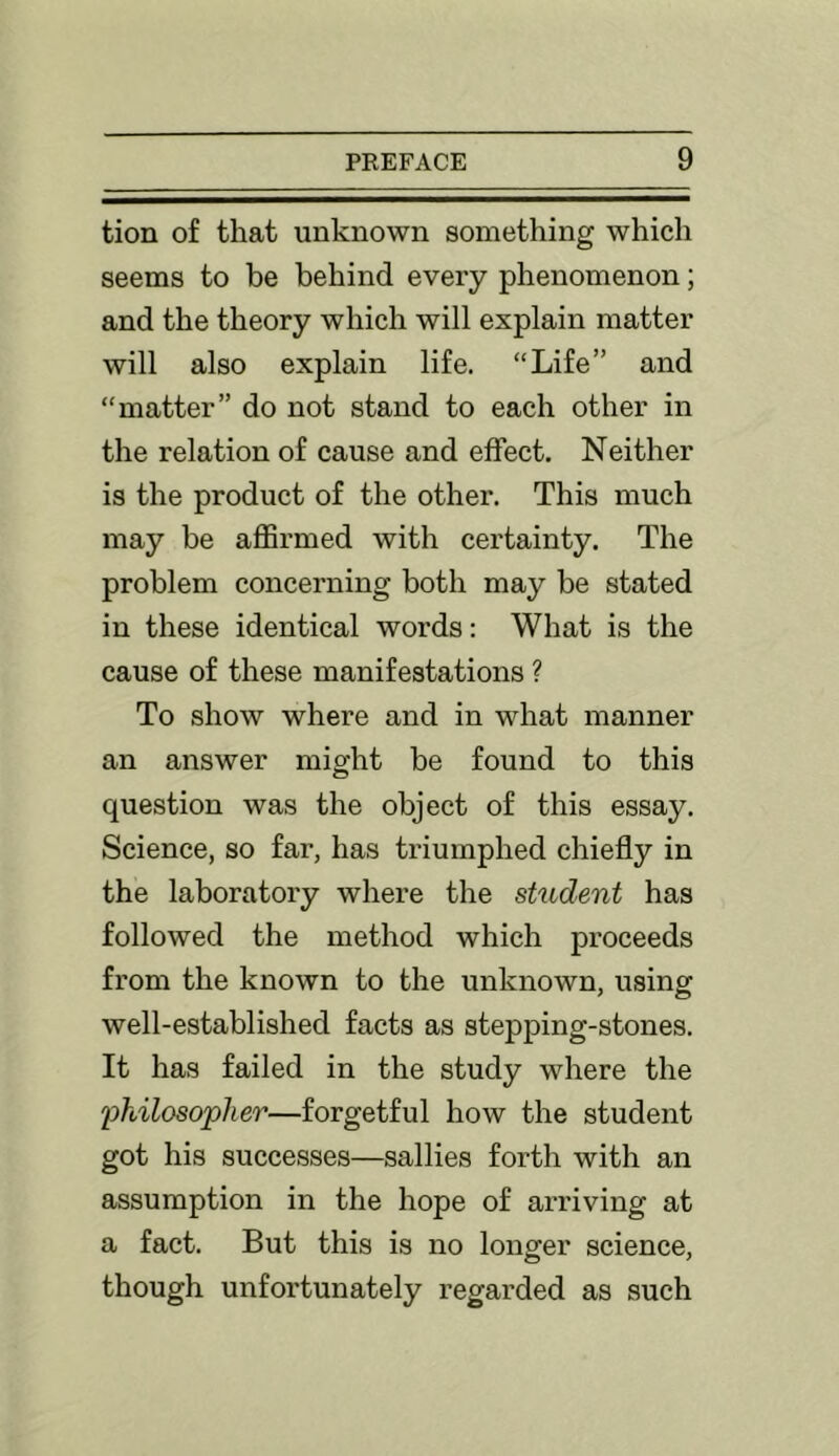 tion of that unknown something which seems to be behind every phenomenon; and the theory which will explain matter will also explain life. “Life” and “matter” do not stand to each other in the relation of cause and effect. Neither is the product of the other. This much may be affirmed with certainty. The problem concerning both may be stated in these identical words: What is the cause of these manifestations ? To show where and in what manner an answer might be found to this question was the object of this essay. Science, so far, has triumphed chiefly in the laboratory where the student has followed the method which proceeds from the known to the unknown, using well-established facts as stepping-stones. It has failed in the study where the 2yhilosopher—forgetful how the student got his succe.sses—sallies forth with an assumption in the hope of arriving at a fact. But this is no longer science, though unfortunately regarded as such