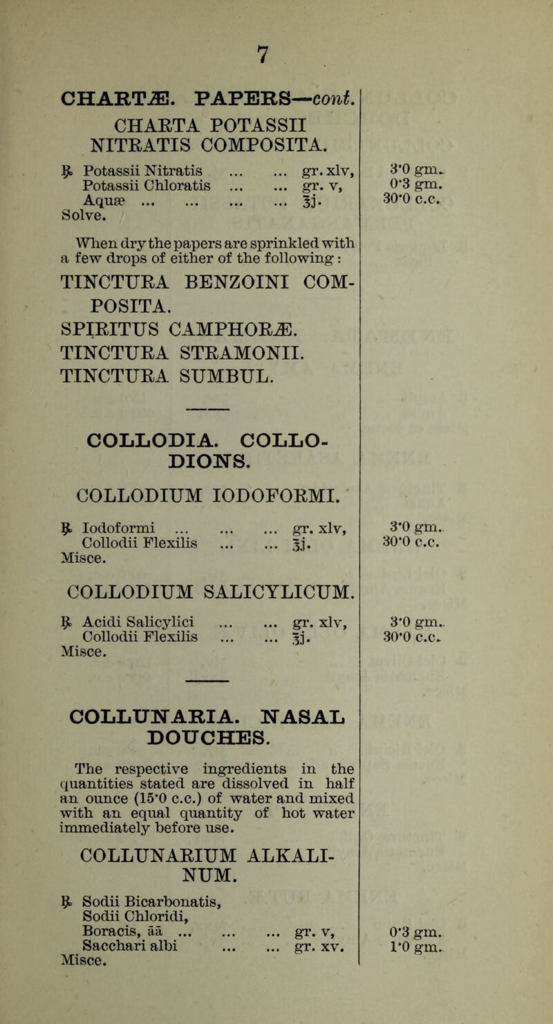 CHARTiE. PAPERS—co»«. CHARTA POTASSII NITEATIS COMPOSITA. 9. Potassii Nitratis gr. xlv, Potassii Chloratis gr. v. Aquae Sj. Solve. When dry the papers are sprinkled with a few drops of either of the following: TINCTUEA BENZOINI COM- POSITA. SPIRITUS CAMPHORJE. TINCTUEA STEAMONII. TINCTUEA SUMBUL. COLIiODIA. COLIiO- DIONS. COLLODIUM lODOFOEMI. 9 lodoformi gr. xlv, Collodii Flexilis Jj. Misce. COLLODIUM SALICYLICUM. 9 Acidi Salicylic! gr. xlv, Collodii Flexilis 5j. Misce. COLLUNARIA. NASAL DOUCHES. The respective ingredients in the quantities stated are dissolved in half an ounce (15‘0 c.c.) of water and mixed with an equal quantity of hot water immediately before use. COLLUNAEIUM ALKALI- NUM. 9 Sodii Bicarbonatis, Sodii Chloridi, Boracis, aa gr. v, Sacchari albi gr. xv. Misce. 8*0 gm. 0*3 gm. 30*0 c.c. 3*0 gm.- 30*0 c.c. 3*0 gm.- 30*0 c.c. 0*3 gm. 1*0 gm.