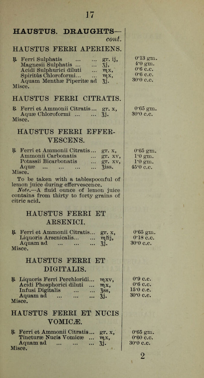 HAUSTUS. DRAUGHTS— cont. HAUSTUS FEREI APERIENS. Ferri Sulphatis gf- ij» Magnesii Sulphatis 53, Acidi Sulphurici diluti ... uix, Spiritus Chloroforini r>\x, Aquam Menthse Piperitee ad 5i- Misce. HAUSTUS FEEEI CITEATIS. K- Ferri et Ammonii Citratis... gr. x. Aquae Chloroformi 33. Misce. HAUSTUS FEEEI EFFEE- VESCENS. ^ Ferri et Ammonii Citratis... gr. x, Ammonii Carbonatis ... gr. xv, Potassii Bicarbonatis ... gr. xv. Aquae 3iss. Misce. To be taken with a tablespoonful of lemon juice during effervescence. Note.—A fluid ounce of lemon juice contains from thirty to forty grains of citric acid. HAUSTUS FEEEI ET AESENICI. ^ Ferri et Ammonii Citratis... gr. x, Liquoris Arsenicahs Aquam ad 3j. Misce. HAUSTUS FEEEI ET DIGITALIS. 9> Liquoris Ferri Perchloridi... rqxv, Acidi Phosphorici diluti ... uix, Infusi Digitalis 3ss, Aquam ad 3j. Misce. HAUSTUS FEEEI ET NUCIS VOMICA. 9. Ferri et Ammonii Citratis... gr. x, Tincturae Nucis Vomicae ... inx, Aquam ad 3j. Misce. 0-13 gm. 4*0 gm. 0*6 c.c. 0*6 c.c. 30*0 c.c. 0*65 gm. 30*0 c.c. 0*65 gm. 1*0 gm. 1*0 gm. 45*0 c.c. 0*65 gm. 0*18 c.c. 30*0 c.c. 0*9 c.c. 0*6 c.c. 15*0 c.c. 30*0 c.c. 0*65 gm. 0*60 c.c. 30*0 c.c. 2