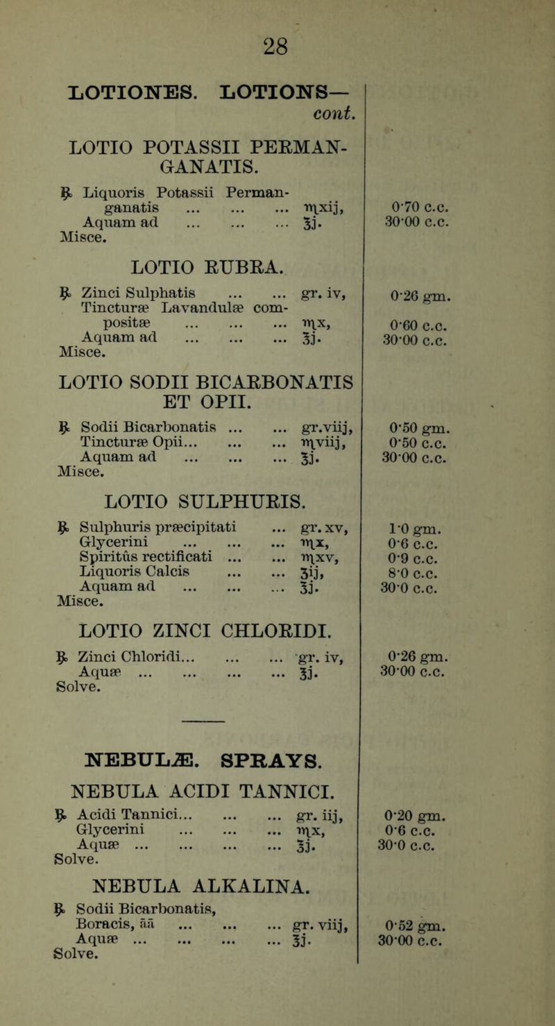 liOTIONES. LOTIONS— cont. LOTIO POTASSII PERMAN- GANATIS. p. Liquoris Potassii Perman- ganatis Aqiiam ad Misce. LOTIO RUBRA. 5^ Zinci Sulphatis gr. iv, Tincturae Lavandulae com- positae n\x, Aquam ad Misce. LOTIO SODII BICARBONATIS ET OPII. 9= Sodii Bicarbonatis gr.viij, Tincturae Opii ‘‘Uviij, Aquam ad 5j. Misce. LOTIO SULPHURIS. 9 Sulphuris praecipitati ... gr. xv, Glycerini Spiritus rectificati ‘‘Uxv, Liquoris Calcis 5ij, Aquam ad 33* Misce. LOTIO ZINCI CHLORIDI. 9 Zinci Chloridi gr. iv, Aquae 3j. Solve. 0 70 c.c. 30*00 c.c. 0*26 gm. 0*60 c.c. 30*00 c.c. 0*50 gm. 0*50 c.c. 30*00 c.c. 1*0 gm. 0*6 c.c. 0*9 c.c. 8*0 c.c. 30*0 c.c. 0*26 gm. 30*00 c.c. NEBULjE. SPRAYS. NEBULA ACIDI TANNICI. 9 Acidi Tannici gr. iij, Glycerini n^x, Aquae 33. Solve. NEBULA ALKALINA. 9 Sodii Bicarbonatis, Boracis, fifi gr. viij, Solve. 0*20 gm. 0*6 c.c. 30*0 c.c. 0*52 gm.
