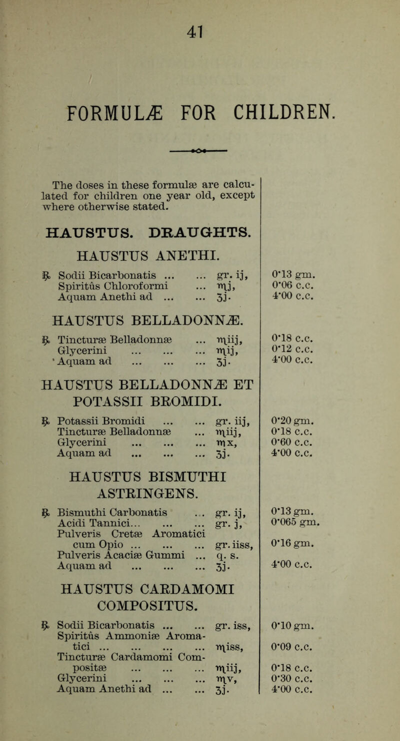 FORMULA FOR CHILDREN. The doses in these formulae are calcu- lated for children one year old, except where otherwise stated. HAUSTUS. DRAUGHTS. HAUSTUS ANETHI. ipt, Sodii Bicarhonatis gr. ij, Spiritus Chloroform! ... T»\j, Aquam Anethi ad 5 j. HAUSTUS BELLADONN.®. Tincturae Belladonnae ... luiij. Glycerin! utij, ‘ Aquam ad 5 j. HAUSTUS BELLADONNiE ET POTASSII BEOMIDI. ^ Potassii Bromidi iij, Tincturae Belladonnae ... u\ii3» Glycerin! tyi x, Aquam ad 53. HAUSTUS BISMUTHI ASTRINUENS. ^ Bismuth! Carbonatis . . gr. i]', Acidi Tannici gr. j, Pulveris Cretae Aromatic! cum Opio gr. iiss, Pulveris Acaciae Gummi ... q. s. Aquam ad 53. HAUSTUS CAEDAMOMI COMPOSITUS. ^ Sodii Bicarhonatis gr. iss, Spiritus Ammoniae Aroma- tic! r>\iss, Tincturae Cardamom! Com- positae Glycerin! -n^v, Aquam Anethi ad 53. 0*13 gm. 0*06 c.c. 4*00 c.c. 0*18 c.c. 0*12 c.c. 4*00 c.c. 0*20 gm. 0*18 c.c. 0*60 c.c. 4*00 c.c. 0*13 gm. 0*065 gm. 0*16 gm. 4*00 c.c. 0*10 gm. 0*09 c.c. 0*18 c.c. 0*30 c.c. 4*00 c.c.