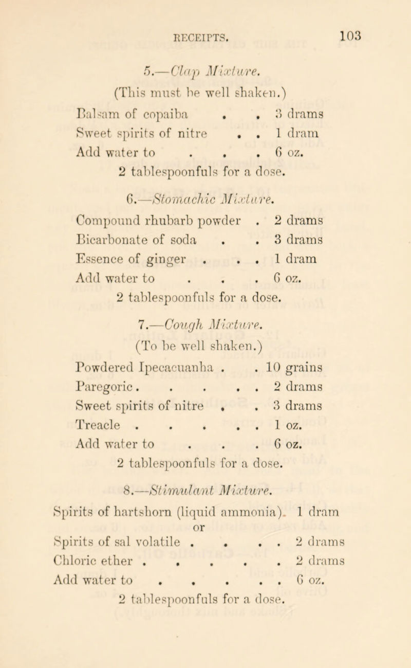 /!).—Cl<iY> Mixture. (This must lie well shaken.) rialsam of copaiba . . 3 drams Sweet spirits of nitre . , 1 dram Add water to . . . G oz. 2 tablespoonfnls for a dose. G.—Stomachic Mixta re. Compound rhubarb powder . 2 drams llicarbonate of soda . . 3 drams Essence of ginger . . , 1 dram Add water to . . . G oz. 2 tablespoonfnls for a dose. 7.—Cough Mixture. (To be well shaken.) Powdered Ipecacuanha . .10 grains Ikiregoric. . . . . 2 drams Sweet spirits of nitre , . 3 drams Treacle . . . . . 1 oz. Add water to . . . G oz. 2 tal)lespoonfuls for a dose. 8.—St imulan t Mixture. Spirits of hartshorn (liquid ammonia). 1 dram or Spirits of sal volatile . , , . 2 drams Chloric ether , , . , .2 drams Add water to , , . . , G oz. 2 tablespoonfnls for a dose.