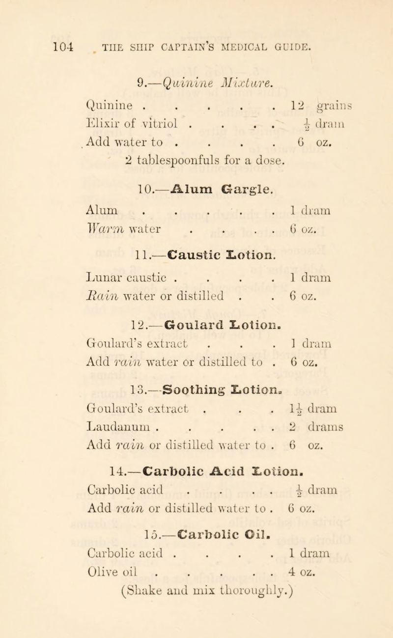 9. —Quinine Mixture. (Quinine . . . . .12 rains I'ilixir of vitriol . . . . 4 dram Add water to . . . . G oz. 2 tablespoonfuls for a dose. 10. —Alum Gargle. Alum . . . . .1 dram Warm water . . . . G oz. 11. ^—Caustic Lotion. lAinar caustic . . . .1 dram liCiin water or distilled . . G oz. 12. —Goulard Lotion. Cxoulard’s extract . . .1 dram Add rain water or distilled to . G oz. 13. —Soothing Lotion. Goulard’s extract . . • dram Laudanum . . . . . 2 drams Add O'ahi or distilled water to . G oz. 14.—Carbolic Acid Lotion. Carbolic acid . . • • 2 dram Add rain or distilled water to . G oz. 15.—Carbolic Oil. Carbolic acid . . . .1 dram Olive oil . . . . . 4 oz. (Shake and mix thoroughly.)