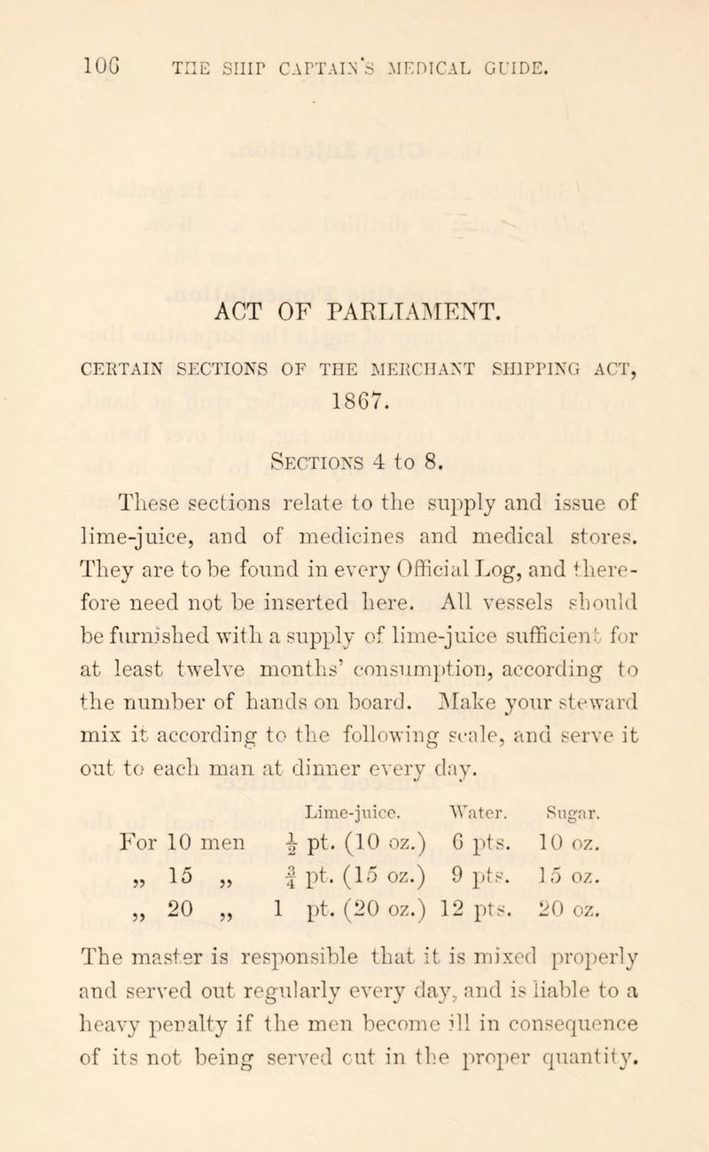 ACT OF PARLTA]MENT. CERTAIN SECTIONS OF THE ^lERCIIANT SIIIPPING ACT, 1867. Sections 4 to 8. These sections I’elate to the supply and issue of lime-juice, and of medicines and medical stores. They are to be found in every Official Log, and there- fore need not be inserted here. All vessels should be furnished with a supply of lime-juice sufficient for at least twelve months’ consumydion, according to the number of hands on board. Make your steward mix it according to the following scale, and serve it out to each man at dinner every day. 4/ 4^ Lime-jaice. 'Water, Sugar. For 10 men ^ pt. (10 oz.) G pts. 10 oz. „ 15 „ 5 pt. (15 oz.) 9 yds. 15 oz. ,, 20 „ 1 yd. (20 oz.) 12 pts. 20 oz. The master is resyionsible that it is mixed proyterly and served out regtdarly every day, and is liable to a heavy y)enalty if the men become ill in consequence of its not being served cut in the ytroyter quantity.