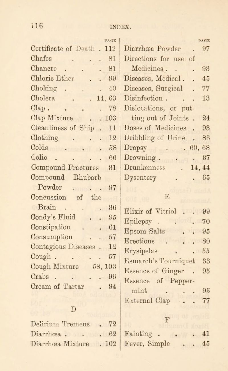 516 Certificate of Death . PA OK 1 112 Diarrhoea Powder t PAOK 97 Chafes . . . 81 Directions for use of Chancre . 81 Medicines. . • 93 Chloric Ether . . 99 Diseases, Medical. • 45 Choking . 40 Diseases, Surgical • 77 Cholera . . 14, 63 Disinfection . • 13 Clap .... 78 Dislocations, or put- Clap Mixture . . 103 ting out of Joints • 24 Cleanliness of Ship . 11 Doses of Medicines • 93 Clothing . . . 12 Dribbling of Urine • 86 Colds 58 Dropsy 60, 68 Colic . . . . 66 Drowning . • 37 Compound Fractures 31 Drunkenness 14, 44 Compound Ehubarh Dysentery • 65 Powder . . . 97 Concussion of the E Brain 36 Elixir of Vitriol . • 99 Condy’s Fluid . . 95 Epilepsy . • 70 Constipation 61 Epsom Salts • 95 Consumption . . 57 Erections • 80 Contagious Diseases . 12 Erysipelas • 55 Cough . . . . 57 Esmarch’s Tourniquet 33 Cough Mixture 58, 103 Essence of Ginger • 95 v^raos . . . . Essence of Peppe r- Cream of Tartar 94 X X • t mmt • 95 External Clap • 77 D Delirium Tremens 72 F Diarrhoea . 62 Fainting . • 41 Diarrhoea Mixture 102 Fever, Simple • 45
