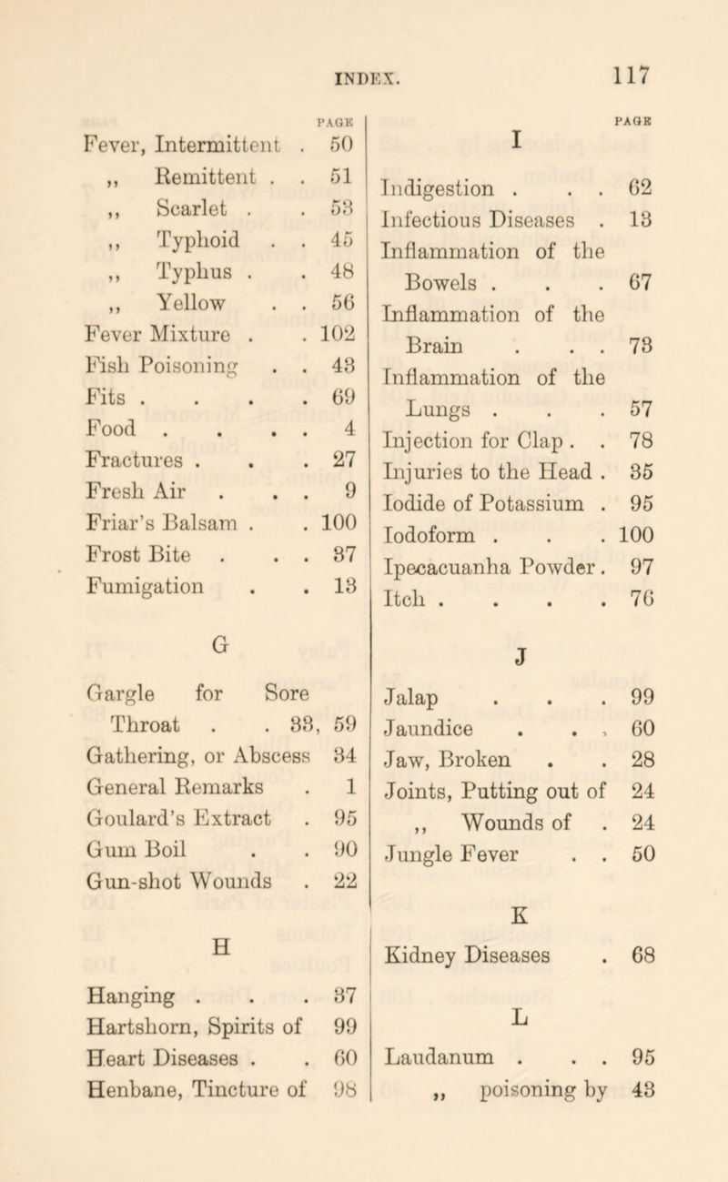 Fever, Intermittent PAQK . 50 ,, Remittent . . 51 ,, Scarlet . . 58 ,, Typhoid . . 45 ,, Typhus . . 48 ,, Yellow . 56 Fever Mixture . . 102 lYsh Poisoning . 43 Fits . . 69 Food . 4 Fractures . . 27 Fresh Air . 9 Friar’s Balsam . . 100 Frost Bite . 87 Fumigation . 18 G Gargle for Sore Throat . .88, 59 Gathering, or Abscess 84 General Remarks . 1 Goulard’s Extract . 95 Gum Boil . . 90 Gun-shot Wounds . 22 H i Hanging . . . 87 I Hartshorn, Spirits of 99 Heart Diseases . . 00 Henbane, Tincture of 98 PACK I Indigestion . . . G2 Infectious Diseases . 18 Inflammation of the Bowels . . .67 Inflammation of the Brain . . . 73 Inflammation of the Lungs . . .57 Injection for Clap . . 78 Injuries to the Head . 35 Iodide of Potassium . 95 Iodoform . . . 100 Ipecacuanha Powder. 97 Itch . . . .76 J Jalap . . .99 Jaundice . . , 60 Jaw, Broken . . 28 Joints, Putting out of 24 ,, Wounds of . 24 Jungle Fever . . 50 K Kidney Diseases . 68 L Laudanum . . . 95 „ poisoning by 48