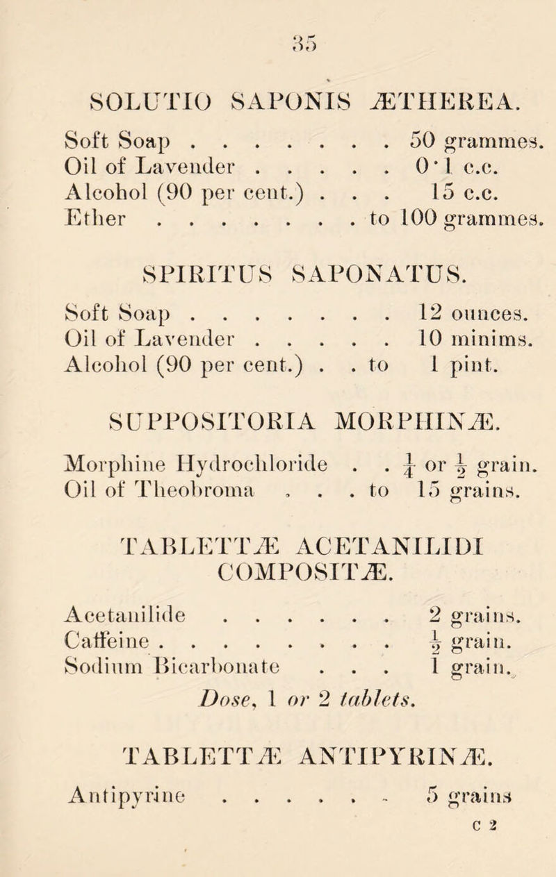 ,^5 SOLUTIO 8APONI8 A^:TUERKA. 8oft Soap 50 rammes. Oil of Lav^eiider 0*1 c.c. Alcohol (90 per cent.) ... 15 c.c. Ether to 100 «;ramme3. SPIRITUS 8APONATU8. Soft Soap 12 ounces. Oil of Lavender 10 minims. Alcohol (90 per cent.) . . to 1 pint. SUPPOSITORIA MORPHINA^:. Morphine Hydrochloride . . | or ^ «’rain. Oil of Theohroma , . .to 15 grains. 1'AP> LET lap: AC ETAN ILIDI COMPOSITE. Acetanilide 2 grains. Caffeine ^ grain. Sodium Ricarhonate ... 1 grain. Dose, 1 or 2 tablets. tabletta: antipyrinal Antipyrine 5 grains