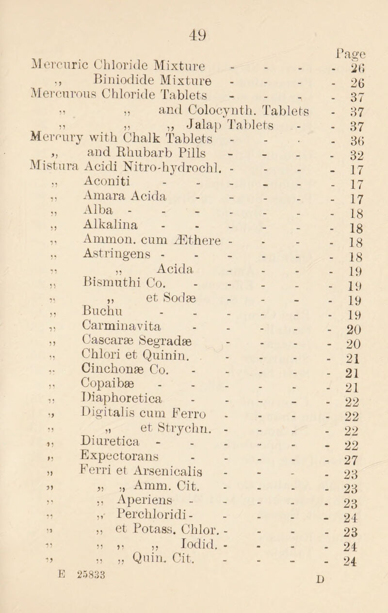 ^^lomiric Chloride Mixture Biiiiodide Mixture - - - Mercurous Chloride Tablets M ,, and Colocyuth. Tablets )i ,, ,, Jalaj) Tablets Mercury with Chalk Tablets - ,, and Ehubarb Pills Mistnra Acid! Nitrodr^ulrochl. - Aconiti - - - _ - ,, Amara Acida - - - . ,, Alba Alkalina - - - - . „ Ammon, cum ^Tlthere - Astringens ----- ” ,, Acida ,i Bismuthi Co. - - . - V ,, et Sodge ,, Buchu - - . - - T Carminavita - - - - ,, Cascarge Segradae Chlori et Quinin. Cinchonas Co. - - . - Copaibas - - - . - 1, Diaphoretica - - _ _ Digitalis cum Perro V „ et Strychn. - Diuretica - - - - , Expectorans - - - . P'erri et Arsenicalis „ Amm. Cit. Aperiens - - - - Perchloridi - - - - et Potass. Chlor. - ,, ,, lodid. - ,, Quill. Cit. 1? E «» 5! 55 55 2:)833 Page ■ hn - 26 ■ 37 ■ 37 • 37 36 32 ■ 17 - 17 • 17 • 18 18 18 18 19 19 19 19 20 20 21 21 21 22 22 22 22 27 23 23 23 24 23 24 24 D