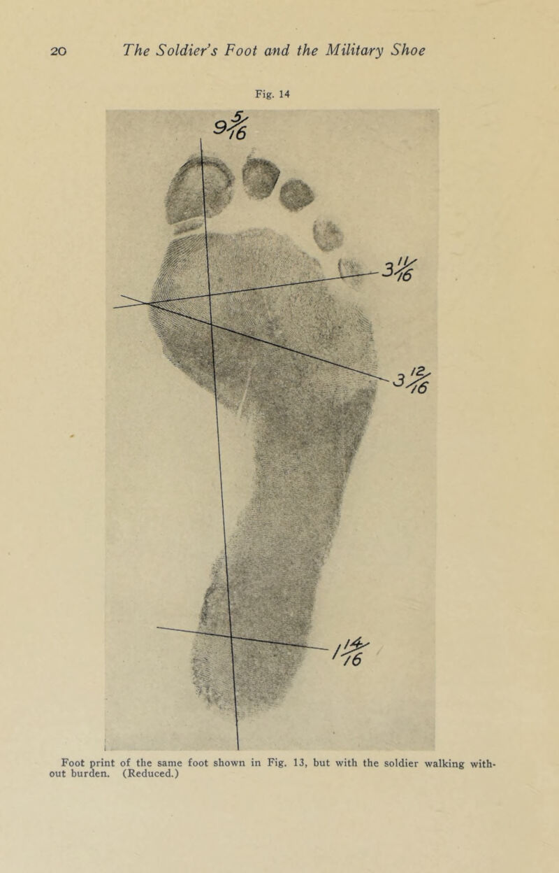 Fig. 14 3^ Foot print of the same foot shown in Fig. 13, but with the soldier walking with- out burden. (Reduced.)