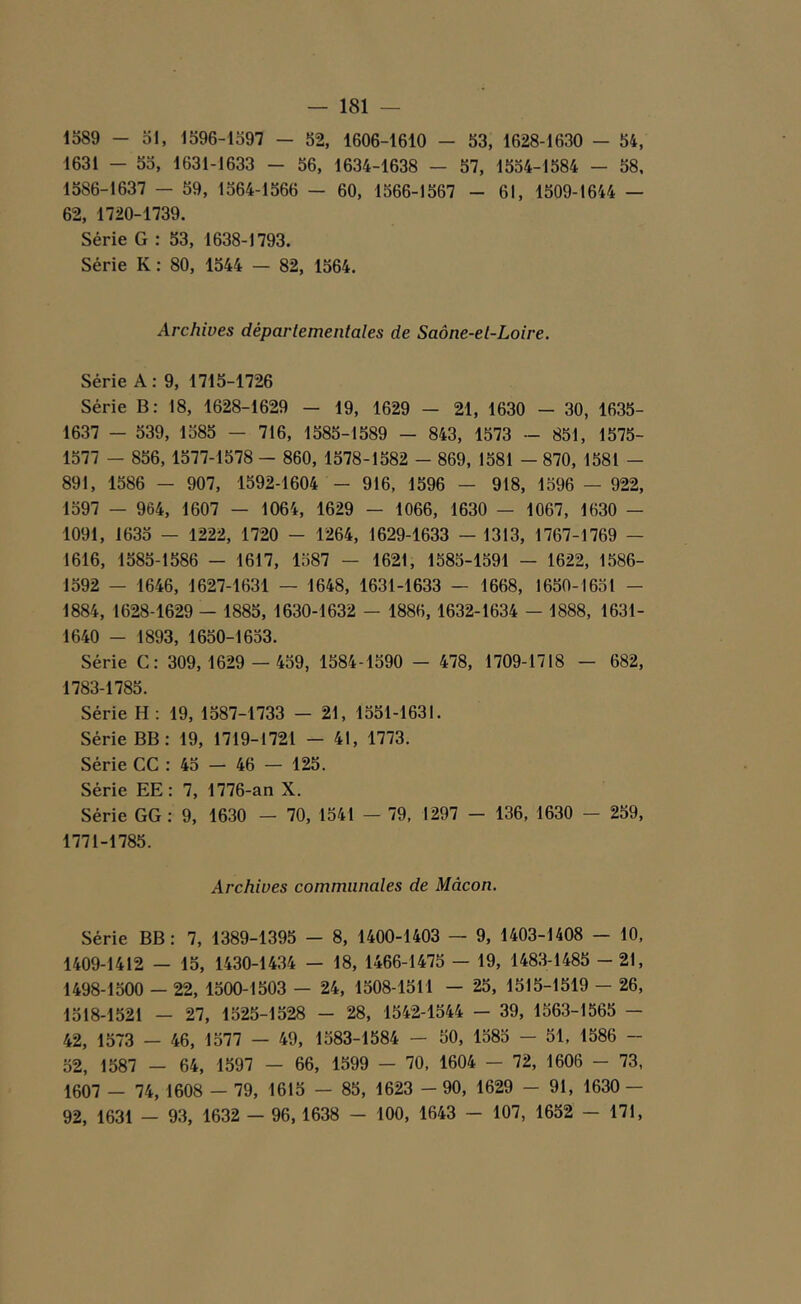 1589 - 51, 1596-1597 — 52, 1606-1610 - 53, 1628-1630 - 54, 1631 - 55, 1631-1633 - 56, 1634-1638 — 57, 1554-1584 - 58, 1586-1637 — 59, 1564-1566 — 60, 1566-1567 - 61, 1509-1644 — 62, 1720-1739. Série G : 53, 1638-1793. Série K : 80, 1544 — 82, 1564. Archives départementales de Saône-et-Loire. Série A: 9, 1715-1726 Série B: 18, 1628-1629 — 19, 1629 — 21, 1630 — 30, 1635- 1637 — 539, 1585 — 716, 1585-1589 — 843, 1573 — 851, 1575- 1577 — 856, 1577-1578 - 860, 1578-1582 - 869, 1581 - 870, 1581 - 891, 1586 - 907, 1592-1604 - 916, 1596 - 918, 1596 — 922, 1597 — 964, 1607 — 1064, 1629 — 1066, 1630 — 1067, 1630 — 1091, 1635 — 1222, 1720 - 1264, 1629-1633 - 1313, 1767-1769 — 1616, 1585-1586 - 1617, 1587 — 1621, 1585-1591 - 1622, 1586- 1592 - 1646, 1627-1631 — 1648, 1631-1633 — 1668, 1650-1651 - 1884, 1628-1629 - 1885, 1630-1632 — 1886, 1632-1634 - 1888, 1631- 1640 - 1893, 1650-1653. Série C: 309,1629 — 459, 1584-1590 - 478, 1709-1718 — 682, 1783-1785. Série H: 19, 1587-1733 - 21, 1551-1631. Série BB : 19, 1719-1721 - 41, 1773. Série CC : 45 - 46 — 125. Série EE : 7, 1776-an X. Série GG: 9, 1630 — 70, 1541 — 79, 1297 — 136, 1630 — 259, 1771-1785. Archives communales de Mâcon. Série BB : 7, 1389-1395 — 8, 1400-1403 — 9, 1403-1408 — 10, 1409-1412 — 15, 1430-1434 — 18, 1466-1475 — 19, 1483-1485 - 21, 1498-1500 — 22, 1500-1503 — 24, 1508-1511 — 25, 1515-1519 — 26, 1518-1521 — 27, 1525-1528 — 28, 1542-1544 — 39, 1563-1565 — 42, 1573 — 46, 1577 — 49, 1583-1584 — 50, 1585 — 51, 1586 — 52, 1587 — 64, 1597 — 66, 1599 — 70, 1604 — 72, 1606 — 73, 1607 — 74, 1608 — 79, 1615 — 85, 1623 — 90, 1629 — 91, 1630 — 92, 1631 — 93, 1632 — 96, 1638 — 100, 1643 — 107, 1652 — 171,