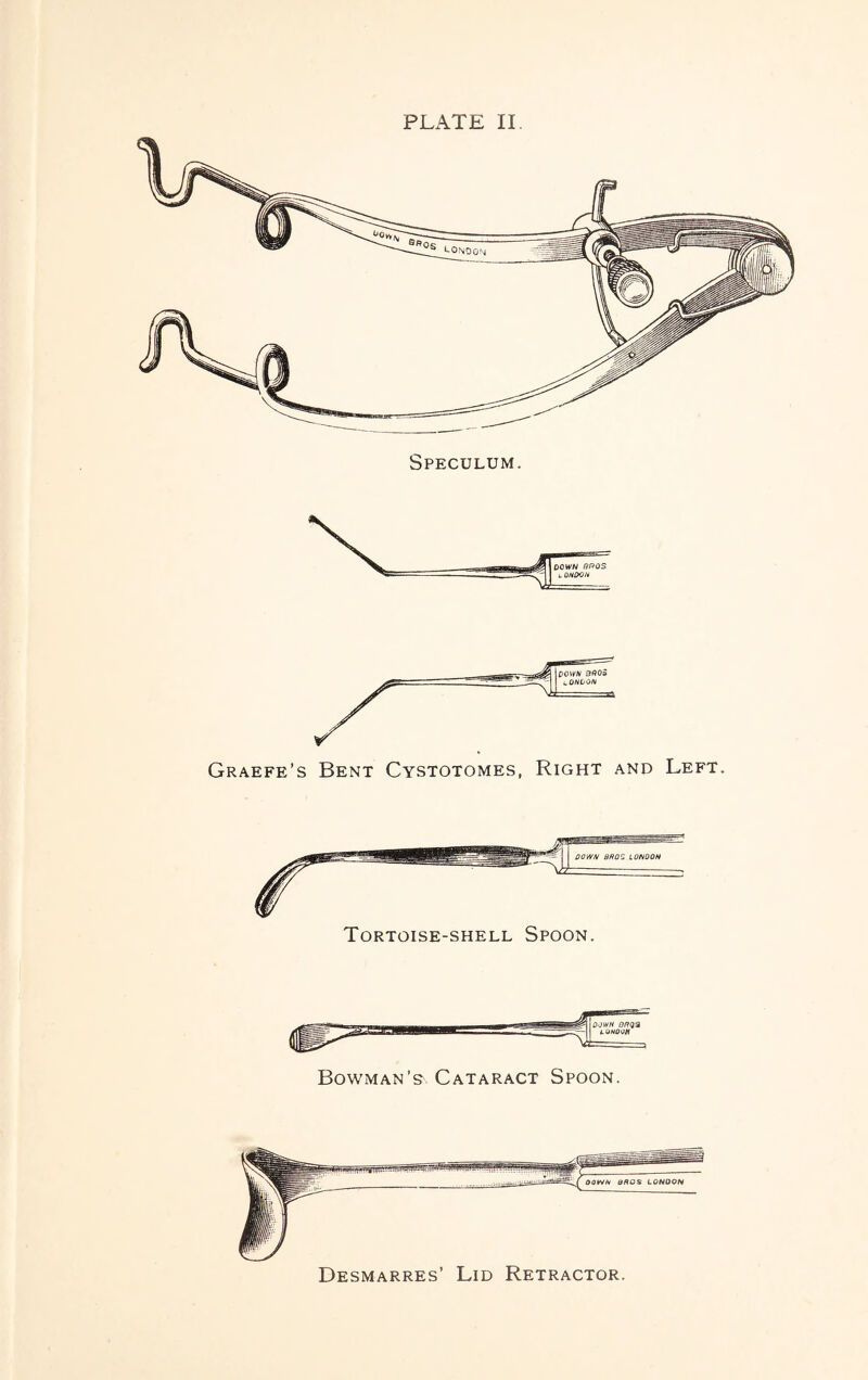 Speculum. Graefe’s Bent Cystotomes, Right and Left. Bowman’s^. Cataract Spoon. Desmarres’ Lid Retractor.