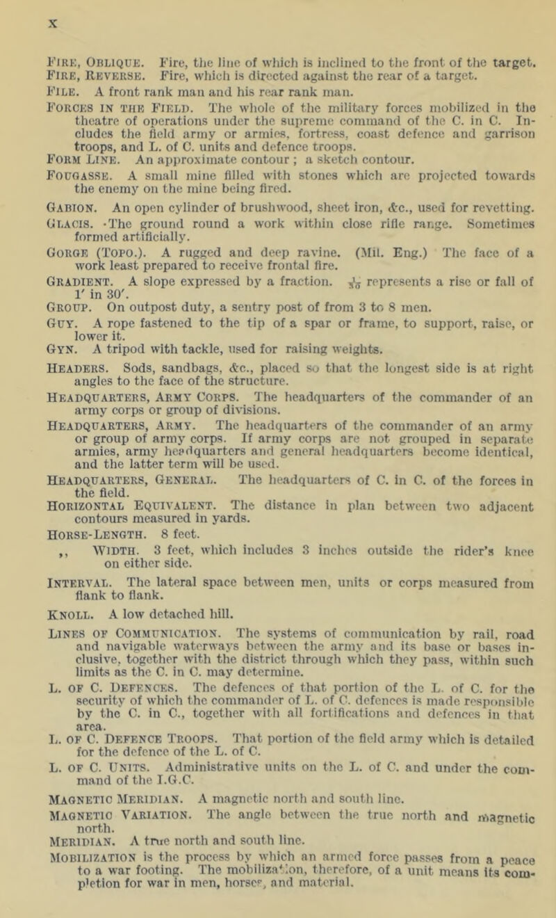 Kirk, Oblique. Kire, tlie line of which is inclined to the front of the target. Kire, Reverse. Fire, which is directed against the rear of a target. Kile. A front rank man and his reiir rank man. Korces in the Kield. The whole of the military forces mobilized in the theatre of operations under the supreme command of the C. in C. In- cludes the field army or armies, fortress, coast defence and garrison troops, and L. of C. units and defence troops. Korm Link. An approximate contour ; a sketch contour. Fouoasse. a small mine filled with stones whicli are projected towards the enemy on the mine being fired. Gabion. An open cylinder of brushwood, sheet iron, Ac., used for revetting. Glacis. -The ground round a work within close rifle range. Sometimes formed artificially. Gorge (Topo.). A rugged and deep ravine. (Mil. Eng.) The face of a work least prepared to receive frontal fire. Gradient. A slope expressed by a fraction. represents a rise or fall of 1' in 30'. Group. On outpost duty, a sentry post of from 3 to 8 men. Guy. a rope fastened to the tip of a spar or frame, to support, raise, or lower it. Gyn. a tripod with tackle, used for raising weights. Headers. Sods, sandbags, &c., placed so that the longest side is at right angles to the face of the structure. Headquarters, Army Corps. The headquarters of the commander of an army corps or group of divisions. Headquarters, Ar.my. The headquarters of the commander of an army or group of army corps. If army corps are not grouped in separate armies, army headquarters and general headquarters become identical, and the latter term will be used. Headquarters, General. The headquarters of C. in C. of the forces in the field. Horizontal Equivalent. The distance in plan between two adjacent contours measured in yards. Horse-Length. 8 feet. ,, Width. 3 feet, which includes 3 inches outside the rider’s knee on either side. Interval. The lateral space between men, units or corps measured from flank to flank. Knoll. A low detached hill. Lines of Communication. The systems of communication by rail, road and navigable waterways between the army and its base or bases in- clusive, together with the district through which they pass, within such limits M the C. in C. may determine. L. of C. Defences. The defences of that portion of the L. of C. for the security of which the commander of L. of C. defences is made responsible by the C. in C., together with all fortifications and defences in that area. L. of C. Defence Troops. 'That portion of the field army which is detailed for the defence of the L. of C. L. of C. Units. Administrative units on the L. of C. and under the com- mand of the I.G.C. Magnetic Meridian. A magnetic north and south line. Magnetic Variation. The angle between the true north and magnetic north. Meridian. A tme north and south line. Mobilization is the process by which an armed force passes from a peace to a war footing. The mobiliza'lon, therefore, of a unit means its com- p'etion for war in men, horses, and material.