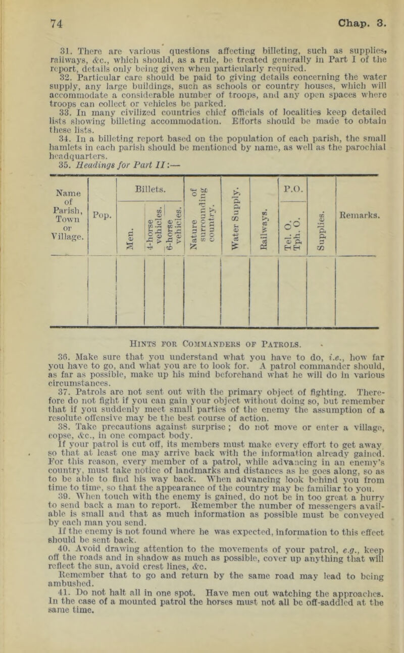 31. There are various questions affecting billeting, sucli as suppiies. raiivvays, &c., whicli shouid, as a ruie, be. treated generally in Part 1 of the report, details only being given when particularly required. 32. Particular care sliould be paid to giving details concerning the water supply, any large buildings, such as schools or country liouses, wliicli will aceomniodate a considerable number of troops, and any open spaces where troops can collect or veliicles be parked. 33. In many civilized countries chief officials of localities keep detailed lists showing billeting accommodation. Efforts sliould bo made to obtain these lists. 34. In a billeting report based on tlie population of each parish, the small liamlets in each parish sliould be mentioned by name, as well as the parochial headquarters. 35. Headings for Part H:— Name of Parish, Town or Village. Pop. Billets. o ^ rt tm o ct: ^ s 3 ? te w V s?: Water Supply. es 1 P.O. Supplies. Ilemarks. ff <li i 4-horse 1 vehicles, i Ahorse i vehicles. Tel. 0. j Tph. O. 1 Hints for CoM.M.tNDERS of Patrols. 30. Make sure that you iinder.stand what you have to do, i.e., liow far you have to go, and what you arc to look for. A patrol commander should, as far as possible, make up liis mind bcforeliand wliat he will do in various circumstances. 37. Patrols are not sent out with tlic primary object of fighting. Tlierc- fore do not fight if you can gain your object witlioiit doing so, but remember tliat if you suddenly meet small parties of the enemy the assumption of a resolute offensive may be the best course of action. 38. 'Take precautions against surprise ; do not move or enter a villagi!, copse, Ac., in one compact body. If your patrol is cut off, its members must make every effort to get away, so tliat at least one may arrive back with the information already gained. For this reason, every member of a patrol, wliile advancing in an enemy’s country, must take notice of landmarks and distances as lie goes along, so'as to be aide to find liis way back. When advancing look behind you from time to tiiiK', so t hat tlic appearance of tlic country may be familiar to you. 30. Wlien toucli with the enemy is gained, do not be in too great a hurry to send back a man to report, llemember the number of messengers avaif- able is small and that as much information as possible must be conveyed by each man you send. If tlie enemy is not found where lie was expected, information to this effect should be sent back. 40. Avoid drawing attention to the movements of your patrol, e.g., keep off tlie roads and in shadow as iiiueh as possible, cover up anything that will reflect the sun, avoid crest lines, Ac. llemember that to go and return by the same road may lead to being ambushed. 41. Ho not halt all in one spot. Have men out watching the approaclics. In the case of a mounted patrol the horses must not all be off-saddled at the same time.