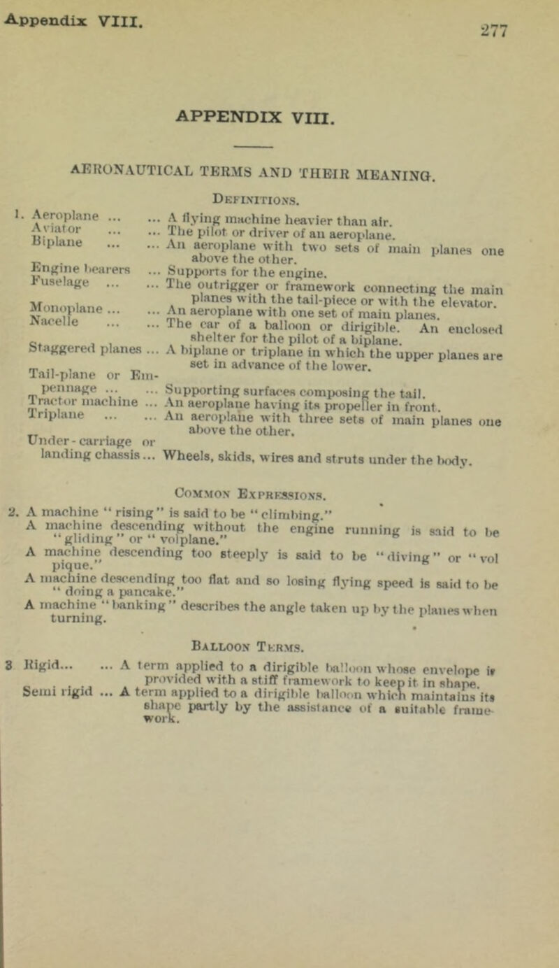 2/ / APPENDIX VIII. AERONAUTICAL TERMS AND THEIR MEANING. Defimtio.ns. ^ fl.viiig machine heavier than air. ... Tlie pilot or driver of an aeroplane ... An aeroplane witli two seta of main planes one above the other. ... Supports for the engine. ... Tile outrigger or framework connecting tiie main planes with the tail-piece or with the elevator ••• An aeroplane with one set of main planes. ... The car of a balloon or dirigible. An enclosed , , shelter for the pilot of a biplane. Staggered plane.s ... A biplane or triplane in which the upper planes are „ „ set in advance of the lower. Tail-plane or Ein- ptuinage ... ... Supporting surfat-es composing the tail, irw-tor niachine ... An aeroplane having its propeller in front. An aeroplane with three sets of main planes one , above the other. Under - carriage or landing chassis... Wheels, skids, wires and struts under the Iwidy. I. Aeroplane ... Aviator Hiplane Engine bearers Fuselage Monoplane ... Nacelle COM.MON E.XPRES.?I0N’S. 2. A machine “ rising ” is said to be  climbing.” A machine descending without the engine riiiining is s.'iid to be “gliding” or “ volplane. A machine descending too steeply is said to be divinir” or “ vol pique. A niachine descending too flat and so losing flying speed is said to lie “ doing a pancake.” - n r A machine “ tanking” describes the angle taken up bytlie planes when turning. .1 i Balloo.v Term.s. 8 Kigid A term applied to a dirigible tialliHin whose envelope i» provided with a stiff framework to keep it in shape Semi rigid ... A term applied to a dirigible l«lloon which maintains'its sliaiie partly by the assistance of a suitable frame- work.