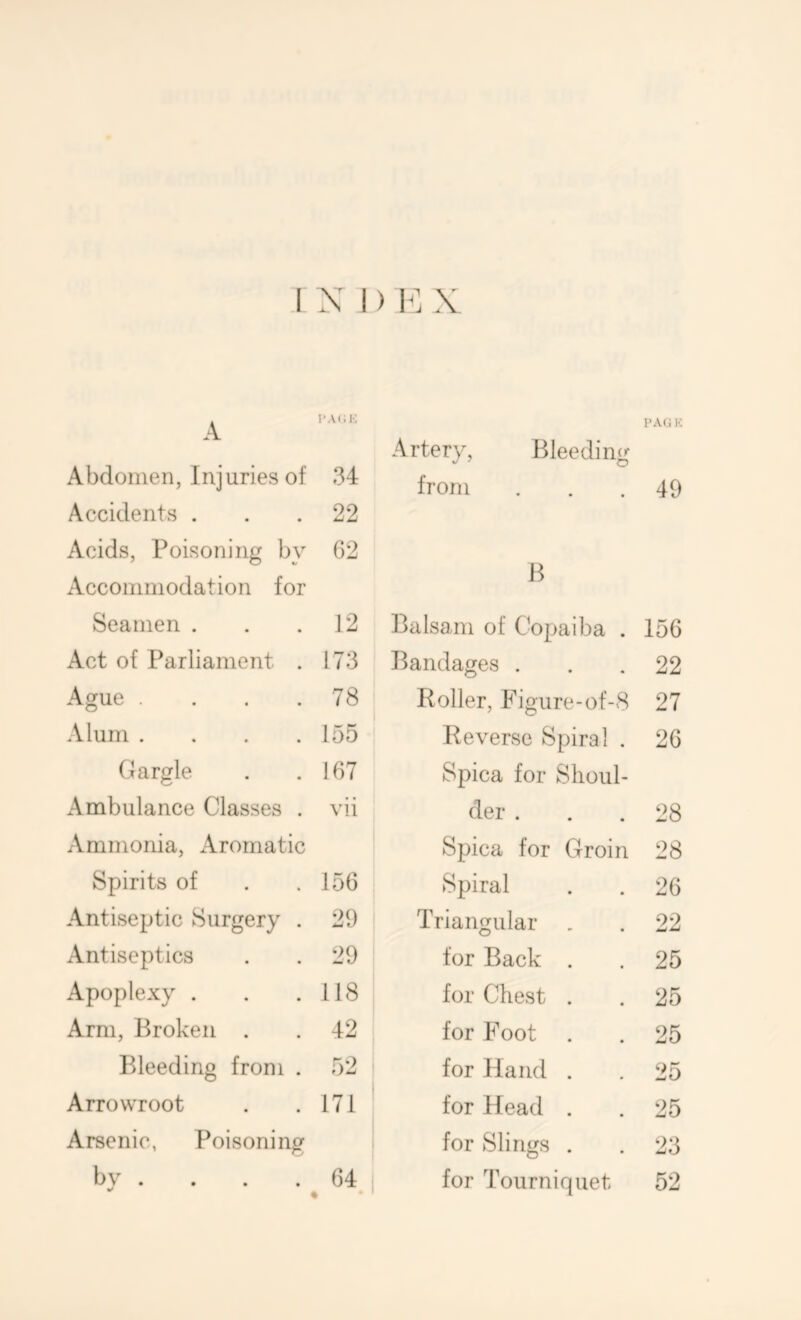 A Artery, Bleeding PA<JK Abdomen, Injuries of 34 from 49 Accidents . 22 Acids, Poisoning by 62 1 > Accommodation for B Seamen . 12 Balsam of Copaiba . 156 Act of Parliament . 173 Bandages . 22 Ague .... 78 Roller, Figure-of-8 27 .Vlum .... 155 Reverse Spiral . 26 Gargle 167 Spica for Shoul- Ambulance Classes . vii der . 28 Ammonia, xVromatic Spica for Groin 28 Spirits of 156 Spiral 26 Antiseptic Surgery . 29 Triangular . 22 Antiseptics 29 for Back . 25 Apoplexy . 118 for Chest . 25 Arm, Broken . 42 for Foot . 25 Bleeding from . 52 for Hand . 25 Arrowroot 171 for Head . 25 Arsenic, Poisoning for Slings . 23 bv . V 64 • for Tourniquet 52