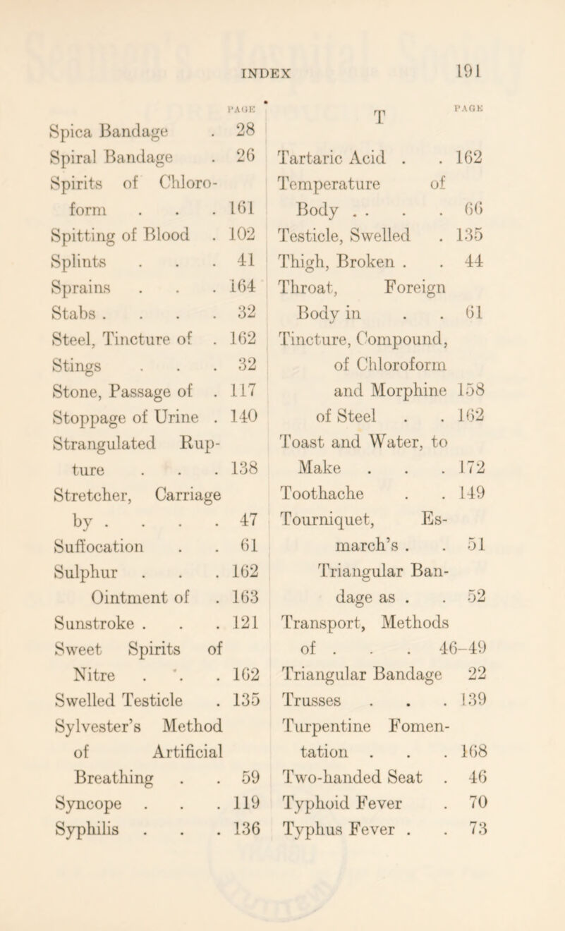 I’AOK Spica Bandage 28 Spiral Bandage 26 Spirits of Chloro- form 161 Spitting of Blood 102 Splints 41 S})rains 164 Stahs .... 32 Steel, Tincture of 162 Stings 32 Stone, Passage of 117 Stoppage of Urine . 140 Strangulated Rup- ture 138 Stretcher, Carriage by . 47 Suffocation 61 Sulphur 162 Ointment of 163 Sunstroke . 121 Sweet Spirits of Nitre 162 Swelled Testicle 135 Sylvester’s Method of Artificial Breathing . . 59 Syncope . . .119 Syphilis . . . 136 191 Tartaric Acid . .162 Temperature of Body .. . . 66 Testicle, Swelled . 135 3’high, Broken . . 4-1 Throat, Foreign Body in . . 61 Tincture, Compound, of Chloroform and Morphine 158 of Steel . .162 Toast and Water, to Make . . .172 Toothache . .149 Tourniquet, Es- march’s . .51 Triansrular Ban- dage as . . 52 Transport, Methods of . . . 46-49 Triangular Bandage 22 Trusses . . . !39 Turpentine Fomen- tation . . .168 Two-handed Seat . 46 Typhoid Fever . 70 Typhus Fever . . 73