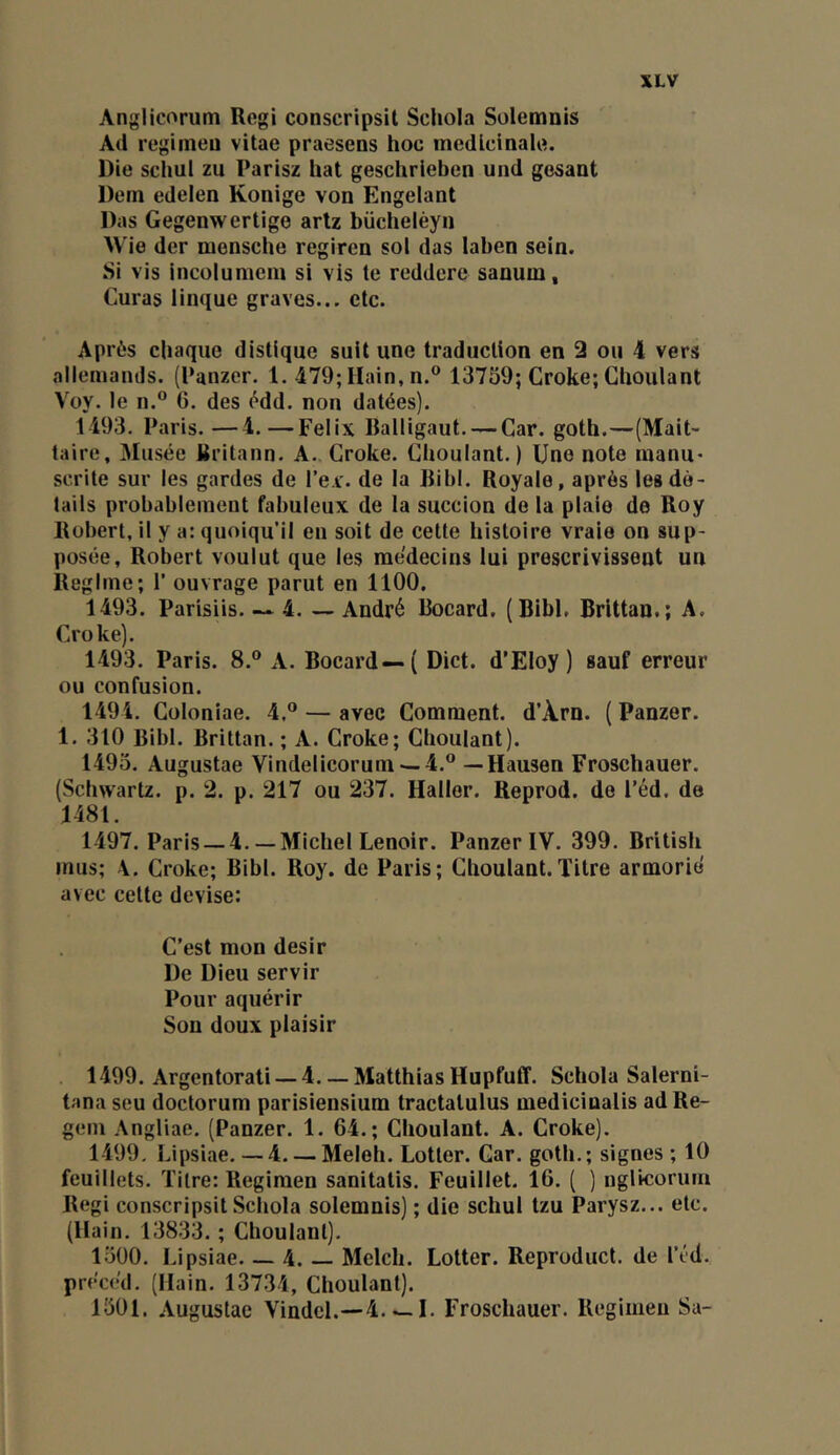 Anglicorum Régi conscripsit Schola Sulemnis Ad regimeu vitae praesens hoc inedlcinaU». Die schui zu Parisz hat geschrleben und gesant Detn edelen Konige von Engelant Das Gegenwertige arlz büchelèyii Wie der menscbe regiren sol das laben sein. Si vis incolumem si vis te reddere sanum, Curas linque graves... etc. Après chaque distique suit une traduction en 2 ou 4 vers allemands. (Panzer. 1. 479; Hain, n.® 13759; Croke; Cboulant Voy. le II.” 6. des èdd. non datées). 1493. Paris. —4.—Félix Balligaut. — Car. goth.—(Mait- taire. Musée Britann. A., Croke. Cboulant.) Une note luanu' scrite sur les gardes de rer. de la Ribl. Royale, après les de- tails probablement fabuleux de la succion de la plaie de Roy Robert, il y a: quoiqu’il en soit de cette histoire vraie on sup- posée, Robert voulut que les médecins lui prescrivissent un Régime; 1* ouvrage parut en 1100. 1493. Parisiis— 4. — André Rocard, (Ribl, Brittan.; A. Croke). 1493. Paris. 8.® A. Rocard—( Dict. d’Eloy ) sauf erreur ou confusion. 1494. Colonlae. 4,® — avec Comment. d’Àrn. ( Panzer. 1. 310 Ribl. Rrittan. ; A. Croke; Cboulant). 1493. Augustae Vindelicorum —4.® — Hausen Froschauer. (Schwartz, p. 2. p. 217 ou 237. Haller. Reprod. de Féd. de 1481. 1497. Paris —4.—Michel Lenoir. Panzer IV. 399. Rritish mus; V. Croke; Ribl. Roy. de Paris; Cboulant.Titre armorié avec cette devise: C’est mon désir De Dieu servir Pour aquérir Son doux plaisir 1499. Argentorati — 4 Matthias Hupfutî. Schola Salerni- tana seu doctorum parisiensium tractatulus medicinalis adRe- gein Angliae. (Panzer. 1. 64.; Cboulant. A. Croke). 1499. Lipsiae. — 4 Meleh. Lotter. Car. goth.; signes ; 10 feuillets. Titre: Regimen sanitatis. Feuillet. 16. ( ) nglicorum Régi conscripsit Schola solemnis) ; die schui tzu Parysz... etc. (llain. 13833. ; Cboulant). 1500. Lipsiae. _ 4. — Melcb. Lotter. Reproduct. de l’éd. précéd. (Ilain. 13734, Cboulant). 1501. Augustae VindcL—4. ^ I. Froschauer. Regimeu Sa-