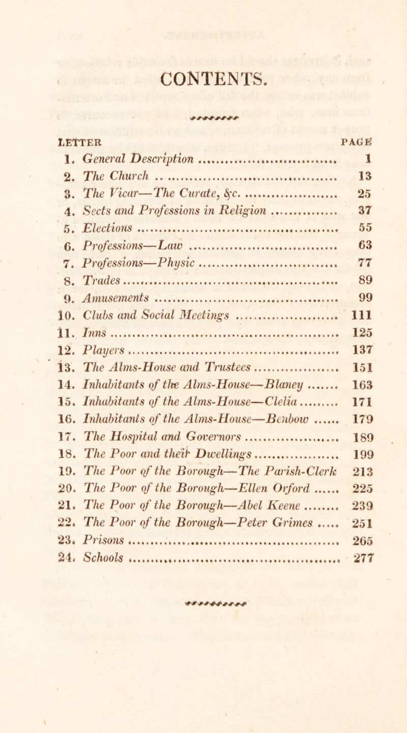 CONTENTS. tETTER PAGE 1. General Description 1 2. The Church 13 3. The Vicar—The Curate, fyc 25 4. Sects and Professions in Religion 37 5. jElections 55 6. Professions—Laiv 63 7. Professions—Physic 77 8. Trades..... 89 9. Amusements 99 10. Clubs and Social Meetings Ill 11. Inns 125 12. Players 137 13. The Alms-House and Trustees 151 14. Inhabitants of tlte Alms-House—Blaney 163 15. Inhabitants of the Alms-House—Clelia 171 16. Inhabitants of the Alms-House—Benbow 179 17. The Hospital and Governors 189 18. The Poor and the it' Dwellings 199 19. The Poor of the Borough—The Parish-Clerk 213 20. The Poor of the Borough—Ellen Orford 225 21. The Poor of the Borough—Abel Keene 239 22. The Poor of the Borough—Peter Grimes 251 23. Prisons 265 24. Schools 277