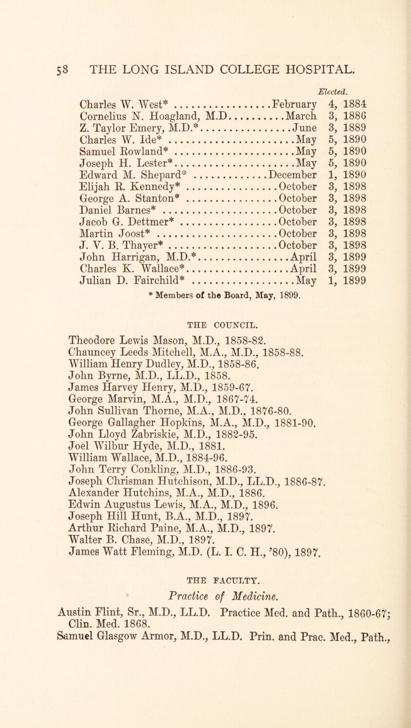 Charles W. AYest* February Cornelius N. Hoagland, M.D March Z. Taylor Emery, June Charles W. Ide* May Samuel Rowland* May Joseph H. Lester* May Edward M. Shepard* December Elijah R. Kennedy* October George A. Stanton* October Daniel Barnes* October Jacob G. Dettmer* October Martin Joost* October J. V. B. Thayer* October John Harrigan, M.D.* April Charles K. Wallace* April Julian D. Fairchild* May * Members of the Board, May, 1899. Elected. 4, 1884 3, 1886 3, 1889 5, 1890 5, 1890 5, 1890 1, 1890 3, 1898 3, 1898 3, 1898 3, 1898 3, 1898 3, 1898 3, 1899 3, 1899 1, 1899 THE COUNCIL. Theodore Lewis Mason, M.D., 1858-82. Chauncey Leeds Mitchell, M.A., M.D., 1858-88. AATlliam Henry Dudley, M.D., 1858-86. John Byrne, M.D., LL.D., 1858. James &rvey Henry, M.D., 1859-67. George Marvin, M.A., M.D., 1867-74. John Sullivan Thorne, M.A., M.D., 1876-80. George Gallagher Hopkins, M.A., M.D., 1881-90. John Lloyd Zabriskie, M.D., 1882-95. Joel Wilbur Hyde, M.D., 1881. AYilliam Wallace, M.D., 1884-96. John Terry Conkling, M.D., 1886-93. Joseph Chrisman Hutchison, M.D., LL.D., 1886-87. Alexander Hutchins, M.A., M.D., 1886. Edwin Augustus Lewis, M.A., M.D., 1896. Joseph Hill Hunt, B.A., M.D., 1897. Arthur Richard Paine, M.A., M.D., 1897. Walter B. Chase, M.D., 1897. James Watt Fleming, M.D. (L. I. C. H., ’80), 1897. THE FACULTY. ^ Practice of Medicine. Austin Flint, Sr., M.D., LL.D. Practice Med. and Path., 1860-67: Clin. Med. 1868. Samuel Glasgow Armor, M.D., LL.D. Prin. and Prac. Med., Path.,