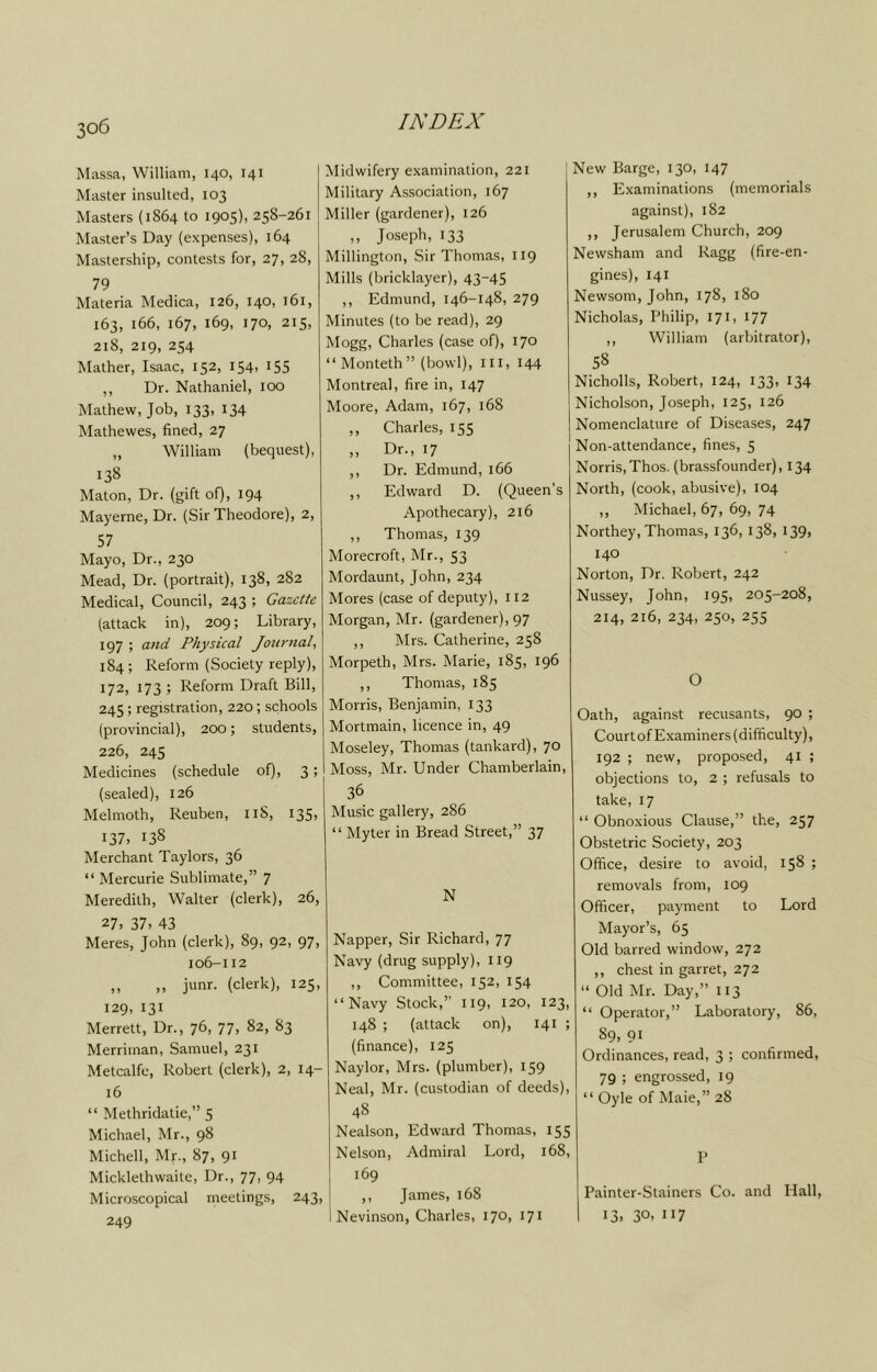 Massa, William, 140, 141 Master insulted, 103 Masters (1864 to 1905), 258-261 Master’s Day (expenses), 164 Mastership, contests for, 27, 28, 79 Materia Medica, 126, 140, 161, 163, 166, 167, 169, 170, 215, 218, 219, 254 Mather, Isaac, 152, 154, i55 ,, Dr. Nathaniel, 100 Mathew, Job, 133, 134 Mathewes, fined, 27 „ William (bequest), Maton, Dr. (gift of), 194 Mayerne, Dr. (Sir Theodore), 2, 57 Mayo, Dr., 230 Mead, Dr. (portrait), 138, 282 Medical, Council, 243 ; Gazette (attack in), 209; Library, 197 ; a7td Physical Journal 184; Reform (Society reply), 172, 173 ; Reform Draft Bill, 245; registration, 220; schools (provincial), 200; students, 226, 245 Medicines (schedule of), 3; (sealed), 126 Melmoth, Reuben, iiS, 135, I37> 138 Merchant Taylors, 36 “ Mercurie Sublimate,” 7 Meredith, Walter (clerk), 26, 27, 37. 43 Meres, John (clerk), 89, 92, 97, 106-112 ,, ,, junr. (clerk), 125, 129, 131 Merrett, Dr., 76, 77. 82, 83 Merrirnan, Samuel, 231 Metcalfe, Robert (clerk), 2, 14- 16 “ Methridatie,” 5 Michael, Mr., 98 Michell, Mr., 87, 91 Micklethwaite, Dr., 77, 94 Microscopical meetings, 243, 249 Midwifery examination, 221 Military Association, 167 Miller (gardener), 126 ,, Joseph, 133 Millington, Sir Thomas, 119 Mills (bricklayer), 43-45 ,, Edmund, 146-148, 279 Minutes (to be read), 29 Mogg, Charles (case of), 170 “INIonteth” (bowl), in, 144 Montreal, fire in, 147 Moore, Adam, 167, 168 ,, Charles, 155 „ Dr., 17 ,, Dr. Edmund, 166 ,, Edward D. (Queen's Apothecary), 216 ,, Thomas, 139 Morecroft, Mr., 53 Mordaunt, John, 234 Mores (case of deputy), 112 Morgan, Mr. (gardener), 97 ,, Mrs. Catherine, 258 Morpeth, Mrs. Marie, 185, 196 ,, Thomas, 185 Morris, Benjamin, 133 Mortmain, licence in, 49 Moseley, Thomas (tankard), 70 Moss, Mr. Under Chamberlain, 36 Music gallery, 286 “ Myter in Bread Street,” 37 N Napper, Sir Richard, 77 Navy (drug supply), 119 ,, Committee, 152, 154 “Navy Stock,” 119, 120, 123, 148 ; (attack on), 141 ; (finance), 125 Naylor, Mrs. (plumber), 159 Neal, Mr. (custodian of deeds), 48 Neal-son, Edward Thomas, 155 Nelson, Admiral Lord, 168, 169 ,, James, 168 Nevinson, Charles, 170, 171 New Barge, 130, 147 ,, Examinations (memorials against), 182 ,, Jerusalem Church, 209 Newsham and Ragg (fire-en- gines), 141 Newsom, John, 178, 180 Nicholas, Philip, 171, 177 ,, William (arbitrator), 58 Nicholls, Robert, 124, 133, 134 Nicholson, Joseph, 125, 126 Nomenclature of Diseases, 247 Non-attendance, fines, 5 Norris, Thos. (brassfounder), 134 North, (cook, abusive), 104 ,, Michael, 67, 69, 74 Northey, Thomas, 136, 138, 139, 140 Norton, Dr. Robert, 242 Nussey, John, 195, 205-208, 214, 216, 234, 250, 255 O Oath, against recusants, 90 ; Court of E.xaminers (difficulty), 192 ; new, proposed, 41 ; objections to, 2 ; refusals to take, 17 “ Obnoxious Clause,” the, 257 Obstetric Society, 203 Office, desire to avoid, 158 ; removals from, 109 Officer, payment to Lord Mayor’s, 65 Old barred window, 272 ,, chest in garret, 272 “ Old Mr. Day,” 113 “ Operator,” Laboratory, 86, 89. 91 Ordinances, read, 3 ; confirmed, 79 ; engrossed, 19 “ Oyle of Maie,” 28 P Painter-Stainers Co. and Hall, I 13. 30. 117