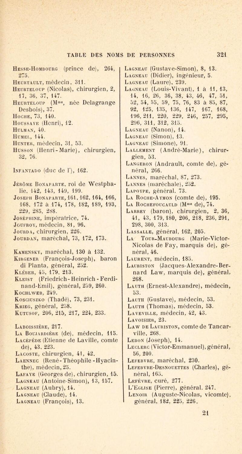 Hesse-Hombourg (prince de), 264, 273. Heurtault, médecin, 311. Heurteloup (Nicolas), chirurgien, 2, 17, 36, 37, 147. Heurteloup (M“®, née Delagrange Desbois), 37. Hoche, 73, 140. Houssaye (Henri), 12. Hulman, 40. Humei,, 144. Hunter, médecin, 31, 53. Husson (Henri - Marie), chirurgien, 32, 76. Infantado (duc de T), 162, Jérôme Bonaparte, roi de Westpha- lie, 142, 143, 149, 199. Joseph Bonaparte, 161,162, 164, 466, 168, 172 à 174, 178, 182, 189, 193, 229, 285, 288. Joséphine, impératrice, 74. JouFROY, médecin, 81, 96. JouRDA, chirurgien, 226. Jourdan, maréchal, 73, 172, 173. Kamensky, maréchal, 130 à 132. Kirgener (François-Joseph), baron di Planta, général, 252. Kléber, 45, 179, 213. Kleist (Friedrich- Heinrich - Ferdi- nand-Èmil), général, 259, 260. Kochlwer, 249. Kosciuszko (Thadé), 73, 231. Krieg, général, 258. Kutusof, 206, 215, 217, 224, 233. Laboissière, 217. La Boujardière (de), médecin, 115. Lacépède (Etienne de Laville, comte de), 43. 223. Lacoste, chirurgien, 41, 42. Laennec (René- Théophile -Hyacin- the), médecin, 25. Lafaye (Georges de), chirurgien, 15. Lagneau (Antoine-Simon), 13, 157. Lagne.au (Aubry), 14. Lagneau (Claude), 14. Lagneau (François), 13. Lagneau (Gustave-Simon), 8, 13. Lagneau (Didier), ingénieur, 5. Lagneau (Laure), 239. Lagneau (Louis-Vivant), 1 à 11, 13, 14, 16, 26, 36, 38, 43, 46, 47, 51, 52, 54, 35, 59, 75, 76, 83 à 85, 87, 92, 125, 135, 136, 147, 167, 168, 196,211, 220, 229, 246, 257, 295, 296, 311, 312, 315. Lagneau (Nanon), 14. Lagneau (Simon), 13. Lagneau (Simone), 91. Lallement (André-Marie), chirur- gien, 53. Langeron (Andrault, comte de), gé- néral, 266. Lannes, maréchal, 87, 273. Lannes (maréchale), 252. Lapoype, général. 73. La Roche-Aymon (comte de), 195. La Rochefoucauld (M^® de), 74. Larrey (baron), chirurgien, 2, 36, 41, 43, 179,180, 206, 218, 236, 291, 298, 300, 313. Lassalle, général, 162, 205. La Tour-Mauboürg (Marie-Victor- Nicolas de Fay, marquis de), gé- néral, 46. Laurent, médecin, 485. Lauriston (Jacques-Alexandre-Ber- nard Law, marquis de), général, 268. Lauth (Ernest-Alexandre), médecin, N» O oo. Lauth (Gustave), médecin, 53. Lauth (Thomas), médecin, 53. Layeville, médecin, 42, 43. Lavoisier, 23. Law de Lauriston, comte de Tancar- ville, 268. Lebon (Joseph), 44. Leclerc (Victor-Emmanuel), général, 56, 200. Lefebvre, maréchal, 230. Lefebvre-Desnouettes (Charles), gé- néral, 165. Lefèvre, curé, 277. L’Eglise (Pierre), général. 247. Lenoir (Auguste-Nicolas, vicomte), général, 182, 225, 226. 21