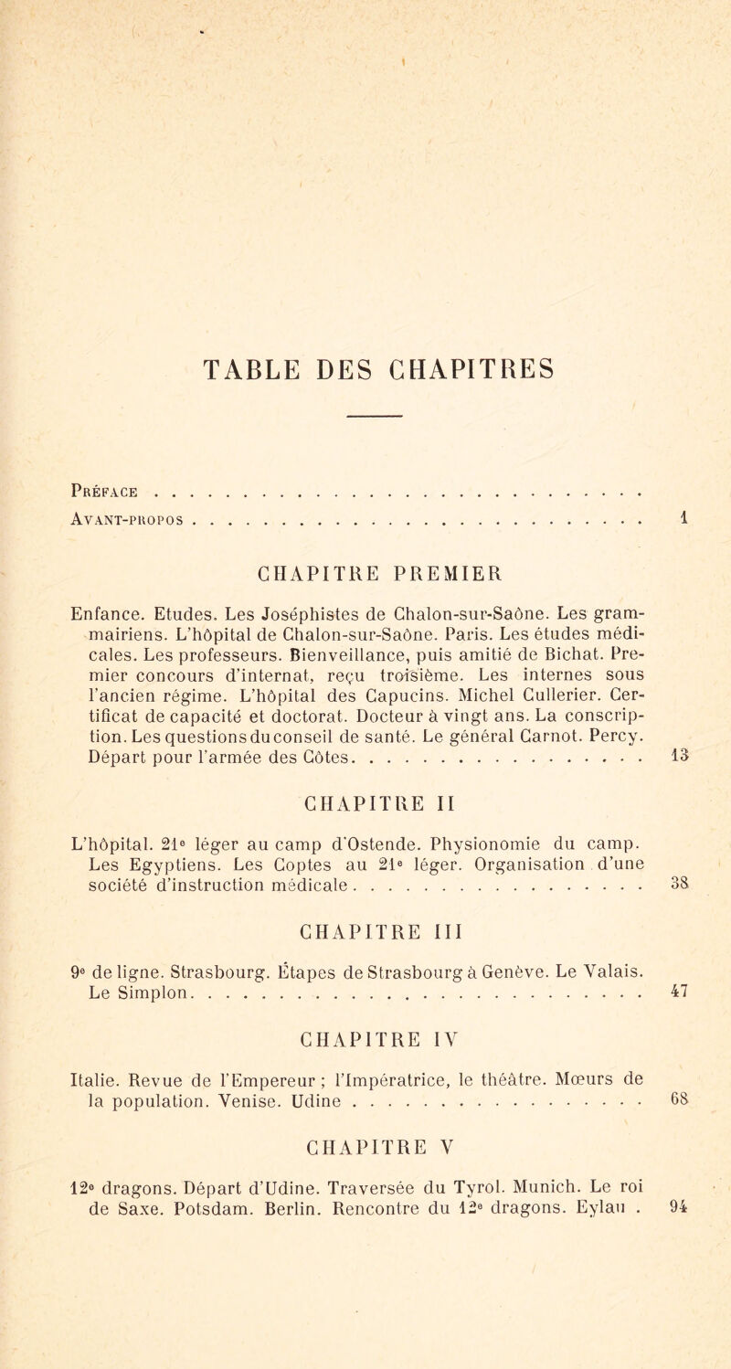 TABLE DES CHAPITRES Préface . . Avant-propos CHAPITRE PREMIER Enfance. Etudes. Les Joséphistes de Chalon-sur-Saône. Les gram- mairiens. L’hôpital de Chalon-sur-Saône. Paris. Les études médi- cales. Les professeurs. Bienveillance, puis amitié de Bichat. Pre- mier concours d’internat, reçu troisième. Les internes sous l’ancien régime. L’hôpital des Capucins. Michel Cullerier. Cer- tificat de capacité et doctorat. Docteur à vingt ans. La conscrip- tion. Les questions du conseil de santé. Le général Carnot. Percy. Départ pour l’armée des Côtes CHAPITRE II L’hôpital. 21® léger au camp d'Ostende. Physionomie du camp. Les Egyptiens. Les Coptes au 21® léger. Organisation d’une société d’instruction médicale CHAPITRE III 9® de ligne. Strasbourg. Étapes de Strasbourg à Genève. Le Valais. Le Simplon CHAPITRE IV Italie. Revue de l’Empereur; l’Impératrice, le théâtre. Moeurs de la population. Venise. Udine CHAPITRE V 12® dragons. Départ d’Udine. Traversée du Tyrol. Munich. Le roi de Saxe. Potsdam. Berlin. Rencontre du 12® dragons. Eylau .