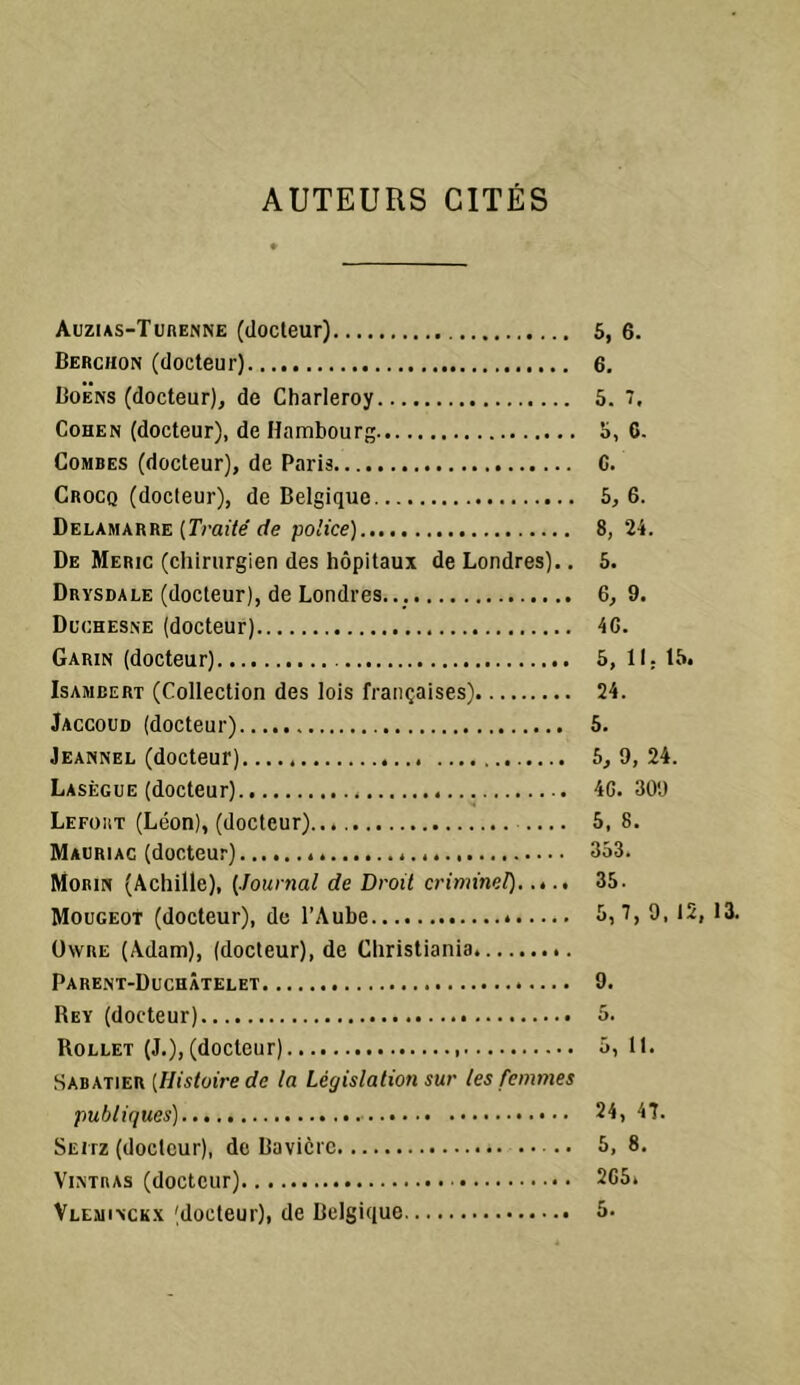 AUTEURS CITÉS Auzias-Turenne (docteur) 5, 6. Berchon (docteur) 6. Boens (docteur), de Charleroy 5. Cohen (docteur), de Hambourg b, C. Combes (docteur), de Paris C. Crocq (docteur), de Belgique 5, 6. Delamarre [Traité de police) 8, 24. De Meric (chirurgien des hôpitaux de Londres).. 5. Drysdale (docteur), de Londres.. . 6, 9. Düchesne (docteur) 40. Garin (docteur) 5, 11. 15. Isambert (Collection des lois françaises) 24. Jaccoud (docteur) 5. Jeannel (docteur) 5, 9, 24. Lasègue (docteur) 4G. 309 Lefoiit (Léon), (docteur),.. 5, 8. Mauriac (docteur) 353. Morin (Achille), (Journal de Droit criminel) 35. Mougeot (docteur), de l’Aube 5,7, 9, 12, 13. Owre (Adam), (docteur), de Christiania Parent-Duchâtelet 9. Rey (docteur) 5. Rollet (J.), (docteur) 5, 11. Sabatier [Histoire de la Législation sur les femmes publiques) 24, 47. Seitz (docteur), de Bavière .. 5, 8. Vintras (docteur) 205. Vleminckx (docteur), de Belgique 5.