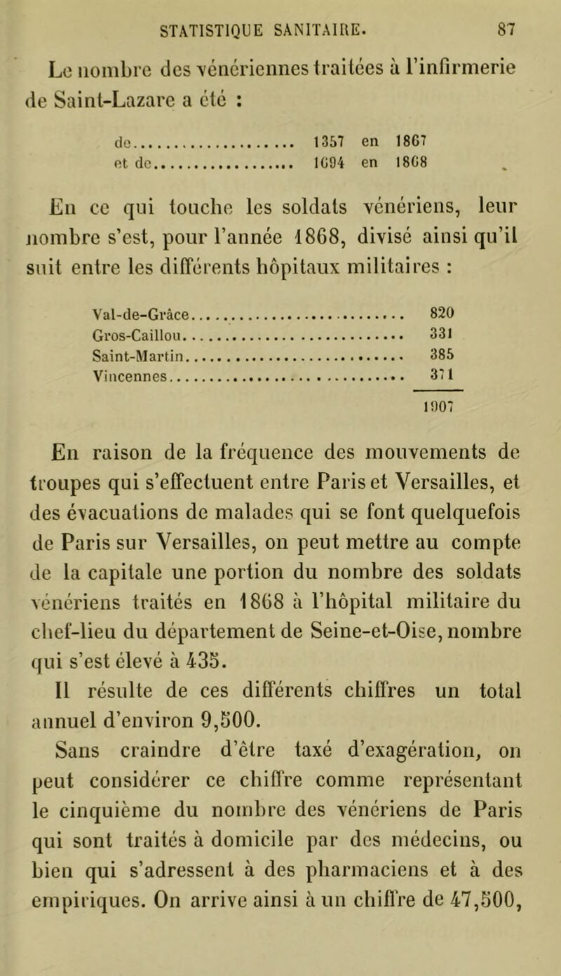 Le nombre des vénériennes traitées à l’infirmerie de Saint-Lazare a été : do 1357 en 1867 et de 1694 en 1868 En ce qui touche les soldats vénériens, leur nombre s’est, pour l’année 1868, divisé ainsi qu’il suit entre les différents hôpitaux militaires : Val-de-Gràce 820 Gros-Caillou 331 Saint-Martin 385 Vincennes 371 1907 En raison de la fréquence des mouvements de troupes qui s’effectuent entre Paris et Versailles, et des évacuations de malades qui se font quelquefois de Paris sur Versailles, on peut mettre au compte de la capitale une portion du nombre des soldats vénériens traités en 1868 à l’hôpital militaire du chef-lieu du département de Seine-et-Oise, nombre qui s’est élevé à 435. Il résulte de ces différents chiffres un total annuel d’environ 9,600. Sans craindre d’être taxé d’exagération, on peut considérer ce chiffre comme représentant le cinquième du nombre des vénériens de Paris qui sont traités à domicile par des médecins, ou bien qui s’adressent à des pharmaciens et à des empiriques. On arrive ainsi à un chiffre de 47,500,