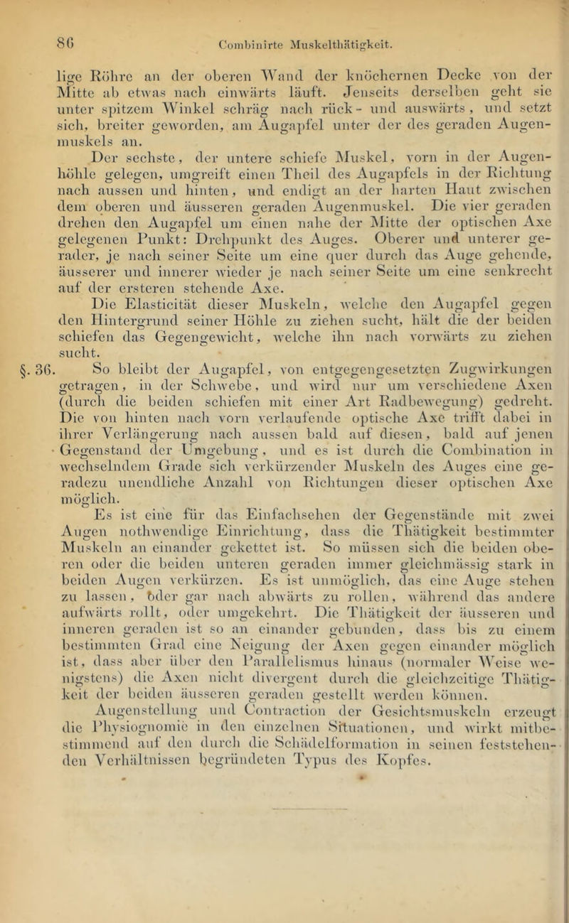 80 Coinbinirte Muskeltliiiti^keit. ligc Röhre an der oberen AVand der hnöchernen Decke von der Mitte ab etwas nacli eiinvärts läuft. Jenseits derselben geht sie unter spitzem Winkel schräg nach rück- und ausAvärts , und setzt sich, breiter geworden, am Augn])lel unter der des geraden Augen- muskels an. Der sechste, der untere scliiefe Aluskel, vorn in der Augen- hölile gelegen, umgreift einen Theil des Augapfels in der Riehtung nach aussen und hinten, und endigt an der harten Haut zwischen dem oberen und äusseren geraden Augenmuskel. Die vier geraden drelien den Augapfel um einen nahe der Alitte der optischen Axe gelegenen Punkt: Drehpunkt des Auges. Oberer und unterer ge- rader, je nach seiner Seite um eine quer durcli das Auge gehende, äusserer und innerer wieder je nach seiner Seite um eine senkrecht auf der ersteren stehende Axe. Die Elasticität dieser JMuskeln, welche den Augapfel gegen den Hintergrund seiner Höhle zu ziehen sucht, hält die der beiden schiefen das Gegengewicht, welche ihn nach vorAvärts zu ziehen sucht. §.36. So bleibt der Augapfel, von entgegengesetzten ZugAvirkungen getragen, in der ScliAvcbc, und Avird nur um verschiedene Axen (durch die beiden schiefen mit einer Art RadbeAvegung) gedreht. Die von hinten nacli vorn verlaufende optische Axe trifi’t dabei in j ilirer Verlängerung nach aussen bald auf diesen, bald auf jenen | • Gegenstand der Umgebung , und es ist durch die Combination in i Avechselndem Grade sich verkürzender Muskeln des Auges eine ge- - radezu unendliche Anzahl von Richtungen dieser optischen Axe | möglich. 1 Es ist eine für das Einfachschen der Gegenstände mit zAvei | Augen notliAvendigc Einrichtung, dass die Thätigkeit bestimmter IMuskcln an einander gekettet ist. So müssen sich die beiden obe- ren oder die beiden unteren geraden immer glcichmässig stark in beiden Augen verKÜrzen. Es ist unmöglich, das eine Auge stellen zu lassen, Oder gar nach abAvärts zu rollen, Avährend das andere aui’Avärts rollt, oder umgckclirt. Die Thätigkeit der äusseren und inneren geraden ist so an einander gebunden, dass bis zu einem l bestimmten Grad eine Neigung der Axen gegen einander möglich ist, dass aber über den Parallclismus liinaus (normaler Weise avc- nigstens) die Axen nicht divergent durch die gleiclizcitigc Thätig- ' keit der beiden äusseren geraden gestellt Averden können. AugensteUung und Contraction der Gcsichtsmuskeln erzeugt die Physiognomie in den einzelnen Situationen, und Avirkt mitbc- stimmend aul den durch die Schädellormation in seinen feststeheu- i den Verhältnissen begründeten Typus des Kopfes.