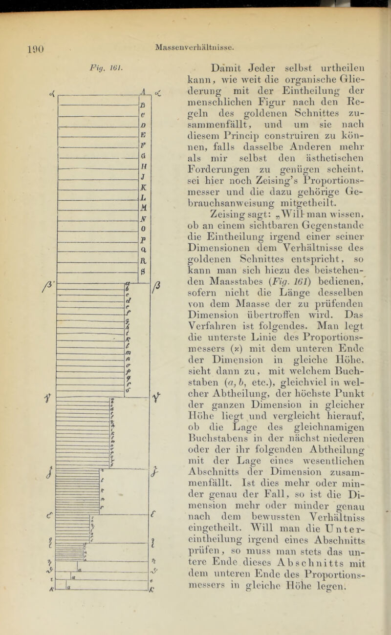 Massenverlinltiiiäse. Fiij. lül. Damit Jeder selbst urtbeilen kann, wie weit die organische Glie- derung mit der Eintheilung der menschliclien Figur nacli den Re- o-eln des sroldenen Schnittes zu- san)mei]fällt, und um sie nach diesem Princip construiren zu kön- nen, falls dasselbe Anderen mehr als mir selbst den ästhetischen Forderunoren zu £;enü<ren scheint, sei hier noch Zeising s Proportions- messer und die dazu gehörige Ge- brauchsanweisung mitgetheilt. Zeising sagt: „AVilfman wissen, üb an einem sichtbaren Gegenstände die Eintheiluno; irgend einer seiner Dimensionen dem Verhältnisse des goldenen Schnittes entspricht, so kann man sich hiezu des beistehen- den Maasstabes {Fig. 161) bedienen, sofern nicht die Länge desselben von dem Maasse der zu prüfenden Dimension übertrofl'en wird. Das Verfahren ist folgendes. Man legt die unterste Linie des Proportions- messers {y.) mit dem unteren Ende der Dimension in gleiche Höhe, sieht dann zu, mit welchem Buch- staben {a, b, etc.), gleichviel in wel- cher Abtheilung, der höchste Punkt der ganzen Dimension in gleicher Höhe liegt und vergleicht hierauf, ob die Lage des gleichnamigen Buchstabens in der nächst niederen oder der ihr folgenden Abtheilung mit der Lage eines wesentliclien Absclinitts der Dimension zusam- menfällt. Ist dies mein- oder min- der genau der Fall, so ist die Di- mension mehr oder minder genau nach dem bcAvussten Verhältniss eingethcilt. Will man dieUnter- cintheilung irgend eines Abschnitts pvülcn, so muss man stets das un- tere Ende dieses Abschnitts mit dem unteren Ende des Proportions- messers in gleiche Höhe legen.