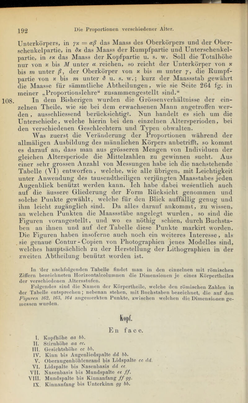 Unterkörpers, in j'x = aß das Maass des Oberkörpers und der Ober- schenkelpartie, in öx das Maass der Runipfpartie und Unterschenkel- partie, in sx das Maass der Kopfpartie u. s. w. Soll die Totalhöhe nur von y. bis M unter a reichen, so reicht der Unterkörper von x bis m unter ß, der Oberkörper von x bis m unter y, die Rumpf- partie von X bis m unter d u. s. w.; kurz der Maassstab gewährt die Maasse für sämmtliche Abtheilungen, wie sie Seite 264 fg. in meiner „Pi’oportionslehre“ zusammengestellt sind.“ In dem Bisherigen wurden die Grössenverhältnisse der ein- zelnen Theile, wie sie bei dem erwachsenen jNIann angetroffen wer- den , ausschliessend berücksichtigt. Nun handelt es sich um die Unterschiede, welche hierin bei den einzelnen xVltersperioden, bei den verschiedenen Geschlechtern und Typen obwalten. Was zuerst die Veränderung der Proportionen während der allmäligen Ausbildung des männlichen Körpers anbetrifft, so kommt es darauf an, dass man aus grösseren Mengen von Individuen der gleichen Altersperiode die Mittelzahlen zu gewinnen sucht. Aus einer sehr grossen Anzahl von Messungen habe icli die nachstehende Tabelle (VI) entworfen, Avelche, wie alle übrigen, mit Leichtigkeit unter Anwendung des tausendtheiligen verjüngten Maasstabes jeden Augenblick benützt werden kann. Ich habe dabei wes’entlich auch auf die äussere Gliederung der Form Rücksicht genommen und solche Punkte gewählt, welche für den Blick auffällig genug und ihm leicht zugänglich sind. Da alles darauf ankommt, zu wissen, an welchen Punkten die IMaassstäbe angelegt wurden , so sind die Figuren vorangcstellt, und wo es nöthig schien, durch Buchsta- ben an ihnen und auf dei* Tabelle diese Punkte markirt worden. Die Figuren haben insoferne auch noch ein weiteres Interesse, als .sie genaue Contur-Copien von Photograplnen jenes Modelles sind, welches hauptsächlich zu der Herstellung der Lithographien in der zweiten Abtheilung benützt worden ist. In 'der naclifol^enden Tabelle findet man in den einzelnen mit römischen Ziffern bezeichneten Horizontalcolumnen die Dimensionen je eines Korpertheiles der verschiedenen Altersstufen. Folgendes sind die Namen der Körpertheile, welche den römischen Zahlen in der Tabelle entsprechen; nebenan stehen, mit lluchstabon bezeichnet, die auf den Figuren /d2, 103, 104 angemerkten Punkte, zwischen welchen die Dimensionen ge- messen wurden. l. li. III. IV. V. VI. VII. VHl. IX En f a c c. Kopfhöhe aa bb. Stirnhöhe aa cc. Gesichtshöhe cc bb. Kinn bis Augenliedspalte dd bb. Oberaugenhöhlenrand bis Lidspalte cc dd. Lidspalte bis Nasenbasis dd ee. Nasenbasis bis Mundspalte cc ff. Mundspaltc bis Kinnanfang ff gg. Kinnanfang bis Unterkinn gg bb.