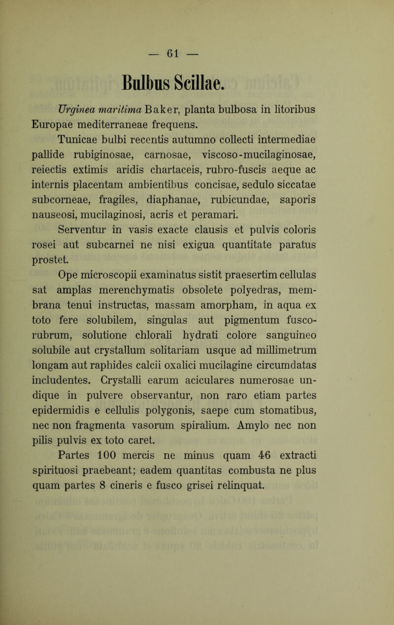 Bulbus Scillae. Urginea maritima Baker, planta bulbosa in litoribus Europae mediterraneae frequens. Tunicae bulbi recentis autumno collecti intermediae pallide rubiginosae, carnosae, viscoso-mucilaginosae, reiectis extimis aridis chartaceis, rubro-fuscis aeque ac internis placentam ambientibus concisae, sedulo siccatae subcorneae, fragiles, diaphanae, rubicundae, saporis nauseosi, mucilaginosi, acris et peramari. Serventur in vasis exacte clausis et pulvis coloris rosei aut subcarnei ne nisi exigua quantitate paratus prostet. Ope microscopii examinatus sistit praesertim cellulas sat amplas merenchymatis obsolete polyedras, mem- brana tenui instructas, massam amorpham, in aqua ex toto fere solubilem, singulas aut pigmentum fusco- rubrum, solutione chlorali hydrati colore sanguineo solubile aut crystallum solitariam usque ad millimetrum longam aut raphides calcii oxalici mucilagine circumdatas includentes. Crystalh earum aciculares numerosae un- dique in pulvere observantur, non raro etiam partes epidermidis e cellulis polygonis, saepe cum stomatibus, nec non fragmenta vasorum spiralium. Amylo nec non pilis pulvis ex toto caret. Partes 100 mercis ne minus quam 46 extracti spirituosi praebeant; eadem quantitas combusta ne plus quam partes 8 cineris e fusco grisei relinquat.