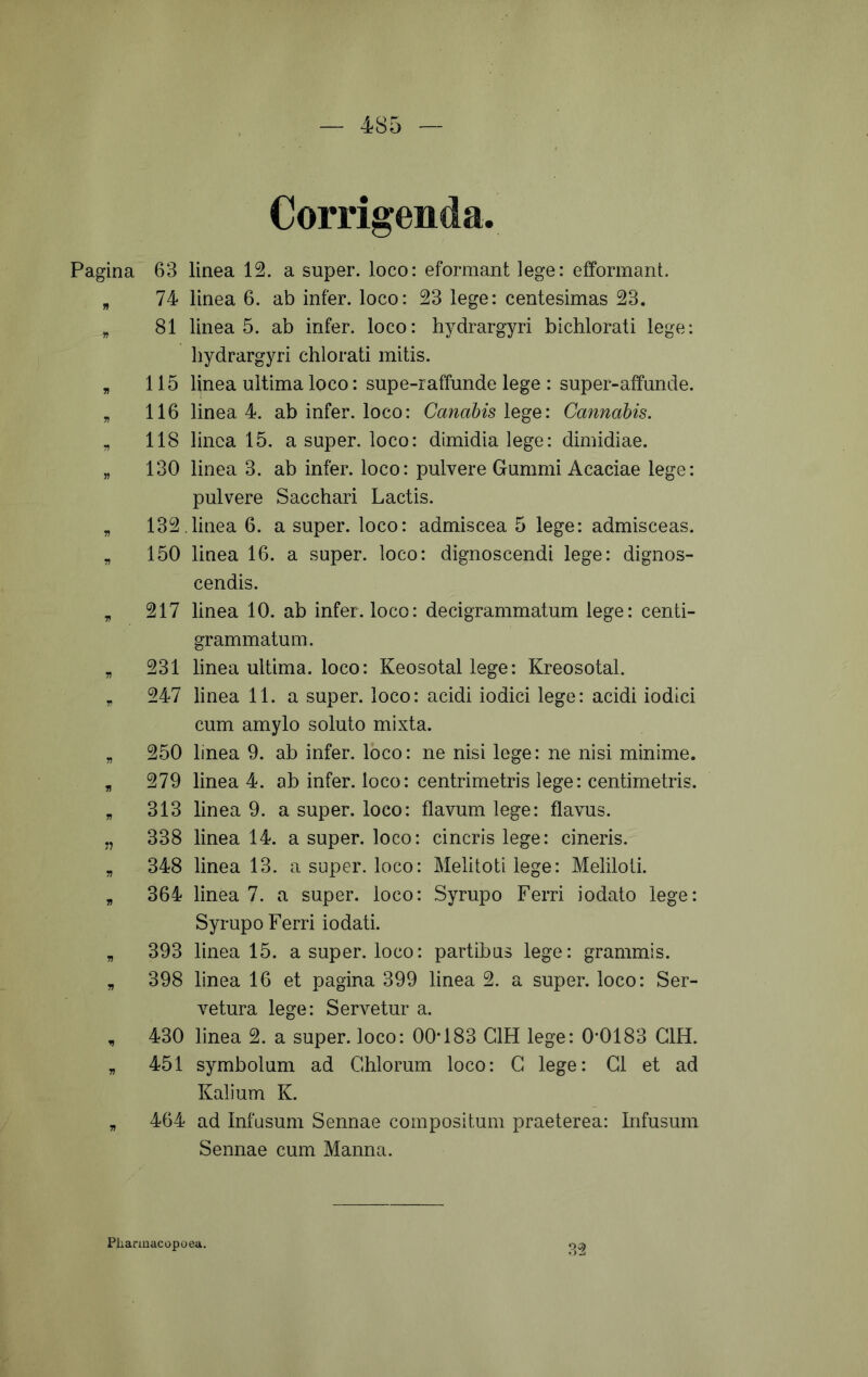 Corrigenda. Pagina 63 linea 12. a super, loco: eformant lege: efformant. „ 74 linea 6. ab infer, loco: 23 lege: centesimas 23. „ 81 linea 5. ab infer, loco: h^^drargyri bichlorati lege: hydrargyri chlorati mitis. „ 115 linea ultima loco: supe-raffunde lege : super-affunde. „ 116 linea 4. ab infer, loco: Canabis Cannabis. „ 118 linea 15. a super, loco: dimidia lege: dimidiae. „ 130 linea 3. ab infer, loco: pulvere Gummi Acaciae lege: pulvere Sacchari Lactis. „ 132.linea 6. a super, loco: admiscea 5 lege: admisceas. „ 150 linea 16. a super, loco: dignoscendi lege: dignos- cendis. ^ 217 linea 10. ab infer, loco: decigrammatum lege: centi- grammatum. „ 231 linea ultima, loco: Keosotal lege: Kreosotal. ^ 247 linea 11. a super, loco: acidi iodici lege: acidi iodici cum amylo soluto mixta. „ 250 linea 9. ab infer, loco: ne nisi lege: ne nisi minime. , 279 linea 4. ab infer, loco: centrimetris lege: centimetris. „ 313 linea 9. a super, loco: flavum lege: flavus. „ 338 linea 14. a super, loco: cineris lege: cineris. „ 348 linea 13. a super, loco: Meliloti lege: Meliloti. „ 364 linea 7. a super, loco: Syrupo Ferri iodato lege: Syrupo Ferri iodati. „ 393 linea 15. a super, loco: partibus lege: grammis. „ 398 linea 16 et pagina 399 linea 2. a super, loco: Ser- vetura lege: Servetur a. , 430 linea 2. a super, loco: 00*183 CIH lege: 0*0183 GIH. „ 451 symbolum ad Chiorum loco: G lege: G1 et ad Kalium K. „ 464 ad Infusum Sennae compositum praeterea: Infusum Sennae cum Manna. 32