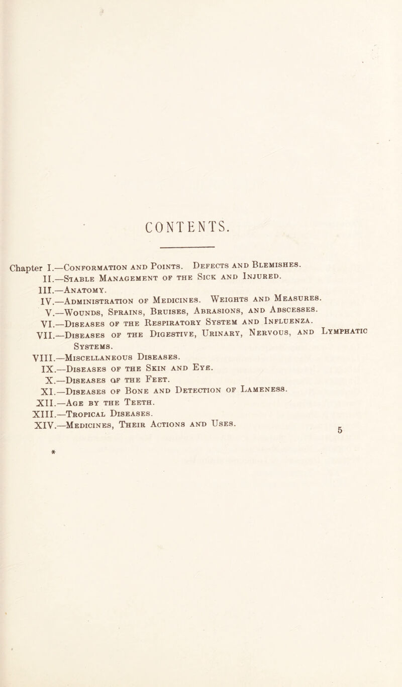 CONTENTS. Chapter I.—Conformation and Points. Defects and Blemishes. II.—Stable Management of the Sick and Injured. III. —Anatomy. IV. —Administration of Medicines. Weights and Measures V.—Wounds, Sprains, Bruises, Abrasions, and Abscesses. VI. Diseases of the Respiratory System and Influenza. VII.—Diseases of the Digestive, Urinary, Nervous, and Systems. VIII.—Miscellaneous Diseases. IX.—Diseases of the Skin and Eye. X.—Diseases qf the Feet. XI.—Diseases of Bone and Detection of Lameness. XII.—Age by the Teeth. XIII. —Tropical Diseases. XIV. —Medicines, Their Actions and Uses. * Lymphatic