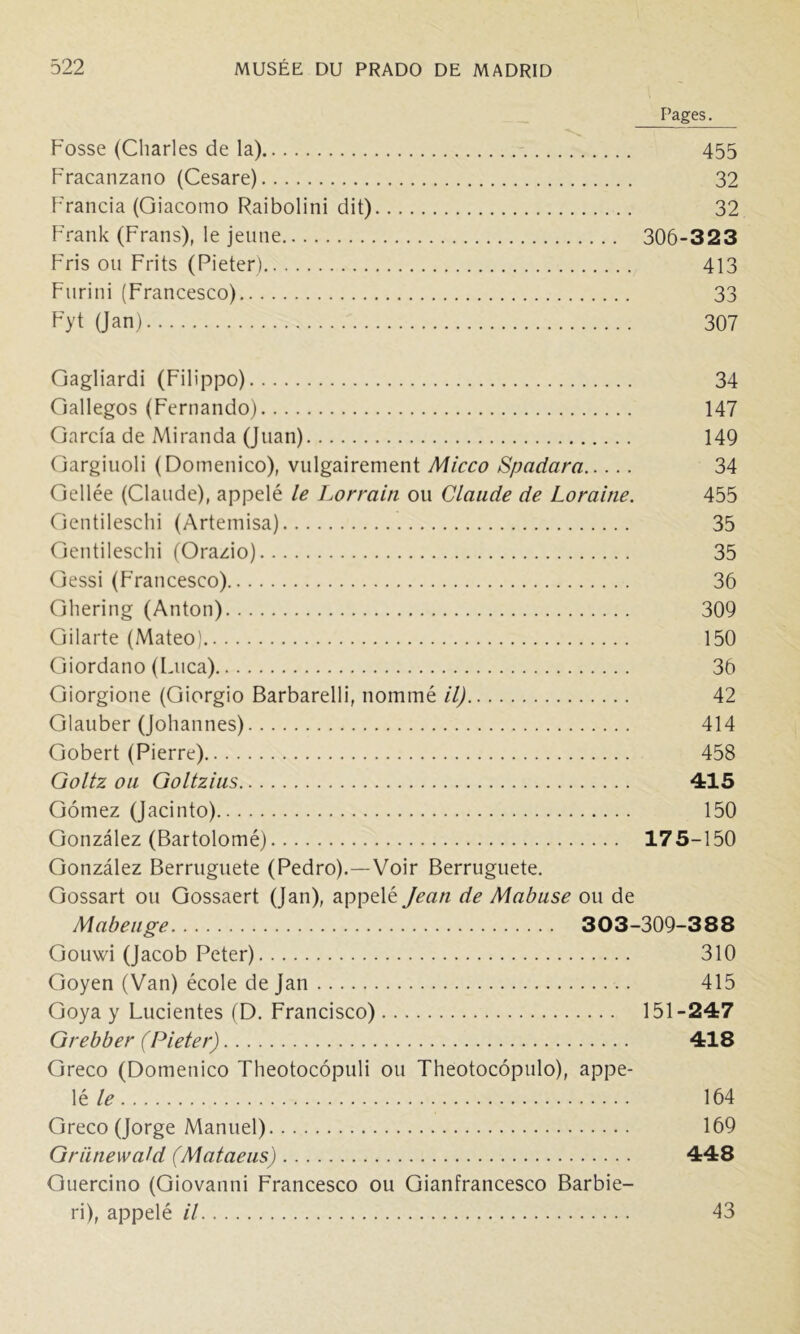 Pages. Fosse (Charles de la) 455 Fracanzano (Cesare) 32 Francia (Giacomo Raibolini dit) 32 Frank (Frans), le jeune 306-323 Fris ou Frits (Pieter) 413 Furini (Francesco) 33 Pyt (Jan) 307 Gagliardi (Filippo) 34 Gallegos (Fernando) 147 Garcia de Miranda (Juan) 149 Gargiuoli (Dornenico), vulgairement Micco Spadara 34 Gellée (Claude), appelé le Lorrain ou Claude de Loraine. 455 Gentileschi (Arteinisa) 35 Gciitileschi fOrazio) 35 Gessi (Francesco) 36 Ghering (Anton) 309 Gilarte (Mateo) 150 Giordano (Luca) 36 Giorgione (Giorgio Barbarelli, nommé il) 42 Glauber (Johannes) 414 Gobert (Pierre) 458 Goltz on Goltziiis 415 Gômez (Jacinto) 150 Gonzalez (Bartolomé) 175-150 Gonzalez Berruguete (Pedro).—Voir Berruguete. Gossart ou Gossaert (Jan), appelé Jean de Mabuse ou de Mabeiige 303-309-388 Gouwi (Jacob Peter) 310 Goyen (Van) école de Jan 415 Goya y Lucientes (D. Francisco) 151-247 Grebber (Pieter) 418 Greco (Dornenico Theotocôpuli ou Theotocôpulo), appe- lé 164 Greco (Jorge Manuel) 169 Griinewald (Mataeiis) 448 Guercino (Giovanni Francesco ou Gianfrancesco Barbié- ri), appelé il 43