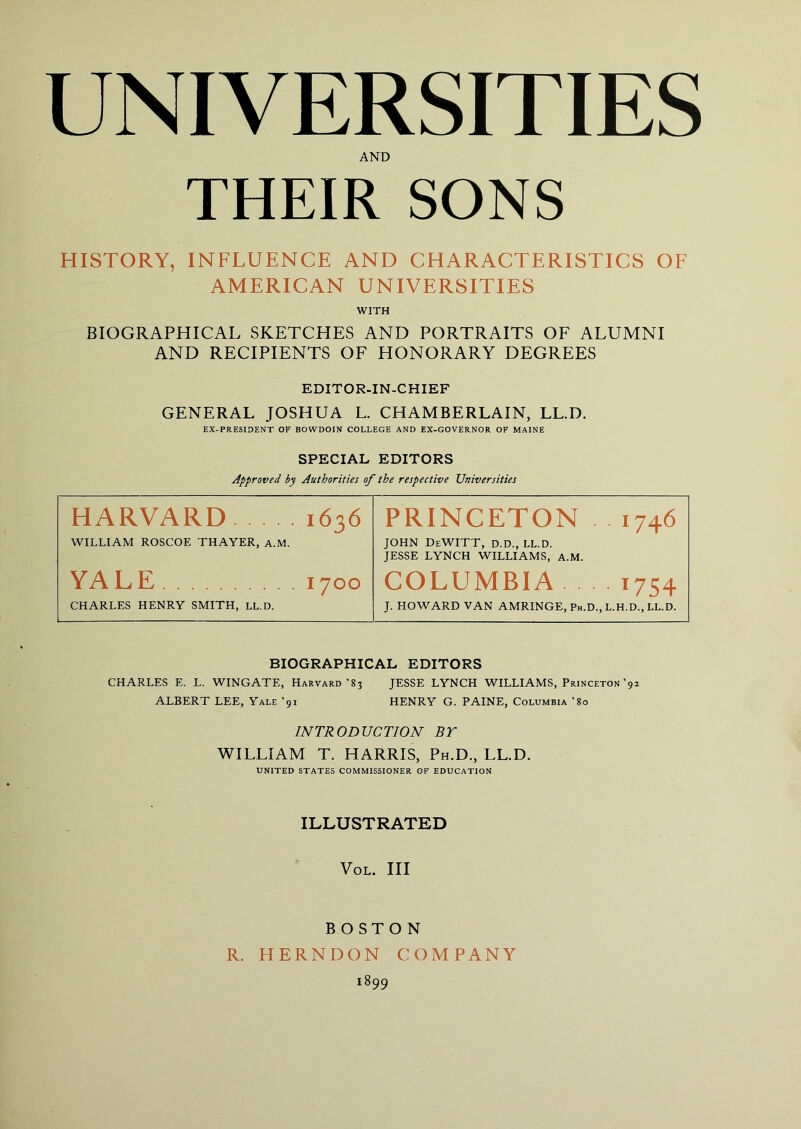 AND THEIR SONS HISTORY, INFLUENCE AND CHARACTERISTICS OF AMERICAN UNIVERSITIES WITH BIOGRAPHICAL SKETCHES AND PORTRAITS OF ALUMNI AND RECIPIENTS OF HONORARY DEGREES EDITOR-IN-CHIEF GENERAL JOSHUA L. CHAMBERLAIN, LL.D. EX-PRESIDENT OF BOWDOIN COLLEGE AND EX-GOVERNOR OF MAINE SPECIAL EDITORS Approved bp Authorities of the respective Universities HARVARD 1636 PRINCETON 1746 WILLIAM ROSCOE THAYER, A.M. JOHN DeWITT, D.D., LL.D. JESSE LYNCH WILLIAMS, A.M. YA L E 1700 COLUMBIA . . 1754 CHARLES HENRY SMITH, LL.D. J. HOWARD VAN AMRINGE, Ph.D., L.H.D., LL.D. BIOGRAPHICAL EDITORS CHARLES E. L. WINGATE, Harvard’83 JESSE LYNCH WILLIAMS, Princeton’92 ALBERT LEE, Yale ’91 HENRY G. PAINE, Columbia ’80 INTRODUCTION BT WILLIAM T. HARRIS, Ph.D., LL.D. UNITED STATES COMMISSIONER OF EDUCATION ILLUSTRATED VOL. Ill BOSTON R. HERNDON COMPANY i899