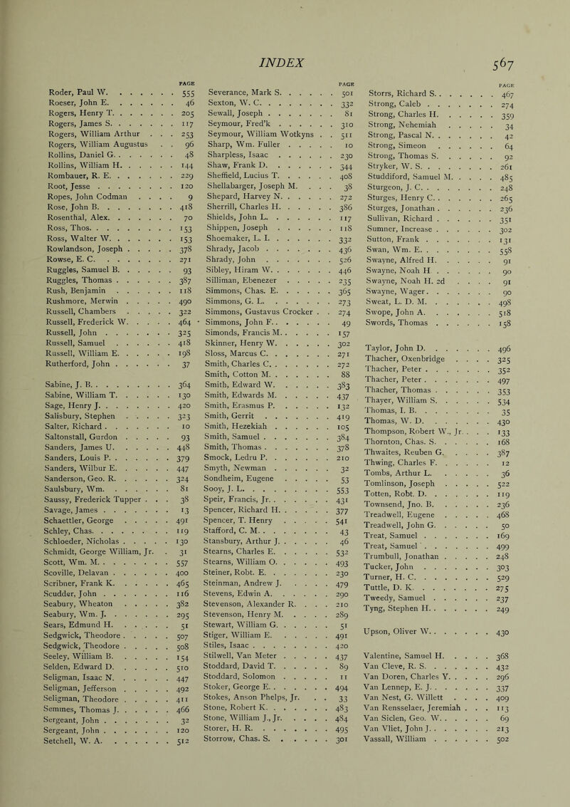 Roder, Paul W. . . . Roeser, John E. . . . Rogers, Henry T. . . . Rogers, James S. . . . Rogers, William Arthur Rogers, William Augustus Rollins, Daniel G. . . . Rollins, William H. . . Rombauer, R. E. . . . Root, Jesse Ropes, John Codman Rose, John B Rosenthal, Alex. . . . Ross, Thos Ross, Walter W. ... Rowlandson, Joseph . . , Rowse, E. C Ruggles, Samuel B. . . , Ruggles, Thomas . . . . Rush, Benjamin . . . . Rushmore, Merwin . . . Russell, Chambers . . , Russell, Frederick W. . . Russell, John Russell, Samuel . . . . Russell, William E. . . . Rutherford, John . . . . PAGE sss 46 205 II7 253 96 48 144 229 120 9 418 70 153 153 378 271 93 387 118 490 322 464 325 418 198 37 Sabine, J. B 364 Sabine, William T 130 Sage, Henry J 420 Salisbury, Stephen ..... 323 Salter, Richard 10 Saltonstall, Gurdon 93 Sanders, James U 448 Sanders, Louis P 379 Sanders, Wilbur E 447 Sanderson, Geo. R 324 Saulsbury, Wm 81 Saussy, Frederick Tupper ... 38 Savage, James 13 Schaettler, George 491 Schley, Chas 119 Schloeder, Nicholas 130 Schmidt, George William, Jr. . 31 Scott, Wm. M 557 Scoville, Delavan 400 Scribner, Frank K 465 Scudder, John 116 Seabury, Wheaton 382 Seabury, Wm. J. 295 Sears, Edmund H. ..... 51 Sedgwick, Theodore 507 Sedgwick, Theodore 508 Seeley, William B 1^4 Selden, Edward D 510 Seligman, Isaac N 447 Seligman, Jefferson 492 Seligman, Theodore 411 Semmes, Thomas J 466 Sergeant, John 32 Sergeant, John . 120 Setchell, W. A 512 PAGE Severance, Mark S 501 Sexton, W. C 332 Sewall, Joseph 81 Seymour, Fred’k 310 Seymour, William Wotkyns . . 511 Sharp, Wm. Fuller 10 Sharpless, Isaac 230 Shaw, Frank D J44 Sheffield, Lucius T 408 Shellabarger, Joseph M. ... 38 Shepard, Harvey N 272 Sherrill, Charles H 386 Shields, John L 117 Shippen, Joseph 118 Shoemaker, L. 1 332 Shrady, Jacob 436 Shrady, John 526 Sibley, Hiram W 446 Silliman, Ebenezer 235 Simmons, Chas. E 365 Simmons, G. L 273 Simmons, Gustavus Crocker . . 274 Simmons, John F 49 Simonds, Francis M 157 Skinner, Henry W 302 Sloss, Marcus C 271 Smith, Charles C 272 Smith, Cotton M 88 Smith, Edward W 383 Smith, Edwards M 437 Smith, Erasmus P 132 Smith, Gerrit 419 Smith, Hezekiah 105 Smith, Samuel 384 Smith, Thomas . 378 Smock, Ledru P 210 Smyth, Newman 32 Sondheim, Eugene 53 Sooy, J. L 553 Speir, Francis, Jr 431 Spencer, Richard H 377 Spencer, T. Henry 541 Stafford, C. M 43 Stansbury, Arthur J 46 Stearns, Charles E 532 Stearns, William 0 493 Steiner, Robt. E 230 Steinman, Andrew J 479 Stevens, Edwin A 290 Stevenson, Alexander R. . . . 210 Stevenson, Henry M 289 Stewart, William G 51 Stiger, William E 491 Stiles, Isaac 420 Stilwell, Van Meter 437 Stoddard, David T 89 Stoddard, Solomon ii Stoker, George E 494 Stokes, Anson Phelps, Jr. . . 33 Stone, Robert K 483 Stone, William J., Jr 484 Storer, H. R 495 Storrow, Chas. S 301 Storrs, Richard S 467 Strong, Caleb 274 Strong, Charles H, Strong, Nehemiah Strong, Pascal N. Strong, Simeon 64 Strong, Thomas S 92 Stryker, W. S 261 Studdiford, Samuel M 485 Sturgeon, J. C 248 Sturges, Henry C 265 Sturges, Jonathan 236 Sullivan, Richard 351 Sumner, Increase 302 Sutton, Frank . 131 Swan, Wm. E 558 Swayne, Alfred H 91 Swayne, Noah H 90 Swayne, Noah H. 2d .... 91 Swayne, Wager 90 Sweat, L. D. M 498 Swope, John A 518 Swords, Thomas 158 Taylor, John D 496 Thacher, Oxenbridge .... 325 Thacher, Peter 352 Thacher, Peter 497 Thacher, Thomas 353 Thayer, William S 534 Thomas, I. B 35 Thomas, W. D 430 Thompson, Robert W., Jr. . . . 133 Thornton, Chas. S 168 Thwaites, Reuben G 387 Thwing, Charles F. . . . . . 12 Tombs, Arthur L 36 Tomlinson, Joseph 522 Totten, Robt. D 119 Townsend, Jno. B 236 Treadwell, Eugene 468 Treadwell, John G 50 Treat, Samuel 169 Treat, Samuel ' 499 Trumbull, Jonathan 248 Tucker, John 303 Turner, H. C 529 Tuttle, D. K 275 Tweedy, Samuel 237 Tyng, Stephen H 249 Upson, Oliver W 430 Valentine, Samuel H 368 Van Cleve, R. S 432 Van Doren, Charles Y 296 Van Lennep, E. J 337 Van Nest, G. Willett .... 409 Van Rensselaer, Jeremiah . . . 113 Van Siclen, Geo. W 69 Van Vliet, John J 213 Vassall, William 502