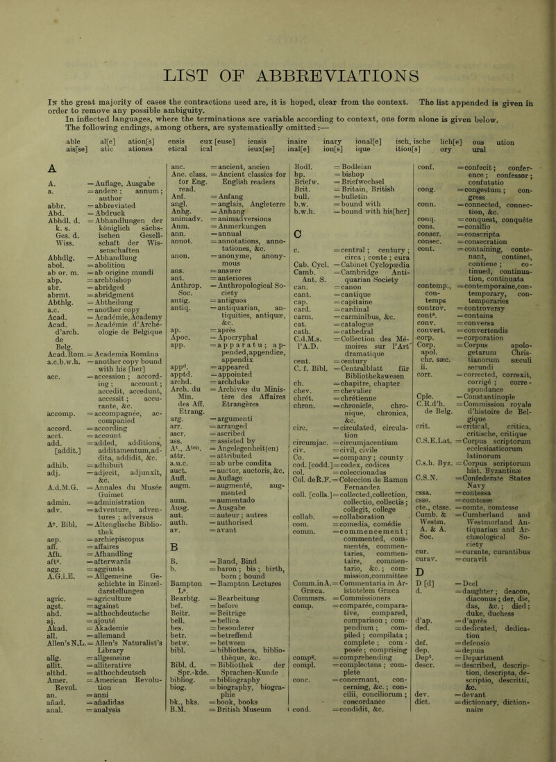 LIST OF ABBREVIATIONS In the great majority of cases the contractions used are, it is hoped, clear from the context. The list appended is given in order to remove any possible ambiguity. In inflected languages, where the terminations are variable according to context, one form alone is given below. The following endings, among others, are systematically omitted:— able al[e] ation[s] ais[se] atic ationes ensis eux [euse] iensis inaire inary ionalfe] etical ical ieux[se] inal[e] ion[s] ique isch, ische lich[e] ous ution ition[s] ory ural A A. = Auflage, Ausgabe a. = andere ; annum; abbr. author = abbreviated Abd. = Abdruck Abhdl. d. = Abhandlungen der k. s. koniglich sachs- Ges. d. ischen Gesell- Wiss. schaft der Wis- Abhdlg. senschaften = Abhandlung abol. = abolition ab or. m. = ab origine mundi abp. = archbishop abr. = abridged abrmt. = abridgment Abthlg. = Abtheilung a.c. = another copy Acad. = Academie, Academy = Academic d’Arche- Acad. d’arch. ologie de Belgique de Belg. Acad. Rom. . = Academia Romana a.c.b.w.h. = another copy bound acc. with his [her] = accession ; accord- accomp. ing ; account; accedit, accedunt, accessit; accu- rante, &c. = accompagnee, ac- accord. companied = according acct. = account add. = added, additions, [addit.] additamentum,ad- adhib. dita, addidit, &c. = adhibuit adj. = adjecit, adjunxit, A.d.M.G. &c. = Annales du Mus6e admin. Guimet = administration adv. = adventure, adven- Ae. Bibl. tures ; adversus = Altenglische Biblio- aep. thek = archiepiscopus aff. = affaires Afh. = Afhandling aft8. = afterwards agg- = aggiunta A.G.i.E. = Allgemeine Ge- agric. schichte in Einzel- darstellungen = agriculture agst. = against ahd. = althochdeutsche aj. = ajout6 Akad. = Akademie all. = allemand Allen’s N,L . = Allen’s Naturalist’s allg. Library = allgemeine allit. = alliterative althd. = althochdeutsch Amer. = American Revolu- Revol. tion an. = anni anad. = anadidas anal. = analysis anc. = ancient, ancien Bodl. = Bodleian Anc. class. = Ancient classics for bp. = bishop for Eng. English readers Briefw. = Briefwechsel read. Brit. = Britain, British Anf. = Anfang bull. = bulletin angl. = anglais, Angleterre b.w. — bound with Anhg. =Anhang b.w.h. = bound with his[her] animadv. Anm. ann. = animadversions = Anmerkungen = annual c annot. = annotations, anno- tations, &c. c. = central; century ; anon. = anonyme, anony- circa ; conte ; cura mous Cab. Cycl. = Cabinet Cyclopaedia ans. = answer Camb. = Cambridge Anti- ant. = anteriores Ant. S. quarian Society Anthrop. = Anthropological So- can. = canon Soc. ciety cant. = c antique antig. = antiguos cap. = capitaine antiq. = antiquarian, an- card. = cardinal tiquities, antiquae, carm. = carminibus, &c. &c. cat. = catalogue ap. = apres cath. = cathedral Apoc. = Apocryphal C.d.M.s. = Collection des M6- app. = apparatu; ap- pended, apgendice, appendix 1’A.D. moires sur l’Art cent. dramatique =century appd. = appeared C. f. Bibl. = Centralblatt fiir apptd. = appointed Bibliothekswesen archd. = archduke ch. = chapitre, chapter Arch, du = Archives du Minis- chev. = chevalier Min. ter des Affaires chr^t. = chretienne des Aff. Etrangeres chron. =chronicle, chro- Etrang. = argumenti nique, chronica, arg. &c. arr. = arranged circ. = circulated, circula- ascr. = ascribed tion ass. = assisted by cireumiac. = circumj acentium A‘., Aten. = Angelegenheit(en) civ. = civil, civile attr. = attributed Co. = company; county a.u.c. = ab urbe condita cod. [codd.' = codex, codices auct. = auctor, auctoris, &c. col. = coleccionadas Aufl. = Auflage Col. deR.F. = Coleccion de Ramon augm. = augments, aug- Fernandez mented coll, [colls/ = collected,collection, aum. = aumentado collectio, collectis; Ausg. = Ausgabe collegit, college aut. = auteur ; autres = authorised collab. = collaboration auth. com. = comedia, comedie av. —avant comm. = commencement; B B. = Band, Bind commented, com- ments, commen- taries, commen- taire, eommen- b. = baron; bis; birth, tario, &c.; com- B amp ton born ; bound = B amp ton Lectures Comm.inA. mission,committee = Commentaria in Ar- L8. Graeca. istotelem Grseca Bearbtg. = Bearbeitung Conunsrs. = Commissioners bef. = before comp. = compare, compara- Beitr. = Beitrage tive, compared, bell. =bellica comparison ; com- bes. = besonderer pendium ; com- betr. = betreffend piled ; compilata ; betw. = between complete ; com - bibl. = bibliotheca, biblio- posde; comprising theque, &c. comp*. = comprehending Bibl. d. = Bibliothek der compl. = eomplectens ; com- Spr.-kde Sprachen- Kunde plete bibliog. = bibliography cone. = concernant, con- biog. = biography, biogra- cerning, &c.; con- cilii, conciliorum ; concordance bk., bks. phie = book, books B.M. = British Museum i cond. = condidit, &c. conf. =confecit; confer- ence ; confessor; confutatio cong. = congestum; con- gress conn. = connected, connec- tion, &c. conq. = conquest, conquete cons. = consilio conscr. = conscripta consec. = consecration cont. = containing, conte- nant, continet, contiene ; co- tinued, continua- tion, continuata = contemporaine,con- contemp., con- temporary, con- temps temporaries controv. = controversy cont8. = contains conv. = con versa convert. = convertendis -corp. = corporation Corp. = Corpus apolo- apol. getarum Chris- chr. saec. tianorum saeculi ii. secundi corr. = corrected, correxit, corrige ; corre - spondance Cple. = Constantinople C.R.d’h. = Commission royale de Belg. d’histoire de Bel- gique crit. = critical, critica, critische, critique C.S.E.Lat. = Corpus scriptorum ecclesiasticorum latinorum C.s.h. Byz. = Corpus scriptorum hist. Byzantinae C.S.N. = Confederate States Navy css a. = contessa esse. =comtesse cte., ctsse. = comte, comtesse Cumb. & = Cumberland and Westm. Westmorland An- A. & A. tiquarian and Ar- Soc. chaeological So- ciety cur. = eurante, curantibus curav. = curavit D D[d] = Deel d. = daughter; deacon, diaconus ; der, die, das, &c.; died; duke, duchess d’ap. = d’apres ded. = dedicated, dedica- tion def. = defensio dep. = depuis Deph = Department descr. = described, descrip- tion, descripta, de- scriptio, descritti, &c. dev. = devant diet. = dictionary, diction- naire