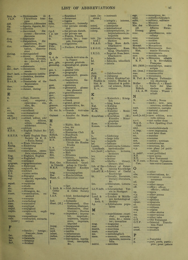 Diet, de l’A.F. diff. dig. dir. disc. disp. disq. diss. disting. div. diz. doc., doc8. Doc8, ined. doct. don. D. o.t.R. dsse. dur. E E. e. ec. ecc. eccles. econ. ed. [ed.] edd. E.D.S. E.E.T.S. E.G. Einltg. einz. emend. Eng. Engl. enl. epigram. Episc. epist. erkl. E.S. Esp. esp. esp an. 6t. etc. etr. exam. exc. excls. exec. expl. expld. explic. expos. extr. [extrs.] F f. fac. facs. fer. find. LIST OF ABBREVIATIONS xi = Dictionnaire de l’Acad^mie fran- gaise : different, difterentes digesta, digestse, &c. : direction = discovered, dis- covery ; discursus, discourse : disputatio = disquisition, dis- quisitiones, &c. = dissertatio, disser- tation, disserta- zioni = distinguished = divers, diversas, diverses, diversis, &c. ; divided, divi- sion = dizionario = document, docu- ments = Documents in^dits = doctrina, doctrine = donata = Dramatists of the Restoration = duchesse = durant, during East, Eastern earl, emperor; episcopus; ein, eine, &c. eccetera =eccellenti =ecclesiastical =economy = edited, editor, edi- tion, edition, editio, editione, ediderunt = editors = English Dialect So- ciety = Early English Text Society [& E. S. = Extra Series] = Etats Generaux = Einleitung = einzigen =emendatur, emen- data, emendatione. = England, English = Englished =enlarged = epigrammatum = Episcopal =epistola, &c. = erklart = extra series = Espagne =especial, especially, esposto = espanolas = etude =etcetera = etrangers, &c. = examination, ex- amined =exceptis = excluding = executive — explique = explained =explicavit, expli- catio =expositione = extracted, extracts, extrait =family ; foreign ; frangais ; from = faculte =facsimile = feruntur = finished fl. = flourished flor. = floruerunt fog. =f ogata form. =formavit; formerly f.p.c. =for private circula- tion f.p.d. =for private distrib. f. p. use =for private use Fr. = France, French fr. =fratris, &c. ; fran- gais, frangaise fragma. =fragmenta- Frhr., I = Freiherr, Freiherrn Frhrn. j ’ Gr G. 6. de = Grands 6crivains de la F. la France gen., gen. = general, g6n6rale genealog. = genealogical, genea- logist gen. t. = general title geogr. = geography gesamm. = gesammelt, gesam- melte Gesch. = Geschichte, Ge- schiedenis gest. = gestorum gloss. =glossariaI, glossa- ries, glossaire gouv. =gouvernement gov. =governo govt. = government Gr. = Greek gr- =grand, great gramm. = grammatica, &c. grav8. =gravures Gr. 6cr. fr. = Grands ecrivains franpais Guimet H = Annales du Musee Guimet H. = Halfte, Heft h. = her, his hab. = habita H.C. = Hunterian Club Hdbch. = Handbuch hdbk. =handbook H.E. = Bibliotheque de l’ecole des Hautes Etudes h. e. = hoc est heut. = heutigen Hft. = Heft Hib. = Hibernia hist. = history, histoire, historische, &c. Hist. Gez. = Historisch Gezel- te Utrecht schap te Utrecht H.K.S. = Hanserd Knollys Society hrsg. =herausgegeben Hss. =Handschriften Hunt. C. = Hunterian Club I i. =iljre I. Arch. & = Irish Archaeological Celtic & Celtic Society Soc. I.A.S. = Irish Archaeological Society Icel. = Icelandic illust. [ill.] = illustrated, illus- trations, illustrant, illustrative, illus- trazione ; illustres imp. = imperfect; impera- tor, imperiale ; imprenta, impres- sions, impressis, imprime inaug. = inaugurates incl. =including ined. =in<idits inlust. =inlustratum insbes. = insbesondere inscr. = inscription, inscrip- tions, inscriptus, &c. instr. [in- = instruxit strux.l int. =integris ; interno, intorno interj. = inter]ectis internat. = international i nterp. = interpretatione, in- terpretationem,in- terprets intr. [in- =introducing, intro- trod.] duction I.R.A.O. = Imp. Russ. Arch. Obschestvo I.R.G.O. =Imperat. Russ. Geog. Obschestvo I.R.I.O. = Imperat. Russ.Istor. Obschestvo I8. = Islands Isl. = Islenzka, islandisch ist. = istoria J Jhdt. = Jahrhundert Jhrg. =Jahrgang J. H. U. = Johns HopkinsUni- Studies in versity. Studies in hist. & historical & politi- polit. sc. cal science, Extra E. v. volume K K. = Kaiserlich ; Konig- lich = king, kotet k. Kat. = Katalog kgdm. = kingdom K.-M. = Kiinstler - Mono- graphien Knackfuss = Knackfuss (H.) Kiinstler - Mono- graphien Kom. = Komedie Komm. = Kommentar L L. = Lieferung lafol. = large folio laq. = laquelle lat. = latinam Latein. = Lateinische Littera- Littdkmlr turdenkmaler lect.[lect8.] =lecture, lectures, lectiones lex. = lexicon lez. = lezione lib. — libellis ; library, libraire; libri Lib. of En-=Library of Enter- tert. K. taming Knowledge Lib.ofU.K. = Library of Useful Knowledge lit. = literally, literature, literary, literatura, &c. litt. =litterature, Littera- tur Lit.V.inSt. = Literarischer Ver- ein in Stuttgart livr. =livraison Lond. & = London & Middle- Mid. sex Archaeological Arch. S. Society Lp. = Literatures popu- lates M m. = marchioness ; mare- chal; marquis ; mein, &c.; minis- ter ; monachus mag. = magazine mar. =marechal march. =marchesa mart. =martyris me. =mittelenglisch mem. = memoir, memoire, memorie, memora- bilia m6rid. = m6ridien mgr. = monsignor, &c. mhd. = mittelhochdeutsch milit. = military, militaire Min. = Ministre Min. des = Ministere des Aff. Affaires Etran- Etrang. geres misc. = miscellaneous, mis- cellany mise. = marquise mod. = modern mon. = monachus Monast. = Monasticon Mon.Germ. = Monumenta Ger- Hist. manise Historica mons. = monuments mor. =morale, morales M. r. a la =M6moires r^latifs R. F. a la Revolution Frangaise MS. [MSS.] = manuscript, manu- scripts ms. [mss.] = manuscrit[s] mso. = manuscritto mts. = mountains M. Tud. A. = Magyar Tudom&n- yos Akademia Muller = Muller (I. v.) Hand- (i. y.) buch der klas- Hdbch. sischen Alter- d.k. A.-W. thums - Wissen - schaft N N. = North; Nozze n. = nach; new, neu, nouveau; northern narr. = narrative, narratio nat. = natural, naturel n.d. = no date n.ed.[n.ed.] = new edition, nou- velle edition n.e.t. = not earlier than New S. Club = New Spalding Club nhd. =neuhochdeutsch n. imp. = new impression n.l.t. = not later than no. = number nom. =nomine not. = notice ; notitiam notat. = notationibus nouv. =nouveau, &c. n.p. =no place [of publi- cation] n. pubR = not published N.S. = new series N.T. = New Testament N. T. extr. = Novum Testamen- Can. tum extra Canonem 0 0. =other obs. = observations, &c. occ. = occasion ; occorso occurrunt od. = oder o.e. = other essays off. = office ; officer, officier ; official op. =opera o.p. = other poems opl. = oplage opt. = optimus opusc. = opuscula or. = orationes ord. = ordinem orig. = origine o.s. = other stories OSS. = osservazione o.t. = other tales O.T. = 01d Testament O.T.F. = Oriental Transla- tion Fund ouvr. = ouvrage overf. = overfort p p = Pamphlet p- = part, parts, partie ; pere ; pour ; prince