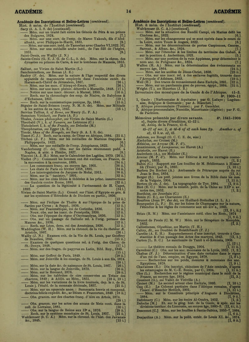 Academie des Inscriptions et Belles-Lettres [continued]. Hist. & mem. de l’lnstitut [continued], Sacy (b. A. I. S. de) [continued]. Mem. sur un traite fait entre les G4nois de Pera & un prince des Bulgares, 1824. [7.] Mem. sur une corr. de Pemp. de Maroc Yakoub, fils d’Abd- alhakk, avec Philippe-le-Hardi, 1831. [9.] Mem. sur une corr. in6d. de Tamerlan avec Charles VI,1822. [6]. Mem. sur une medaille arabe ined., de Pan 525 de 1’hegire, 1831. [9.] Saint-Denis, see Wailly (J. N.) Sainte-Croix (G. E. J. G. de C.-L., b. de). M4m. sur la chron. des dynastes ou princes de Carie, & sur le tombeau de Mausole, 1815. [2.] Sallust, see Vivien de Saint Martin (L.) Sanchoniathon, see Renan (J. E.) Saulcy (F. de). Mem. sur la nature & Page respectif des divers appareils de magonnerie employes dans l’enceinte exter. du Haram-ech-Cherif de Jerusalem, 1867. [26 i.] Mem. sur les mon. d’Aaraq-el-Emyr, 1867. [26 i.] ■ Mem. sur une inscr. phenic. deterr^e a Marseille, 1848. [17 i.] Notice sur une inscr. decouv. a Marsal, 1850. [16 ii.] Rech. sur la cbronologie des emp. de Ninive, de Babylone & d’Ecbatane, 1851. [19 i.] Rech. sur la numismatique punique, 2p, 1845. [15 ii.] Siguier de Saint-Brisson (marq. N. M. S. de). Mem. sur Miltiade & les autres de sa race, 1845. [15 i.] Servius Tullius, 1c. of Borne, see Maury (L. F. A.) Somnium Viridarii, see Paris (A. P.) Thales, Ionian philosopher, see Vivien de Saint Martin (L.) Theobald (V.), k. of Navarre, see Letronne (C.) Theodebert I, k. of the Franks, see Deloche (M.) Theophrastus, see Egger (A. E.) Timur, khan of the Mongols, see Sacy (b. A. I. S. de). Tissot(C. J.) Rech. sur la camp, de Cesar en Afrique, 1884. [31 ii.] Tdchon (J. F.) Mem. sur les medailles de Marinus frapp4es a Philippopolis, 1822. [6.] M4m. sur une medaille de Pemp. Jotapianus, 1822. [6.] Vanderbourg (C. de). Obs. sur les fables recemment publ. a Naples, & attr. a Phedre, 1827. [8.] Vincent (A. J. H.) Mem. sur le Calendrier des Lagides, 1870. [26 ii.] Viollet (P.) Comment les femmes ont ete exclues, en France, de la succession a la couronne, 1895. [34 ii.] Les communes frang. au moyen age, 1901. [36 ii.] Les etats de Paris en fevrier 1358, 1895. [34 ii.] Les interrogators de Jacques de Molai, 1911. [38 ii.] M4m. sur la “ tanistry,” 1891. [32 ii.] Mem. sur les cites fibres & feder^es & les princ. insurrections des Gaulois contre Rome, 1891. [32 ii.] La question de la legitim! t4 a l’avenement de H. Capet, 1892. [34 i.] Vivien de Saint Martin (L.) Consid. sur l’hist. d’Egypte en gen. & sur les svstemes d’Herodote & de Diodore en partic., 1836. [12 ii.] Mem. sur l’eclipse de Thales & sur l’epoque de la prise de Sardes par Cyrus ; & Suppl., 1836. [12 ii.] Mem. sur Psammetique, roi de Corinthe, 1836. [12 ii.] Nouv. obs. sur les inscr. de Persepolis, 1836. [12 ii.] Obs. sur l’6poque du regne d’Osymandyas, 1836. [12 ii.] Obs. sur un passage de Salluste rel. a l’orig. persane des Maures &c., 1836. [12 ii.] Rech. sur Leon, dern. roi des Arm4niens, 1836. [12 ii.] Waddington (W. H.) Mem. sur la chronol. de la vie du rheteur JE. Aristide, 1867. [26 i.] Wailly (J. N.) Examen crit. de la Vie de St. Louis, par Geoffrey de Beaulieu, 1845. [15 ii.] Examen de quelques questions rel. a l’orig. des Chron. de St.-Denys, 1848. [17 i.] Mem. sur des fragm. de papyrus en Latin, Bibl. Roy., 1845. [15 i.] Mem. sur Geffroi de Paris, 1849. [18 ii.] M6m. sur Joinville & les enseign. de St. Louis a son fils, 1874. [28 i.] Mem. sur la date &c. de naissance de St. Louis, 1867. [26 i.] Mem. sur la langue de Joinville, 1870. [26 ii.] Mem. sur le Romant, 1876. [28 ii.] M6m. sur les tablettes de cire conservees au Tr4sor des chartres, 1849 ; & Addit. au Mem., 1851. [18 ii, 19 i.] Mem. sur les variations de la livre tournois, dep. le r. de St. Louis j. l’etabl. de la monnaie d6cimale, 1857. [21 ii.] Mem. sur un opuscule anon. : Summaria brevis et compend. doctrina felicis expedit. &c., ac litium r. Francorum, 1849. [18 ii.] Obs. gramm. sur des chartes frang. d’Aire en Artois, 1874. [28 i.] Obs. gramm. sur les actes des amans de Metz cont. dans la coll, de Lorraine, 1881. [30 i.] Obs. sur la langue de Reims aux 13e s., 1876. [28 ii.] Rech. sur le systeme monetaire de St. Louis, 1857. [21 ii.] Walckenaer (b. C. A.) M6m. sur la chronol. de l’hist. des Javanais &c., 1845. [15 i.] Academie des Inscriptions et Belles-Lettres [continued]. Hist. & mem. de l'lnstitut [continued]. Walckenaer (b. C. A.) [continued]. M6m. sur la situation des Raudii Campi, oil Marius defit les Cimbres &c., 1822. [6.] —— Mem. sur les changemens qui se sont operes dans le cours de la Loire, entre Tours & Angers, 1822. [6.] M4m. sur les denominations de portes Caspiennes, Caucas., Sarmat., & Alban. &e., 1824. [7.] M4m. sur Petendue & les limites du territoire des Gabali, & sur la position d. Anderitum, 1821. [5.] M4m. sur une portion de la voie Appienne, pour determiner le nom anc. de Polignano &c., 1824. [7.] Wallon (H. A.) M4m. sur la determination des evenements au moyen age, 1864. [24 ii.] —-— Mem. sur les annees de jesus-Christ, 1858. [23 ii.] Obs. sur une inscr. rel. a des esclaves fugitifs, trouvee dans l’Acropole d’Athenes, 1853. [19 ii.] Weil (H.) Des traces de remaniement dans Eschyle, 1891. [32 ii.] Mem. sur un parchemin grec de proven, egypt., 1884. [31 ii.] Wright (T.), see Haur4au (J. B.) Inventaire des mosaiques de la Gaule & de l’Afrique. tl-3. 8°. 1909-11 1, Gaule : [Narbonnaise & Aquitaine ; par G. Lafaye ; Lugdun- aise, Belgique & Germanie ; par A. Blanchet.] 2, Afrique proconsulate (Tunisie) ; par P. Gauckler. 3, Afrique proconsulate, Numidie, Mauretanie (Algerie); par F. G. de Pachtere. Memoires presentes par divers savants. 4°. 1841-1908 si, Sujets divers d’erudition, tl-12 i. s2, Antiq. de la France, tl-6. t5-12 of ser. 1, <fc 14-6 of s2 each have 2p. Another c. of s2, t3 b.w. si, t3. Aahmes, see Rouge (0. C. C. E. de, vise.) iEschylus. see Croiset (M.) zEthicus, see Avezac (M. P. d’). Anaximenes, of Lampsacus, see Havet (A.) Aristotle, see Havet (E.) Audrehem (A.), see Molinier (E.) Avezac (M. P. d’). Mem. sur Ethicus & sur les ouvrages cosmo- graphy 1852. [I, 2.] Babin (C.) Rapport sur Les fouilles de M. Schliemann h Hissar- lik (Troie), par B., 1893. [I, 10 i.] Barbeu Du Rocher (A.) Ambassade de Petrarque aupres du roi Jean le Bon, 1854. [II, 3.] Berger (S.) Les pr4f. jointes aux livres de la Bible dans les mss. de la Vulgate, 1904. [I, 11 ii.] Bertou (le cte. J. de). La topographie de Tyr, 1884. [I, 9 ii.] Biot (E. C.) Mem. sur la constit. polit. de la Chine au XIIe s. av. notre fere, 1852. [I, 2.] Boethius, see Jourdain (C.) Bonin (C. E.), see Chavannes (E.) Bourbon (Jean Ier, due de), see Huillard-Breholles (J. L. A.) Bourquelot (L. F.) Et. sur les foires de Champagne sur la nature, l’etendue & les regies du commerce aux xii-xiv s., 1865. [II, 5 i, ii.J Briau (R. M.) Mem. sur l’assistance med. chez les Rom., 1874 [I, 8 ii.] Brunet de Presle (C. M. W.) M4m. sur le Serap4um de Memphis, 1852. [I, 2.] Callisthenes, Olynthius, see Martin (T. H.) Caltry, St., see Doublet de Boisthibault (F. J.) Carette (A. E. H.) Rapprochement d’une inscript, trouvee a Con- stantine & d’un passage des Actes des martyrs, 1843. [II, 1.] Carton [L. B. C.) Le sanctuaire de Tanit a el-Kenissia, 1908. [I, 12 i.] Le theatre romain de Dougga, 1904. [I, 11 ii.] Cavedoni (C.) Obs. sur les anc. monnaies de la Lycie, 1852. [I, 2.] Chabas (F. J.) Determination d’une date certaine dans le regne d’un roi de Pane, empire, en Egypte, 1878. [I, 9 i.] Recherches sur les poids, mesures & monnaies des anc. Egyptiens, 1878. [I, 9 i.] Chavannes (E.) Dix inscript, chinoises de PAsie centrale, d’apres les estampages de M. C.-E. Bonin, par C., 1904. [I, 11 ii.] Clos (L.) Recherches sur le regime municipal dans le midi de la France, au moyen age, 1854. [II, 3.] Cousinot (G.), see Vallet de Viriville (A.) Croiset (M.) Le second acteur chez Eschyle, 1893. [I, 10 i.] Cuq (E.) Le Colonat partiaire dans P Afrique romaine, d’apres l’mscr. d’Henchir Mettich, 1901. [I, 11 i.] Mem. sur le Consilium principis d’Auguste a Diocietien, 1884. [I, 9 ii.] Defremery (C.) Mem. sur les emirs Al-Omera, 1852. [I, 2.] Deloche [M.] Et. sur la geog. hist, de la Gaule, & spec, sur les divisions territor. du Limousin, au moyen age, 1860-3. [II, 4 i, ii.] Descemet [C.] Mem. sur les fouilles & Santa-Sabina, 1855-7, 1864. [I, 6 ii.] Desjardins (A.) Mem. sur la polit. exter. de Louis XI. &c., 1874. [I, 8 ii.]