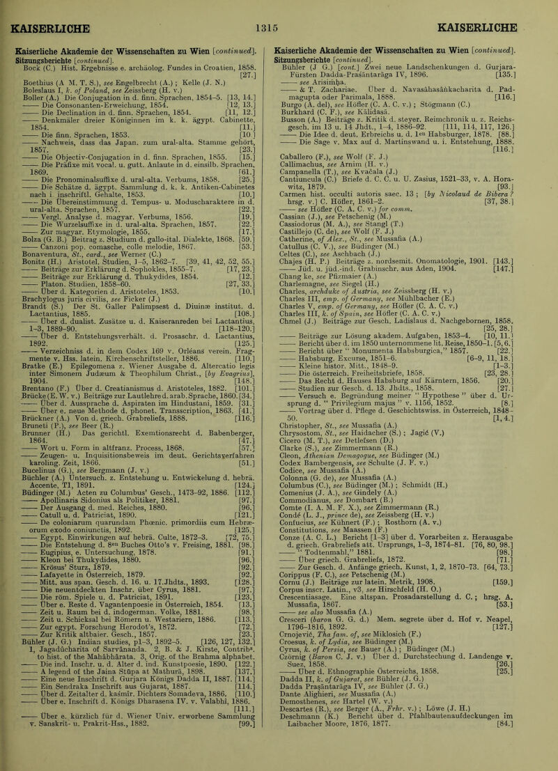 Kaiserliche Akademie der Wissenschaften zu Wien {.continued]. Sitzungsberichte [continued]. Bock (C.) Hist. Ergebnisse e. archaolog. Fundes in Croatien, 1858. [27.] Boethius (A M. T. S.), see Engelbrecht (A.) ; Kelle (J. N.) Boleslaus I, lc. of Poland, see Zeissberg (H. v.) Boiler (A.) Die Conjugation in d. finn. Sprachen, 1854-5. [13, 14.] ■ Die Consonanten-Erweichung, 1854. [12, 13.] Die Declination in d. finn. Sprachen, 1854. [11, 12.] Denkmaler dreier Koniginnen im k. k. agypt. Cabinette, 1854. [11.] Die finn. Sprachen, 1853. [10.] Nachweis, dass das Japan, zum ural-alta. Stamme gehort, 1857. [23.] Die Objectiv-Conjugation in d. finn. Sprachen, 1855. [15.] — Die Prafixe mit vocal, u. gutt. Anlaute in d. einsilb. Sprachen, 1869. [61.] Die Pronominalsuffixe d. ural-alta. Verbums, 1858. [25.] Die Schatze d. agypt. Sammlung d. k. k. Antiken-Cabinetes nach i. inschriftl. Gehalte, 1853. [10.] Die Ubereinstimmung d. Tempus- u. Moduscharaktere in d. [22.] [19.] [22.1 [17.] [59.] T53.] ural-alta. Sprachen, 1857. Vergl. Analyse d. magyar. Verbums, 1856. Die Wurzelsuffixe in d. ural-alta. Sprachen, 1857. Zur magyar. Etymologie, 1855. Bolza (G. B.) Beitrag z. Studium d. gallo-ital. Dialekte, 1868. Canzoni pop. comasche, colle melodie, 1867. Bonaventura, St., card., see Werner (C.) Bonitz (H.) Aristotel. Studien, 1-5, 1862-7. [39, 41, 42, 52, 55.] Beitrage zur Erklarung d. Sophokles, 1855-7. [17, 23.] ——- Beitrage zur Erklarung d. Thukydides, 1854. [12.] Platon. Studien, 1858-60. [27, 33.] Uber d. Kategorien d. Aristoteles, 1853. [10.] Brachylogus juris civilis, see Ficker (J.) Brandt (S.) Der St. Galler Palimpsest d. Diuinse institut. d. Lactantius, 1885. [108.] Uber d. dualist. Zusatze u. d. Kaiseranreden bei Lactantius, 1-3,1889-90. [118-120.] Uber d. Entstehungsverha.lt. d. Prosaschr. d. Lactantius, 1892. [125.] Verzeichniss d. in dem Codex 169 v. Orleans verein. Frag- mente v. Hss. latein. Kirchenschriftsteller, 1886. [HO.] Bratke (E.) Epilegomena z. Wiener Ausgabe d. Altercatio legis inter Simonem Judseum & Theophilum Christ., [by Evagrius], 1904. [148.] Brentano (F.) Uber d. Creatianismus d. Aristoteles, 1882. [101.] Briicke(E.W. v.) Beitrage zur Lautlehred.arab.Sprache, 1860.[34.] Uber d. Aussprache d. Aspiraten im Hindustani, 1859. [31.] Uber e. neue Methode d. phonet. Transscription, 1863. [41.] Bruckner (A.) Von d. griech. Grabreliefs, 1888. [116.] Bruneti (P.), see Beer (R.) Brunner (H.) Da.s gerichtl. Exemtionsrecht d. Babenberger, 1864. [47.] Wort u. Form in altfranz. Process, 1868. [57.] Zeugen- u. Inquisitionsbeweis im deut. Gerichtsverfahren karoling. Zeit, 1866. [51.] Bucelinus (G.), see Bergmann (J. v.) Biichler (A.) Untersuch. z. Entstehung u. Entwickelung d. hebra. Accente, Tl, 1891. [124.] Biidinger (M.) Acten zu Columbus’ Gesch., 1473-92, 1886. [112.] Apollinaris Sidonius als Politiker, 1881. [97.] Der Ausgang d. med. Reiches, 1880. [96.] Catull u. d. Patriciat, 1890. [121.] ■ De coloniarum quarundam Phoenie. primordiis cum Hebrae- orum exodo coniunctis, 1892. [125.] Egypt. Einwirkungen auf hebra. Culte, 1872-3. [72, 75.] Die Entstehung d. 8eu Buches Otto’s v. Freising, 1881. [98.] Eugipius, e. Untersuchung, 1878. [91.] Kleon bei Thukydides, 1880. [96.] Krosus’ Sturz, 1879. Lafayette in Osterreich, 1879. Mitt, aus span. Gesch. d. 16. u. 17.Jhdts., 1893. Die neuentdeckten Inschr. fiber Cyrus, 1881. Die rom. Spiele u. d. Patriciat, 1891. Uber e. Reste d. Vagantenpoesie in Osterreich, 1854. Zeit u. Raum bei d. indogerman. Volke, 1881. Zeit u. Schicksal bei Romern u. Westariern, 1886. Zur egypt. Forschung Herodot’s, 1872. Zur Kritik altbaier. Gesch., 1857. Bfihler (J. G.) Indian studies, pl-3, 1892-5. [126, 127, 132.] 1, Jagaducharita of Sarvananda. 2, B. & J. Kirste, Contrib3. to hist, of the Mahabharata. 3, Orig. of the Brahma alphabet. —— Die ind. Inschr. u. d. Alter d. ind. Kunstpoesie, 1890. [122.] A legend of the Jaina Stfipa at Mathura, 1898. [137.] ■ Eine neue Inschrift d. Gurjara Konigs Dadda II, 1887. [114.] Ein Sendraka Inschrift aus Gujarat, 1887. [114.] Uber d. Zeitalter d. kas'mir. Dichters Somadeva, 1886. [110.] Uber e. Inschrift d. Konigs Dharasena IV. v. Valabhi, 1886. [111.] Uber e. kfirzlich ffir d. Wiener Univ. erworbene Sammlung v. Sanskrit- u. Prakrit-Hss., 1882. [99.] [92.] [92.] [128.] [97.] [123.] [13.] [98.] [113.] [72.] [23.] Kaiserliche Akademie der Wissenschaften zu Wien [continued]. Sitzungsberichte [continued], Bfihler (J G.) [cont.] Zwei neue Landschenkungen d. Gurjara- Ffirsten Dadda-Pras'antaraga IV, 1896. [135.] see Arisimlja. & T. Zachariae. Uber d. Navasahasankacharita d. Pad- magupta oder Parimala, 1888. [116.] Burgo (A. del), see Hofler (C. A. C. v.) ; Stogmann (C.) Burkhard (C. F.), see Kalidasa. Busson (A.) Beitrage z. Kritik d. steyer. Reimchronik u. z. Reichs- gesch. im 13 u. 14 Jhdt., 1-4, 1886-92. [Ill, 114, 117, 126.] Die Idee d. deut. Erbreichs u. d. lea Habsburger, 1878. [88.] Die Sage v. Max auf d. Martinswand u. i. Entstehung, 1888. [116.] Caballero (F.), see Wolf (F. J.) Callimachus, see Arnim (H. v.) Campanella (T.), see Kvacala (J.) Cantiuncula (C.) Briefe d. C. C. u. U. Zasius, 1521-33, v. A. Hora- witz, 1879. [93.J Carmen hist, occulti autoris saec. 13 ; [by Dicolaud de Bibera? hrsg. v.] C. Hofler, 1861-2. [37, 38.] —•— see Hofler (C. A. C. r.) for comm. Cassian (J.), see Petschenig (M.) Cassiodorus (M. A.), see Stangl (T.) Castillejo (C. de), see Wolf (F. J.) Catherine, of Alex., St., see Mussafia (A.) Catullus (C. V.), see Biidinger (M.) Celtes (C.), see Aschbach (J.) Chajes (H. P.) Beitrage z. nordsemit. Onomatologie, 1901. [143.] ■ Jfid. u. jfid.-ind. Grabinschr. aus Aden, 1904. [147.] Chang ke, see Pfizmaier (A.) Charlemagne, see Siegel (H.) Charles, archduke of Austria, see Zeissberg (H. v.) Charles III, emp. of Germany, see Miihlbacher (E.) Charles V, emp. of Germany, see Holler (C. A. C. v.) Charles III, k. of Spain, see Hofler (C. A. C. v.) Chmel (J.) Beitrage zur Gesch. Ladislaus d. Nachgebornen, 1858. [25, 28.] Beitrage zur Losung akadem. Aufgaben, 1853-4. [10, 11.] Bericht fiber d. im 1850 unternommene lit. Reise, 1850-1. [5,6.] Bericht fiber “ Monumenta Habsburgiea,” 1857. [22.] Habsburg. Excurse, 1851-6. [6-9, 11, 18.] Kleine histor. Mitt., 1848-9. [1—3.] Die osterreich. Freiheitsbriefe, 1858. [23, 28.] Das Recht d. Hauses Habsburg auf Karntern, 1856. [20.] Studien zur Gesch. d. 13. Jhdts., 1858. [27.] Versuch e. Begrfindung meiner “ Hypothese ” fiber d. Ur- sprung d. “ Privilegium majus ” v. 1156, 1852. [8.] Vortrag fiber d. Pflege d. Geschichtswiss. in Osterreich, 1848 - 50. [1,4.] Christopher, St., see Mussafia (A.) Chrysostom, St., see Haidacher (S.) ; Jagi6 (V.) Cicero (M. T.), see Detlefsen (D.) Clarke (S.), see Zimmermann (R.) Cleon, Athenian Demagogue, see Biidinger (M.) Codex Bambergensis, see Schulte (J. F. v.) Codice, see Mussafia (A.) Colonna (G. de), see Mussafia (A.) Columbus (C.), see Biidinger (M.) ; Schmidt (H.) Comenius (J. A.), see Gindely (A.) Commodianus, see Dombart (B.) Comte (I. A. M. F. X.), see Zimmermann (R.) Cond£ (L. J., prince de), see Zeissberg (H. v.) Confucius, see Kfihnert (F.) ; Rosthorn (A. v.) Constitutions, see Maassen (F.) Conze (A. C. L.) Bericht [1-3] fiber d. Vorarbeiten z. Herausgabe d. griech. Grabreliefs att. Ursprungs, 1-3, 1874r-81. [76, 80, 98.] “ Todtenmahl,” 1881. [98.] Uber griech. Grabreliefs, 1872. [71.] Zur Gesch. d. Anfange griech. Kunst, 1, 2, 1870-73. [64, 73.] Corippus (F. C.), see Petschenig (M.) Cornu (J.) Beitrage zur latein. Metrik, 1908. [159.] Corpus inscr. Latin., v3, see Hirschfeld (H. O.) Crescentiasage. Eine altspan. Prosadarstellung d. C. ; hrsg. A, Mussafia, 1867. [53.] ■ see also Mussafia (A.) Cresceri (baron G. G. d.) Mem. segrete fiber d. Hof v. Neapel, 1796-1816, 1892. [127.] Crnojevi<5, Thafam. of, see Miklosich (F.) Croesus, k. of Lydia, see Biidinger (M.) Cyrus, k. of Persia, see Bauer (A.) ; Biidinger (M.) Czornig (Baron C. J. v.) Uber d. Durchstechung d. Landenge v. Suez, 1858. .. [26.] Uber d. Ethnographie Osterreichs, 1858. [25.] Dadda II, k. of Gujarat, see Bfihler (J. G.) Dadda Pra§antaraga IV, see Bfihler (J. G.) Dante Alighieri, see Mussafia (A.) Demosthenes, see Hartel (W. v.) Descartes (R.), see Berger (A., Frhr. v.) ; Lowe (J. H.) Deschmann (K.) Bericht fiber d. Pfahlbautenaufdeckungen im Laibacher Moore, 1876, 1877. [84.]