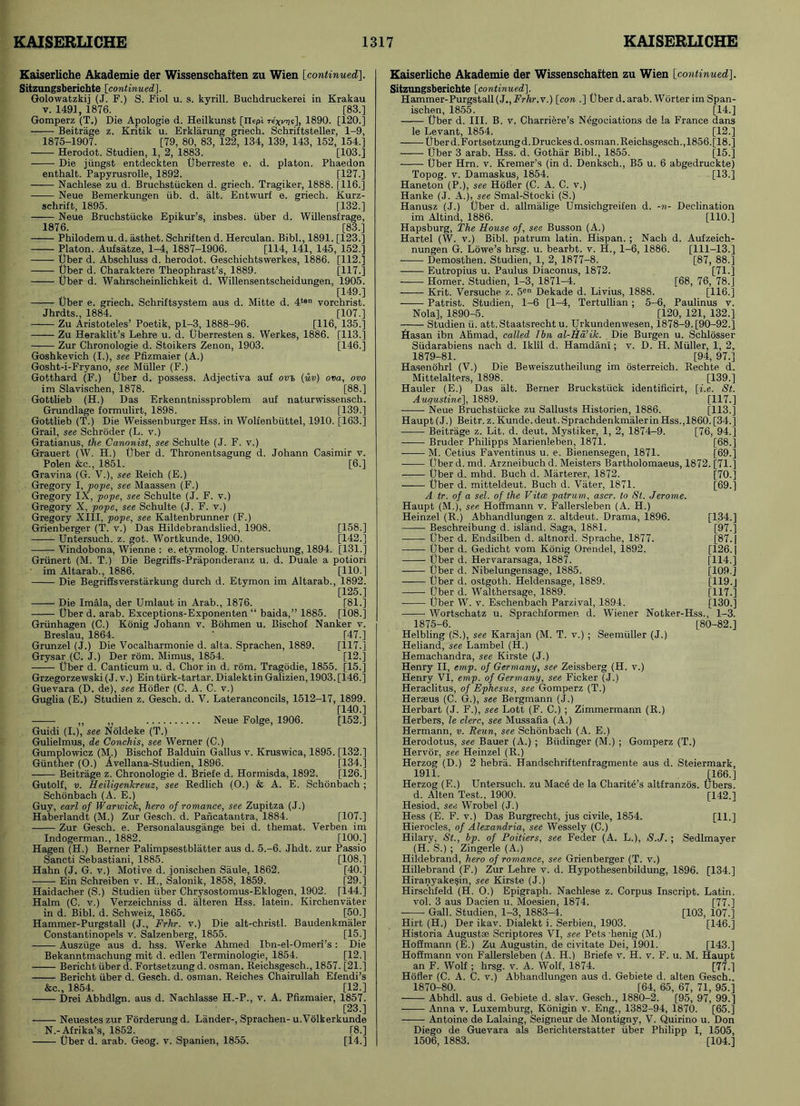 Kaiserliche Akademie der Wissenschaften zu Wien [continued], Sitzungsberichte [continued], Golowatzkij (J. F.) S. Fiol u. s. kyrill. Buchdruckerei in Krakau y. 1491, 1876. [83.] Gomperz (T.) Die Apologie d. Heilkunst [rtepi. Ts'xnje], 1890. [120.] Beitrage z. Kritik u. Erkliirung griech. Schriftsteller, 1-9, 1875-1907. [79, 80, 83, 122, 134, 139, 143, 152, 154.] Herodot. Studien, 1, 2, 1883. [103.] Die jfingst entdeckten Uberreste e. d. platon. Phaedon enthalt. Papyrusrolle, 1892. [127.] Nachlese zu d. Bruchstiicken d. griech. Tragiker, 1888. [116.] — Neue Bemerkungen iib. d. alt. Entwurf e. griech. Kurz- schrift, 1895. [132.] Neue Bruchstiicke Epikur’s, insbes. liber d. Willensfrage, 1876. [83.] Philodemu. d. asthet. Schriften d. Herculan. Bibl., 1891. [123.] Platon. Aufsatze, 1-4, 1887-1906. [114, 141, 145, 152.] tjber d. Abschluss d. herodot. Geschichtswerkes, 1886. [112.] tjber d. Charaktere Theophrast’s, 1889. [117.] tjber d. Wahrscheinlichkeit d. Willensentscheidungen, 1905. [149.] Uber e. griech. Schriftsystem aus d. Mitte d. 4ten vorchrist. Jhrdts., 1884. [107.] Zu Aristoteles’ Poetik, pl-3, 1888-96. [116, 135.] Zu Heraklit’s Lehre u. d. Uberresten s. Werkes, 1886. [113.] Zur Chronologie d. Stoikers Zenon, 1903. [146.] Goshkevich (I.), see Pfizmaier (A.) Gosht-i-Fryano, see Muller (F.) Gotthard (F.) Uber d. possess. Adjectiva auf ovt, [uv) ova, ovo im Slavischen, 1878. [88.] Gottlieb (H.) Das Erkenntnissproblem auf naturwissensch. Grundlage formulirt, 1898. [139.] Gottlieb (T.) Die Weissenburger Hss. in Wolfenbiittel, 1910. [163.] Grail, see Schroder (L. v.) Gratianus, the Canonist, see Schulte (J. F. v.) Grauert (W. H.) Uber d. Thronentsagung d. Johann Casimir v. Polen &c., 1851. [6.] Gravina (G. V.), see Reich (E.) Gregory t, pope, see Maassen (F.) Gregory IX, pope, see Schulte (J. F. v.) Gregory X, pope, see Schulte (J. F. v.) Gregory XIII, pope, see Kaltenbrunner (F.) Grienberger (T. v.) Das Hildebrandslied, 1908. [158.] Untersuch. z. got. Wortkunde, 1900. [142.] Vindobona, Wienne : e. etymolog. Untersuchung, 1894. [131.] Griinert (M. T.) Die Begriffs-Praponderanz u. d. Duale a potiori im Altarab., 1886. [110.] Die Begriffsverstarkung durch d. Etymon im Altarab., 1892. [125.] Die Imala, der Umlaut in Arab., 1876. [81.] Uber d. arab. Exceptions-Exponenten “ baida,” 1885. [108.] Griinhagen (C.) Konig Johann v. Bohmen u. Bischof Nanker v. Breslau, 1864. ‘ [47.] Grunzel (J.) Die Vocalharmonie d. alta. Sprachen, 1889. [117.] Grysar (C. J.) Der rom. Mimus, 1854. [12.] Uber d. Canticum u. d. Chor in d. rom. Tragodie, 1855. [15.] Grzegorzewski(J.v.) Ein tfirk-tartar. DialektinGalizien, 1903. [146.] Guevara (D. de), see Holler (C. A. C. v.) Guglia (E.) Studien z. Gesch. d. V. Lateranconcils, 1512-17, 1899. [140.] ,, ,, Neue Folge, 1906. [152.] Guidi (I.), see Noldeke (T.) Gulielmus, de Conchis, see Werner (C.) Gumplowicz (M.) Bischof Balduin Gallus v. Kruswica, 1895. [132.] Gunther (O.) Avellana-Studien, 1896. [134.] Beitrage z. Chronologie d. Briefe d. Hormisda, 1892. [126.] Gutolf, v. Heiligenkreuz, see Redlich (0.) & A. E. Schonbach ; Schonbach (A. E.) Guy, earl of Warwick, hero of romance, see Zupitza (J.) Haberlandt (M.) Zur Gesch. d. Pancatantra, 1884. [107.] Zur Gesch. e. Personalausgange bei d. themat. Verben im Indogerman., 1882. [100.] Hagen (H.) Berner Palimpsestblatter aus d. 5.-6. Jhdt. zur Passio Sancti Sebastiani, 1885. [108.] Hahn (J. G. v.) Motive d. jonischen Saule, 1862. [40.] Ein Schreiben v. H„ Salonik, 1858, 1859. [29.] Haidacher (S.) Studien iiber Chrysostomus-Eklogen, 1902. [144.] Halm (C. v.) Verzeichniss d. alteren Hss. latein. Kirchenvater in d. Bibl. d. Schweiz, 1865. [50.] Hammer-Purgstall (J., Frhr. v.) Die alt-christl. Baudenkmaler Constantinopels v. Salzenberg, 1855. _ [15.] Auszfige aus d. hss. Werke Ahmed Ibn-el-Omeri’s: Die Bekanntmachung mit d. edlen Terminologie, 1854. [12.] Bericht liber d. Fortsetzung d. osrnan. Reichsgesch., 1857. [21.] Bericht iiber d. Gesch. d. osman. Reiches Chairullah Efendi’s &c., 1854. [12.] Drei Abhdlgn. aus d. Nachlasse H.-P., v. A. Pfizmaier, 1857. [23.] Neuesteszur Forderungd. Lander-, Sprachen-u.Volkerkunde N.-Afrika’s, 1852. [8.] Uber d. arab. Geog. v. Spanien, 1855. [14.] Kaiserliche Akademie der Wissenschaften zu Wien [continued]. Sitzungsberichte [continued]. Hammer-Purgstall (J.,Frhr.v.) [con .] Uber d. arab. Worter im Span- ischen, 1855. [14.] Uber d. III. B. v. Charriere’s N6goeiations de la France dans le Levant, 1854. [12.] Uber d.Fortsetzungd.Druckesd. osman. Reichsgesch.,1856.[18.] Uber 3 arab. Hss. d. Gothar Bibl., 1855. [15.] Uber Hrn. v. Kremer’s (in d. Denksch., B5 u. 6 abgedruckte) Topog. v. Damaskus, 1854. [13.] Haneton (P.), see Hofler (C. A. C. v.) Hanke (J. A.), see Smal-Stocki (S.) Hanusz (J.) Uber d. allmalige Umsichgreifen d. -n- Declination im Altincl, 1886. [HO.] Hapsburg, The House of, see Busson (A.) Hartel (W. v.) Bibl. patrum latin. Hispan. ; Nach d. Aufzeich- nungen G. Lowe’s hrsg. u. bearbt. v. H., 1-6, 1886. [111-13.] Demosthen. Studien, 1, 2, 1877-8. [87, 88.] Eutropius u. Paulus Diaconus, 1872. [71.] Homer. Studien, 1-3, 1871-4. [68, 76, 78.J Krit. Versuche z. 5en Dekade d. Livius, 1888. [116.] Patrist. Studien, 1-6 [1-4, Tertullian ; 5-6, Paulinus v. Nola], 1890-5. [120, 121, 132.] Studien ii. att.Staatsrecht u. Urkundenwesen, 1878-9. [90-92.] Hasan ibn Ahmad, called Ibn al-Ha’ik. Die Burgen u. Schlosser Siidarabiens nach d. Iklil d. Hamdani; v. D. H. Muller, 1, 2, 1879-81. [94, 97.] Hasenohrl (V.) Die Beweiszutheilung im osterreich. Rechte d. Mittelalters, 1898. [139.] Hauler (E.) Das alt. Berner Bruckstfick identificirt, [i.e. St. Augustine], 1889. [117.] Neue Bruchstiicke zu Sallusts Historien, 1886. [113.] Haupt (J.) Beitr. z. Kunde.deut.SprachdenkmalerinHss.,1860. [34.] Beitrage z. Lit. d. deut. Mystiker, 1, 2, 1874-9. [76, 94.] Bruder Philipps Marienleben, 1871. [68.] M. Cetius Faventinus u. e. Bienensegen, 1871. [69.] Uber d. nrd. Arzneibuch d. Meisters Bartholomaeus, 1872. [71.] [70.] [69.] [134.] [97.] [87.| [126.| [114.] [109.] [H9.J [117.] [130.] Uber d. mhd. Buch d. Marterer, 1872. Uber d. mitteldeut. Buch d. Viiter, 1871. A tr. of a sel. of the Vitce patrum, ascr. to St. Jerome. Haupt (M.), see Hoffmann v. Fallersleben (A. H.) Heinzel (R.) Abhandlungen z. altdeut. Drama, 1896. Beschreibung d. island. Saga, 1881. Uber d. Endsilben d. altnord. Sprache, 1877. Uber d. Gedicht vom Konig Orendel, 1892. Uber d. Hervararsaga, 1887. Uber d. Nibelungensage, 1885. Uber d. ostgoth. Heldensage, 1889. Uber d. Walthersage, 1889. Uber W. v. Eschenbach Parzival, 1894. Wortschatz u. Sprachformen d. Wiener Notker-Hss., 1-3. 1875-6. [80-82.] Helbling (S.), see Karajan (M. T. v.) ; Seemiiller (J.) Heliand, see Lambel (H.) Hemachandra, see Kirste (J.) Henry II, emp. of Germany, see Zeissberg (H. v.) Henry VI, emp. of Germany, see Ficker (J.) Heraclitus, of Ephesus, see Gomperz (T.) Heraus (C. G.), see Bergmann (J.) Herbart (J. F.), see Lott (F. C.) ; Zimmermann (R.) Herbers, le clerc, see Mussafia (A.) Hermann, v. Reun, see Schonbach (A. E.) Herodotus, see Bauer (A.) ; Biidinger (M.) ; Gomperz (T.) Hervor, see Heinzel (R.) Herzog (D.) 2 hebra. Handschriftenfragmente aus d. Steiermark, 1911. [166.] Herzog (E.) Untersuch. zu Mace de la Charite’s altfranzos. Ubers. d. Alten Test., 1900. [142.] Hesiod, see Wrobel (J.) Hess (E. F. v.) Das Burgrecht, jus civile, 1854. [11.] Hierocles, of Alexandria, see Wessely (C.) Hilary, St., bp. of Poitiers, see Feder (A. L.), S.J. ; Sedlmayer (H. S.) ; Zingerle (A.) Hildebrand, hero of romance, see Grienberger (T. v.) Hillebrand (F.) Zur Lehre v. d. Hypothesenbildung, 1896. [134.] Hiranyake§in, see Kirste (J.) Hirschfeld (H. 0.) Epigraph. Nachlese z. Corpus Inscript. Latin, vol. 3 aus Dacien u. Moesien, 1874. [77.] Gall. Studien, 1-3, 1883-4. [103, 107.] Hirt (H.) Der ikav. Dialekt i. Serbien, 1903. [146.] Historia Augustie Scriptores VI, see Pets henig (M.) Hoffmann (E.) Zu Augustin, de civitate Dei, 1901. [143.] Hoffmann von Fallersleben (A. H.) Briefe v. H. v. F. u. M. Haupt an F- Wolf ; hrsg. v. A. Wolf, 1874. [77.] Hofler (C. A. C. v.) Abhandlungen aus d. Gebiete d. alten Gesch.. 1870-80. [64, 65, 67, 71, 95.] Abhdl. aus d. Gebiete d. slav. Gesch., 1880-2. [95, 97, 99.] Anna v. Luxemburg, Konigin v. Eng., 1382-94, 1870. [65.] Antoine de Lalaing, Seigneur de Montigny, V. Quirino u. Don Diego de Guevara als Berichterstatter fiber Philipp I, 1505, 1506, 1883. [104.]