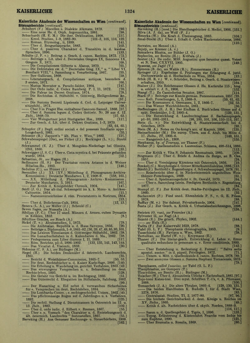 Kaiserliche Akademie der Wissenschaften zu Wien [continued]. Sitznngsberichte [continued]. .Schubert (F.) Miscellen z. Dialekte Alkmans, 1879. [92.] Eine neue Hs. d. Orpk. Argonautika, 1881. [98.] Schuchardt (H. E. M.) Die iber. Deklination, 1908. [157.] Kreol. Studien, 1-9, 1882-90. [101-3, 105, 116, 122.] —— Roman. Etymolog., ii, 1899. [141.] tjber d. Benguelasprache, 1883. [103.] Uber d. passiven Charakter d. Transitivs in d. kaukas. Sprachen, 1896. [133.] Schulte (J. F. y.) Beitrag. z. Gesch. d. canon. Rechtes, 1872. [72.] Beitrage z. Lit. uber d. Decretalen Gregors IX, Innocenz IX, Gregors X, 1871. [68.j Die Compilationen Gilberts u. Alanus, 1870. [65.] Die Dekretalen zw. d. “ Decretales Greg. IX,” u. “ Liber VI, Bonifacii VIII,” i. Sammlung u. Verarbeitung, 1867. [55.] Iter Gallicum, 1868. [59.] Literaturgesch. d. Compilationes antiquae, besonders d. 3 ersten, 1871. [66.] Marius Mercator u. Pseudo-Isidor, 1904. [147.] Der Ordo iudic. d. Codex Bamberg. P. I. 11, 1872. [70.] Die Paleae im Decret Gratians, 1874. [78.] Die Rechtsbss. d. Stiftsbibl. v. Gottweig, Heiligenkreuz &c., 1868. [57.] Die Summa Decreti Lipsiensis d. Cod. d. Leipziger Univer- sitatsbibl., 1871. [68.] Uber 3 in Prager Hss. enthaltene Canonen-Samml., 1868. [57.] Uber d. Summa legum d. Codex Gottwic. Nr. 38 aus d. 12. Jhdt., 1868-70. [57, 63.] Vier Weingartner jetzt Stuttgarter Hss., 1899. [117.] Zur Gesch. d. Lit. uber d. Dekret Gratians, 1-3, 1870. [63, 64, 65.] Schupfer (F.) Degli ordini sociali e del possesso fondiario appo i Longobardi, 1861. [35.] Schuster (R.) Zappert’s “ alt. Plan v. Wien,” 1892. [127.] Schwabenspiegel (Die), see Ficker (J.) ; Rockinger (L. y.) ; Strobl (J.) Schwammel (E. J.) Uber d. Mongolen-Niederlage bei Olmiitz, 1241, 1860. [33.] Schweigger (J. S. C.) Uber e. Cista mystica d. bei Praneste gefunden wurde, 1854. [12.] Sebastian, St., see Hagen (H.) Sedlmayer (H. S.) Der Tractatus contra Arianos in d. Weiner Hilarius-Hs., 1903. [146.] Sedulius (C.), see Hiimer (J.) Seemiiller (J.) XI. [XV.] Mitteilung d. Phonogramm-Archivs- Kommission ; Deutsche Mundarten 1, 2, 1908-9. [158, 161.] XX. Mitteilung d. Phonogramm - Archivs - Kommission ; Deutsche Mundarten, 3, 1911. [167.] Zur Kritik d. Konigsfelder Chronik, 1904. [147.] Seidl (J. G.) Das alt-ital. Schwergeld im k. k. Miinz- u. Antiken- Cabinette, 1854. [11.] Namensverzeichnisse d. rom. Procuratoren in Noricum, 1854. [13.] Uber d. Dolichenus-Cult, 1854. [12, 13.] Seneca (L. A.), see Muller (J.) ; Schenkl (C.) Seven Sages, see Mussafia (A.) Sibiljan (P. C.) Uber 17 uned. Miinzen d. Armen.-ruben Dynastie in Kilikien, 1852. [8.] Sibylline Oracles, see Rzach (A.) Sickel (T. v.) Alcuinstudien, 1, 1875. [79.] Die Ambrosian. Republik u. d. Haus Savoyen, 1856. [20.] Beitrage z. Diplomatik, 1-8,1861-82. [36, 39,47,49,85,93,101.] Das Lexicon Tironianum d. Gottweiger Stiftsbibl., 1862. [38.] Die Lunarbuchstaben in d. Kalendarien d. Ma., 1862. [38.] Prolegomena zum Liber diurnus I, II, 1889. [117.] Rom. Berichte, pl-5, 1896-1902. [133, 135, 141, 143, 144.] Das Vicariat d. Visconti, 1859. [30.] Sidonius (C. S. A.), see Budinger (M.) Siegel (H.) Die beiden Denkmaler d. osterreich. Landesrechts, 1861. [35.] Bericht d. Weisthiimer-Commission, 1865-7. [50, 53.] Die deut. Rechtsbiicher u. d. Kaiser Karls-Sage, 1899. [140.] Die Erholung u. Wandelung im. gericbtl. Verfahren, 1863. [42.] Das erzwungene Versprechen u. s. Behandlung im deut. Rechts-leben, 1893. [128.] Die Gefahr vor Gericht u. im Rechtsgang, 1866. [51.] Das Guterrecht d. Ehegatten im Stiftslande, Salzburg, 1882. [99.] Der Hansehlag u. Eid nebst d. verwandten Sicherheiten fiir e. Versprechen im deut. Rechtsleben, 1894. [130.] Die Lombarda-Comm.; e. rechtsgeschichtl. Unters., 1862. [40.] Das pflichtmassige Riigen auf d. Jahrdingen u. s. Verfahren, 1892. [125.] Die rechtl. Stellung d. Dienstmannen in Osterreich im 12. u. 13. Jhdt., 1883. [102.] Uber d. ordo iudic. d. Eilbert v. Bremen, 1867. [55.] Uber e. n. Versuch “den Charakter u. d. Entstehungszeit d. alt. osterreich. Landrechts ” festzustellen, 1867. [55.] Sieveking (H.) Aus Genueser Rechnungs- u. Steuerbiichern, 1909. [162.] Kaiserliche Akademie der Wissenschaften zu Wien [continued]. Sitzungsberichto [continued]. Sieveking (H.) [cont.] Die Handlungsbiicher d. Medici, 1906. [151.] Silva (A. J. da), see Wolf (F. J.) Simerka (W.) Die Kraft d. Uberzeugung, 1883. [104.] Smal-Stocki (S.) Uber d. Inhalt d. Codex Hankensteinianus, 1886. [110.] Socrates, see Menzel (A.) Soju[i, see Kremer (A. v.) Somadeva Bhatta, see Biihler (J. G.) Sophocles, see Bonitz (H.) ; KviCala (J.) Souter (A.) De codic. MSS. Augustini quae feruntur quaest. Veteri et N. Test. CXXVII, 1905. [149.] Spaneas, see Jagid (V.) Spinoza (B. de), see Wahle (R.); Zimmermann (R.) Springer (J.) Ergebnisse d. Priifungen zur Erlangung d. jurid. Doctorswiirde an d. Hochschule zu Wien, 1854. [12.] Srbik (H. R. v.) W. v. Schroder, Beitrag z. Gesch. d. Staatswissen- schaften, 1910. [164.] Stalzer (J.) Die Reichenauer Glossen d. Hs. Karlsruhe 115 ; hrsg. u. erklart v. J. S., 1906. [152.] Stangl (T.) Zu Cassiodorius Senator, 1887. [114.] Stark (F.) Beitrage zur Kunde german. Personennamen, 1857. [23.] Kelt. Forschungen, 1, 2, 1868-9. [59, 61, 62.] Die Kosenamen d. Germanen, 1, 2, 1866-7. [52, 53.] Das Wiener Weichbildrecht, 1861. [36.] Steffenbagen (E. J. H.) Der Einfluss d. Buch’schen Glosse auf d. spat. Denkmaler, 1-2, 1893-4. [129, 131.] Die Entwicklung d. Landrechtsglosse d. Sachsenspiegels, pl-10, 1881-1911. [98, 100, 101, 106, 110-114, 167.] Stein (L. v.) Die Entwicklung d. Staatswissenschaft bei d. Griechen, 1879. [93.] Stein (M. A.) Notes on Ou-kong’s acc. of Kagmir, 1896. [135.] Steinschneider (M.) Die europ. Ubers. aus d. Arab, bis Mitte d. 17. Jhdts., 2T, 1905-6. [149, 151.] Rangstreit-Lit., 1908. [155.] Stephanus, bp. of Tournay, see Thaner (F.) Stober (F.) Quellenstudien z. Laurentian. Schisma, 498-514, 1886. [112.] Zur Kritik v. Vita S. Johannis Reomaensis, 1885. [109.] Stogmann (C.) Uber d. Briefe d. Andrea da Burgo, an B. Cles, 1857. .. [24.] Uber d. Vereinigung Karntens mit Osterreich, 1856. [19.] Strekelj (C.) Morphologie d. Gorzer Mittelkarstdialektes, 1886. [113.] Strobl (J.) Berthold v. Regensburgu. d. Schwabenspiegel, 1878. [91.] Reisebericht uber d. in Niederosterreich angestellten Weis- thiimer-Forschungen, 1869. [61.] Uber d. Spielmannsgedicht v. St. Oswald, 1870. [64.] Uber e. Sammlung latein. Predigten Bertholds v. Regensburg, 1877. [84.] Stumpf (C. F.) Zur Kritik deut. Stadte-Privilegien im 12. Jhdt., 1860. [32.] Suchenwirt (P.) Fiinf uned. Ehrenbriefe P. S., v. G. E. Friess, x 1878. [88.] Sufflay (M. v.) Die dalmat. Privaturkunde, 1904. [147.] Susta (J.) Zur Gesch. u. Kritik d. Urbarialaufzeichnungen, 1898. [138.] Swieten (G. van), see Fournier (A.) Sylvester II, see Nagl (A.) Sz4nt6 (E.) Die griech. Phylen, 1902. [144.] see Hula (E.) Tadra (F.) Zur Kaiserwahl 1619, 1878. [88.] Tafel (G. L. F.) Theophanis chronographia, 1853. [9.] Tauschinski (H.) Faviana u. Wien, 1862. [38.] Tertullian, see Hartel (W. v.); Kroymann (E.) Thaner (F.) Die literar-gesch. Entwicklung d. Lehre v. Error qualitatis redundans in personam u. v. Error conditionis, 1900. [142.] Uber Entstehung u. Bedeutung d. Formel: “ Salva sedis apostol. auctor.” in d. papstl. Privilegien, 1872. [71.] —— Unters. u. Mitt. z. Quellenkunde d. canon. Rechtes, 1878. [89.] Zwei anonyme Glossen z. Summa Stephani Tornacensis, 1875. [79.] Theophanes, called Isaacius, see Tafel (G. L. F.) Theophrastus, see Gomperz (T.) Thucydides, see Bonitz (H.) ; Budinger (M.) Toischer (W.) Uber d. Alexandreis Ulrichs v. Eschenbach,1881. [97.] Tojo-tomi Katsu-tosi. Drei myst. Schriften T.-t’s, v. A. Pfizmaier, 1888. [100.] Tomaschek (J. A.) Die alten Thraker, 1893-4. [128, 130, 131.] Die beiden Handfesten K. Rudolfs I. fiir d. Stadt Wien, 1278, 1876. [83.] Centralasiat. Studien, Tl, 2, 1877-80. [87, 96.] Die hochste Gerichtsbarkeit d. deut. Konigs u. Reiches im XV. Jhdts., 1865. [49.] Kritik d. alt. Nachrichten uber d. skyth. Norden, 1888-9. [116, 117.] Sasun u. d. Quellengebiet d. Tigris, 1, 1896. [133.] Topog. Erlauterung d. Kiistenfahrt Nearchs vom Indus bis zum Euphrat, 1890. [121.] Uber Brumalia u. Rosalia, 1869. [60.]