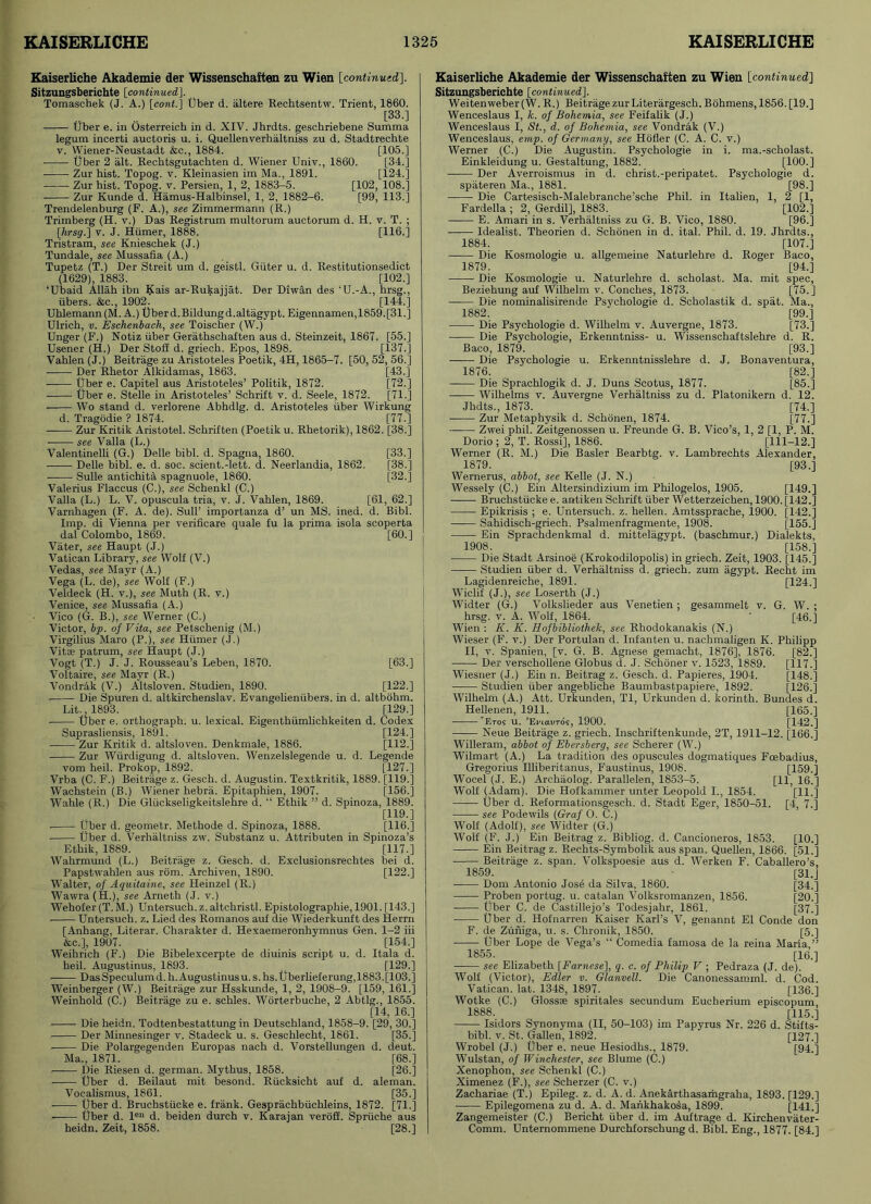 Kaiserliche Akademie der Wissenschaften zu Wien [continued], Sitzungsberichte [continued], Tomaschek (J. A.) [cont.] Uber d. altere Rechtsentw. Trient, 1860. [33.] Uber e. in Osterreich in d. XIV. Jhrdts. geschriebene Summa legum incerti auctoris u. i. Quellenverhaltniss zu d. Stadtrechte v. Wiener-Neustadt &c., 1884. [105.] Uber 2 alt. Rechtsgutachten d. Wiener Univ., 1860. [34.] Zur hist. Topog. v. Kleinasien im Ma., 1891. [124.] Zur hist. Topog. v. Persien, 1, 2, 1883-5. [102, 108.] Zur Kunde d. Hamus-Halbinsel, 1, 2, 1882-6. [99, 113.] Trendelenburg (F. A.), see Zimmermann (R.) Trimberg (H. v.) Das Registrum multorum auctorum d. H. v. T. ; [hrsg.] v. J. Hiimer, 1888. [116.] Tristram, see Knieschek (J.) Tundale, see Mussafia (A.) Tupetz (T.) Der Streit um d. geistl. Giiter u. d. Restitutionsedict (1629), 1883. [102.] ‘Ubaid Allah ibn Kais ar-Rukajjat. Der Diwan des ‘U.-A., hrsg., libers. &c., 1902. [144.] Uhlemann(M. A.) Uberd.Bildungd.altagypt. Eigennamen,1859.[31.] Ulrich, v. Eschenbach, see Toischer (W.) Unger (F.) Notiz iiber Gerathschaften aus d. Steinzeit, 1867. [55.] Usener (H.) Der Stoff d. griech. Epos, 1898. [137.] Vahlen (J.) Beitrage zu Aristoteles Poetik, 4H, 1865-7. [50, 52, 56.] Der Rhetor Alkidamas, 1863. [43.] Uber e. Capitel aus Aristoteles’ Politik, 1872. [72.] Uber e. Stelle in Aristoteles’ Schrift v. d. Seele, 1872. [71.] Wo stand d. verlorene Abhdlg. d. Aristoteles iiber Wirkung d. Tragodie ? 1874. [77.] Zur Kritik Aristotel. Schriften (Poetik u. Rhetorik), 1862. [38.] see Valla (L.) Valentinelli (G.) Delle bibl. d. Spagna, 1860. [33.] Delle bibl. e. d. soc. scient.-lett. d. Neerlandia, 1862. [38.] • Sulle antichita spagnuole, 1860. [32.] Valerius Flaccus (C.), see Schenkl (C.) Valla (L.) L. V. opuscula tria, v. J. Vahlen, 1869. [61, 62.] Varnhagen (F. A. de). Sull’ importanza d’ un MS. ined. d. Bibl. Imp. di Vienna per veriflcare quale fu la prima isola scoperta dal Colombo, 1869. [60.] Vater, see Haupt (J.) Vatican Library, see Wolf (V.) Vedas, see Mayr (A.) Vega (L. de), see Wolf (F.) Veldeck (H. v.), see Muth (R. v.) Venice, see Mussafia (A.) Vico (G. B.), see Werner (C.) Victor, bp. of Vita, see Petschenig (M.) Virgilius Maro (P.), see Hiimer (J.) Vitae patrum, see Haupt (J.) Vogt (T.) J. J. Rousseau’s Leben, 1870. [63.] Voltaire, see Mayr (R.) Vondrak (V.) Altsloven. Studien, 1890. [122.] Die Spuren d. altkirchenslav. Evangelienfibers. in d. altbdhm. Lit,, 1893. [129.] Uber e. orthograph, u. lexical. Eigenthiimlichkeiten d. Codex Suprasliensis, 1891. [124.] Zur Kritik d. altsloven. Denkmale, 1886. [112.] Zur Wiirdigung d. altsloven. Wenzelslegende u. d. Legende vom heil. Prokop, 1892. [127.] Vrba (C. F.) Beitrage z. Gesch. d. Augustin. Textkritik, 1889. [119.] Wachstein (B.) Wiener hebra. Epitaphien, 1907. [156.] Wahle (R.) Die Glfickseligkeitslehre d. “ Ethik ” d. Spinoza, 1889. [119.] . Uber d. geometr. Methode d. Spinoza, 1888. [116.] Uber d. Verhaltniss zw. Substanz u. Attributen in Spinoza’s Ethik, 1889. [117.] Wahrmund (L.) Beitrage z. Gesch. d. Exclusionsrechtes bei d. Papstwahlen aus rom. Archiven, 1890. [122.] Walter, of Aquitaine, see Heinzel (R.) Wawra(H.), see Arneth (J. v.) Wehofer (T.M.) Untersuch. z.altchristl. Epistolographie, 1901. [143.] • Untersuch. z. Lied des Romanos auf die Wiederkunft des Herrn [Anhang, Literal'. Charakter d. Hexaemeronhymnus Gen. 1-2 iii &c.], 1907. [154.] Weihrich (F.) Die Bibelexcerpte de diuinis script u. d. Itala d. heil. Augustinus, 1893. [129.] DasSpeculumd.h.Augustinusu.s.hs.Uberlieferung,1883.[103.] Weinberger (W.) Beitrage zur Hsskunde, 1, 2, 1908-9. [159, 161.] Weinhold (C.) Beitrage zu e. schles. Worterbuche, 2 Abt-lg., 1855. [14, 16.] Die heidn. Todtenbestattung in Deutschland, 1858-9. [29, 30.] • Der Minnesinger v. Stadeck u. s. Geschlecht, 1861. [35.] Die Polargegenden Europas nach d. Vorstellungen d. deut. Ma., 1871. [68.] Die Riesen d. german. Mythus, 1858. [26.] Uber d. Beilaut mit besond. Riicksicht auf d. aleman. Vocalismus, 1861. [35.] Uber d. Bruchstucke e. frank. Gesprachbfichleins, 1872. [71.] Uber d. leu d. beiden durch v. Karajan veroff. Spriiche aus heidn. Zeit, 1858. [28.] Kaiserliche Akademie der Wissenschaften zu Wien [continued] Sitzungsberichte [continued]. Weiten weber (W. R.) Beitrage zur Literargesch. Bohmens, 1856. [19.] Wenceslaus I, k. of Bohemia, see Feifalik (J.) Wenceslaus I, St., d. of Bohemia, see Vondrak (V.) Wenceslaus, emp. of Germany, see Hofler (C. A. C. v.) Werner (C.) Die Augustin. Psychologie in i. ma.-scholast. Einkleidung u. Gestaltung, 1882. [100.] Der Averroismus in d. christ.-peripatet. Psychologie d. spiiteren Ma., 1881. [98.] Die Cartesisch-Malebranche’sche Phil, in Italien, 1, 2 [1, Fardella ; 2, Gerdil], 1883. [102.] E. Amari in s. Verhaltniss zu G. B. Vico, 1880. [96.] Idealist. Theorien d. Schonen in d. ital. Phil. d. 19. Jhrdts., 1884. [107.] Die Kosmologie u. allgemeine Naturlehre d. Roger Baco, 1879. [94.] Die Kosmologie u. Naturlehre d. scholast. Ma. mit spec, Beziehung auf Wilhelm v. Conches, 1873. [75.] Die nominalisirende Psychologie d. Scholastik d. spat. Ma., 1882. [99.] Die Psychologie d. Wilhelm v. Auvergne, 1873. [73.] Die Psychologie, Erkenntniss- u. Wissenschaftslehre d. R. Baco, 1879. [93.] Die Psychologie u. Erkenntnisslehre d. J. Bonaventura, 1876. [82.] Die Sprachlogik d. J. Duns Scotus, 1877. [85.] Wilhelms v. Auvergne Verhaltniss zu d. Platonikern d. 12. Jhdts., 1873. [74.] Zur Metaphysik d. Schonen, 1874. [77.] Zwei phil. Zeitgenossen u. Freunde G. B. Vico’s, 1, 2 [1, P. M. Dorio ; 2, T. Rossi], 1886. [111-12.] Werner (R. M.) Die Basler Bearbtg. v. Lambrechts Alexander, 1879. [93.] Wernerus, abbot, see Kelle (J. N.) Wessely (C.) Ein Altersindizium im Philogelos, 1905. [149.] Bruchstucke e. antiken Schrift fiber Wetterzeichen, 1900. [142.] Epikrisis ; e. Untersuch. z. hellen. Amtssprache, 1900. [142.] Sahidisch-griech. Psalmenfragmente, 1908. [155.] Ein Sprachdenkmal d. mitteliigypt. (baschmur.) Dialekts, 1908. [158.] Die Stadt Arsinoe (Krokodilopolis) in griech. Zeit, 1903. [145.] Studien fiber d. Verhaltniss d. griech. zum iigypt. Recht im Lagidenreiche, 1891. [124.] Wiclif (J.), see Loserth (J.) Widter (G.) Volkslieder aus Venetien ; gesammelt v. G. W. ; hrsg. v. A. Wolf, 1864. ' [46.] Wien : K. K. Hofbibliothek, see Rhodokanakis (N.) Wieser (F. v.) Der Portulan d. Infanten u. nachmaligen K. Philipp II, v. Spanien, [v. G. B. Agnese gemacht, 1876], 1876. [82.] Der verschollene Globus d. J. Schoner v. 1523, 1889. [117.] WiesneT (J.) Ein n. Beitrag z. Gesch. d. Papieres, 1904. [148.] Studien fiber angebliehe Baumbastpapiere, 1892. [126.] Wilhelm (A.) Att. Urkunden, Tl, Urkunden d. korinth. Bundes d. Hellenen, 1911. [165.] *F,tos u. ’Enavros, 1900. [142.] Neue Beitrage z. griech. Inschriftenkunde, 2T, 1911-12. [166.] Willeram, abbot of Ebersberg, see Scherer (W.) Wilmart (A.) La tradition des opuscules dogmatiques Fcebadius, Gregorius Illiberitanus, Faustinus, 1908. [159.] Wocel (J. E.) Archaolog. Parallelen, 1853-5. [11, 16.] Wolf (Adam). Die Hofkammer unter Leopold I., 1854. [11.] Uber d. Reformationsgesch. d. Stadt Eger, 1850-51. [4, 7.] see Podewils (Graf O. C.) Wolf (Adolf), see Widter (G.) Wolf (F. J.) Ein Beitrag z. Bibliog. d. Cancioneros, 1853. [10.] Ein Beitrag z. Rechts-Symbolik aus span. Quellen, 1866. [51.] Beitrage z. span. Volkspoesie aus d. Werken F. Caballero’s, 1859. [31.j Dom Antonio Jos6 da Silva, 1860. [34.] Proben portug. u. Catalan Volksromanzen, 1856. [20.] Uber C. de Castillejo’s Todesjahr, 1861. [37.] Uber d. Hofnarren Kaiser Karl’s V, genannt El Conde don F. de Zuniga, u. s. Chronik, 1850. [5.] Uber Lope de Vega’s “ Comedia famosa de la reina Marla,” 1855. [16.] see Elizabeth [Farnese], q. c. of Philip V ; Pedraza (J. de). Wolf (Victor), Edler v. Glanvell. Die Canonessamml. d. Cod. Vatican, lat. 1348, 1897. [136.] Wotke (C.) Glossse spiritales secundum Eucberium episcopum 1888. [H5.] Isidors Synonyma (II, 50-103) im Papyrus Nr. 226 d. Stifts- bibl. v. St. Gallen, 1892. ' [127.] Wrobel (J.) Uber e. neue Hesiodhs., 1879. [94.] Wulstan, of Winchester, see Blume (C.) Xenophon, see Schenkl (C.) Ximenez (F.), see Scherzer (C. v.) Zachariae (T.) Epileg. z. d. A. d. Anekarthasamgraha, 1893. [129.] Epilegomena zu d. A. d. Mankhakosa, 1899. [141.] Zangemeister (C.) Bericht fiber d. im Auftrage d. Kirchenvater- Comm. Unternommene Durchforschung d. Bibl. Eng., 1877. [84.]