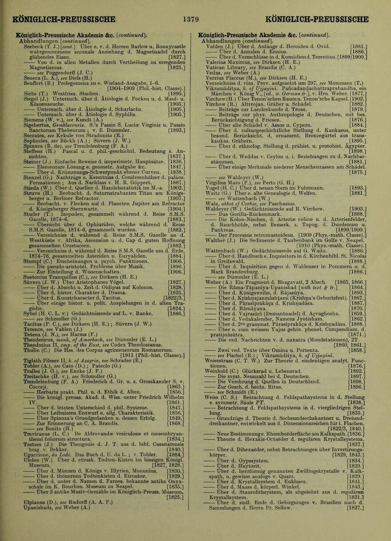 Koniglich-Preussische Akademie &c. [continued,]. Abhandlungen [continued], Seebeck (T. J.) [cont.] Uber e. v. d. Herren Barlow u. Bonnycastle wahrgenommene anomale Anziehung d. Magnetnadel durch gliihendes Eisen. [1827.] Von d. in alien Metallen durch Vertheilung zu erregenden Magnetismus. [1825.] see Poggendorff (J. C.) Seneca (L. A.), see Diels (H.) Seuffert (B.) Prolegomena zu e. Wieland-Ausgabe, 1-6. [1904-1909 (Phil.-hist. Classe).] Siebs (T.) Westfries. Studien. [1895.] Siegel (J.) Untersuch. uber d. Atiologie d. Pocken u. d. Maul- u. Klauenseuche. _ [1905.] Untersuch. uber d. Atiologie d. Scharlachs. [1905.] Untersuch. tiber d. Atiologie d. Syphilis. [1905.] Siemens (W. v.), see Kundt (A.) Sigebertus, Gemblacensis. S.’s Passio S. Lucise Virginis u. Passio Sanctorum Thebeorum ; v. E. Dummler. [1893.] Socrates, see Kekule von Stradonitz (R.) Sophocles, see Bockh (A.) ; Silvern (J. W.) Spinoza (B. de), see Trendelenburg (F. A.) SteSens (H.) Pascal u. d. phil.-geschichtl. Bedeutung s. An- sichten. [1837.] Steiner (J.) Einfache Beweise d. isoperimetr. Hauptsatze. [1836.] —— Elementare Losung e. geometr. Aufgabe &c. [1847.] Uber d. Kriimmungs-Scliwerpunkt ebener Curven. [1838.] Stenzel (G.) Nachtrage z. Kenntniss d. Coniferenholzer d. palaoz. Formationen ; Aus d. Nachlass v. H. R. Goppert. [1887.] Stieda (W.) Uber d. Quellen d. Handelsstatistik im M.-a. [1902.] Struve (H.) Beobacht. d. Saturnstrabanten Titan am Konigs- berger u. Berliner Refractor. [1907.] Beobacht. v. Flecken auf d. Planeten .Jupiter am Refractor d. Konigsberger Sternwarte. [1904.] Studer (T.) Isopoden, gesammelt wahrend d. Reise S.M.S. Gazelle, 1874-6. [1883.] Ubersieht uber d. Ophiuriden, welche wahrend d. Reise S.M.S. Gazelle, 1874-6, gesammelt wurden. [1882.] Verzeichniss d. wahrend d. Reise S.M.S. Gazelle an d. Westkiiste v. Afrika, Ascension u. d. Cap d. guten Hoffnung gesammelten Crustaceen. [1882.] Verzeichniss d. wahrend d. Reise S.M.S. Gazelle um d. Erde, 1874-76, gesammelten Asteriden u. Euryaliden. [1884.] Stumpf (C.) Erscheinungen u. psych. Funktionen. [1906.] Die pseudo-aristotel. Probleme iiber Musik. [1896.] Zur Einteilung d. Wissenschaften. [1906.] Suetonius Tranquillus (C.), see Dirksen (H. E.) Silvern (J. W.) Uber Aristophanes Vogel. [1827.] Uber d. Absicht u. Zeit d. Oidipus auf Kolonos. [1828.] Uber d. histor. Charakter d. Drama. [1825.] Uber d. Kunstcharacter d. Tacitus. [1822/3.] Uber einige histor. u. polit. Anspielungen in d. alten Tra- godie. [1824.] Sybel (H. C. L. v.) Gedachtnissrede auf L. v. Ranke. [1886.] see Schmoller (G.) Tacitus (P. C.), see Dirksen (H. E.) ; Siivern (J. W.) Terence, see Vahlen (J.) Tetens (J. N.), see Harms (F.) Theodericus, monk, of Amorbach, see Dummler (E. L.) Theodosius II, emp. of the East, see Codex Theodosianus. Thulin (C.) Die Hss. des Corpus agrimensorum Romanorum. [1911 (Phil.-hist. Classe).] Tiglath Pileser II, k. of Assyria, see Schrader (E.) Tobler (A.), see Cato (D.) ; Pateclo (G.) Tralles (J. G.), see Encke (J. F.) Treitschke (H. v.), see Schmoller (G.) Trendelenburg (F. A.) Friederich d. Gr. u. s. Grosskanzler S. v. Cocceji. [1863.] Herbarts prakt. Phil. u. d. Ethik d. Alten. [1856.] Die konigl. preuss. Akad. d. Wiss. unter Friedrich Wilhelm ■ IV. [1861.] Uber d. letzten Unterschied d. phil. Systeme. [1847.] —— Tiber Leibnizens Entwurf e. allg. Charakteristik. [1856.] Uber Spinoza’s Grundgedanken u. dessen Erfolg. [1849.] Zur Erinnerung an C. A. Brandis. [1868.] see Bonitz (H.) Treviranus (L. C.) De Aldrovandae vesiculosse et mesembryan- themi foliorum structura. [1834.] Tzetzes (J.) Die Theogonie d. J. T. aus d. bibl. Casanatensis hrsg. v. Bekker. [1840.] Uguccione, da Lodi. Das Buch d. U. da L. ; v. Tobler. [1884.] Uhden (W.) Uber d. etrusk. Todten-Kisten im hiesigen Konigl. Museum. [1827, 1828.] Uber d. Miinzen d. Konigs v. Illyrien, Monunius. [1830.] Uber d. thonernen Todtenkisten d. Etrusker. [1829.] Uber d. unter d. Narnen d. Fames, bekannte antike Onyx- schale im K. Bourbon. Museum zu Neapel. [1835.] Uber 3 antike Musiv-Gemalde im Koniglich-Preuss. Museum. [1825.] Ulpianus (D.), see Rudorff (A. A. F.) Upanishads, see Weber (A.) Koniglich-Preussische Akademie &c. [continued]. Abhandlungen [continued]. Vahlen (J.) Uber d. Anfange d. Heroiden d. Ovid. [1881.] Tiber d. Annalen d. Ennius. [1886.] Uberd. Versschliisse in d. Komodiend. Terentius. [1899/1900.] Valerius Maximus, see Dirksen (H. E.) Vatican Library, see Brandis (C. A.) Vedas, see Weber (A.) Verrius Flaccus (M.), see Dirksen (H. E.) Verzeichniss d. rom. Prov. aufgesetzt um 297, see Mommsen (T.) Vikramaditya, k. of Ujjayini. Pancadandachattraprabandha, ein Marchen v. Konig V., [ed., w. German tr.\, v. Hrn. Weber. [1877.] Virchow (H.) Uber Tenon’schen Raumu. Tenon’sche Kapsel. [1902.] Virchow (R.) Alttrojan. Graber u. Schadel. [1882.] Beitrage zur Landeskunde d. Troas. [1879.] Beitrage zur phys. Anthropologie d. Deutschen, mit bes. Beriicksichtigung d. Friesen. [1876.] Uber alte Schadel v. Assos u. Cypern. [1884.] Uber d. culturgeschichtliche Stellung d. Kaukasus, unter besond. Beriicksicht. d. ornament. Bronzegurtel aus trans- kaukas. Grabern. [1895.] Uber d. ethnolog. Stellung d. prahist. u. protohist. Agypter. [1898.] Uber d. Weddas v. Ceylon u. i. Beziehungen zu d. Nachbar- stammen. [1881.] Uber einige Merkmale niederer Menschenrassen am Schadel. [1875.] [1893.] [1881.] [1903.] [1888.] Arterienfelder, Duodenum u. [1899/1900.] see Waldeyer (W.) Virgilius Maro (P.), see Pertz (G. H.) Vogel (H. C.) Uber d. neuen Stern im Fuhrmann. Waitz (G.) Uber e. alte Genealogie d. Welfen. see Wattenbach (W.) Wala, abbot of Corbie, see Paschasius. Waldeyer (W.) Gedachtnissrede auf R. Virchow. Das Gorilla-Ruckenmark. Die Kolon-Nischen, d. Arteriae colicae u. d. d. Bauchhohle, nebst Bernerk. z. Topog. d. Pankreas. Der Processus retromastoideus. [1909 (Phys.-math. Classe).] Walther (J.) Die Sedimente d. Taubenbank im Golfe v. Neapel. [1910 (Phys.-math. Classe).] Wattenbach (W.) Gedachtnissrede auf G. Waitz. [1886.] Uber d. Handbuch e. Inquisitors in d. Kirchenbibl. St. Nicolai in Greifswald. [1888.] Uber d. Inquisition gegen d. Waldenser in Pommern u. d. Mark Brandenburg. [1886.] see Dummler (E. L.) Weber (A.) Ein Fragment d. Bhagavati, 2 Absch. [1865, 1866.] Die Rama-Tapaniya-Upanishad [with text <$■ tr.~\ [1864.] Uber d. Konigsweihe, d. Rajasuya. [1893.] Uber d. Krishnajanmashfami (Krishna’s Geburtsfest). [1867.] Uber d. Parasiprakaga d. Krishnadasa. [1887.] Uber d. Ramayana. [1870.] Uber d. Vajrasuci (Demantnadel) d. Agvaghosha. [1859.] Uber d. Vedakalender, Namens Jyotisham. [1862.] Uber d. 2™ grammat. Parasiprakaga d. Krishnadasa. [1888.] Uber e. zum weissen Yajus gehor. phonet. Compendium, d. pratijnasutra. [1871.] Die ved. Nachrichten v. d. naxatra (Mondstationen), 2T. [1860, 1861.] Zwei ved. Texte iiber Omina u. Portenta. [1858.] see Pischel (R.) ; Vikramaditya, k. of Ujjayini. Weierstrass (C. T. W.) Zur Theorie d. eindeutigen analyt. Func- tionen. [1876.] Weinhold (C.) Gliicksrad u. Lebensrad. [1892.] Die myst. Neunzahl bei d. Deutschen. [1897.] Die Verehrung d. Quellen in Deutschland. [1898.] Zur Gesch. d. heidn. Ritus. [1896.] see Schmidt (E.) Weiss (C. S.) Betrachtung d. Feldspathsystems in d. Stellung e. symmetr. Saule PT. [1838.] Betrachtung d. Feldspathsystems in d. viergliedrigen Stel- lung. [1835.] Grundzuge d. Theorie d. Sechsundsechskantner u. Dreiund- dreikantner, entwickelt aus d. Dimensionszeichen frir i. Flachen. [1822/3, 1840.] Neue Bestimmunge. Rhomboederflache am Kalkspath. [1836.] Theorie d. Hexakis-Octaeder d. regularen Krystallsystems. [1837.] Uber d. Dihexaeder, nebst Betrachtungen iiber Invertirungs- korper. [1829, 1843.] Uber d. Gypssystem. [1834.] Tiber d. Haytorit. [1829.] Uber d. herzformig genannten Zwillingskrystalle v. Kalk- spath, u. gewisse analoge v. Quarz. [1829.] Tiber d. Krystallsystem d. Euklases. [1841.] Tiber d. Maass d. korperl. Winkel. [1843.] Uber d. Staurolithsystem, als abgeleitet aus d. regularen Krystallsystem. [1831.] Uber d. siidl. Ende d. Gebirgszuges v. Brasilien nach d. Sammlungen d. Herrn Fr. Sellow. [1827.]