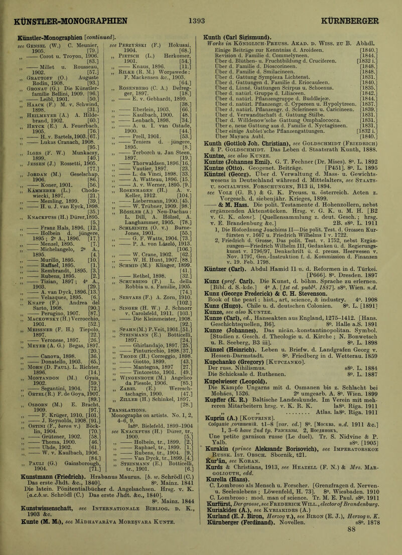 Kiinstler-Monographien [continued]. Gensel (W.) C. Meunier, 1905. [79.] Corot u. Trovon, 1906. [83.] Millet u. Rousseau, 1902. [57.] Grautoff (0.) Auguste Rodin, 1908. [93.] Gronatj (G.) Die Kiinstler- familie Bellini, 1909. [96.] Leibl, 1901. [50.] Haack (F.) M. v. Schwind, 1898. [31.] Heilmeyer (A.) A. Hilde- brand, 1902. [60.] Heyck (E.) A. Feuerbach, 1905. [76.] H. v. Bartels, 1903. [67.] Lukas Cranach, 1908. [95.] Ilges (F. W.) Munkacsy, 1899. [40.] Jessen (J.) Rossetti, 1905. [77.] Jordan (M.) Geselschap, 1906. [86.] Koner, 1901. [56.] Kammerer (L.) Chodo- wiecki, 1897. [21.] Memling, 1899. [39.] H. u. J. van Eyck, 1898. [35.] Knackfuss (H.) Diirer,1895. [5.] Franz Hals, 1896. [12.] Holbein d. jiingere, 1895 ; 2* A., 1896. [17.] Menzel, 1895. [7.] Michelangelo, 2e A., 1895. [4.] Murillo, 1895. [10.] Rafiael, 1895. [1.] Rembrandt, 1895. [3.] Rubens, 1895. [2.] Tizian, 1897 ; 4e A., 1903. [29.] A. van Dyck, 1896. [13.] Velazquez, 1895. [6.] Knapp (F.) Andrea del Sarto, 1908. [90.] Perugino, 1907. [87.] Mackowsky (H.) Verrocchio, 1901. [52.] Meissner (F. H.) Tiepolo, 1897. [22.] Veronese, 1897. [26.] Meyer (A. G.) Begas, 1897. [20.] Canova, 1898. [36.] Donatello, 1903. [65.] Mohn (D. Paul). L. Richter, 1896. [14.] Montandon (M.) Gysis, 1902. [59.] • Segantini, 1904. [72.] 0rtel(R.) F. de Goya, 1907. [89.] Osborn (M.) E. Bracht, 1909. [97.] F. Kruger, 1910. [101.] J. Reynolds, 1908. [91.] Ostini (F., baron v.) Bock- lin, 1904. [70.] Griitzner, 1902. [58.] Thoma, 1900. [46.] Uhde, 1902. [61.] W. v. Kaulbach, 1906. [84.] Pauli (G.) Gainsborough, 1904. [71.] see Perzynski (F.) Hokusai, 1904. [68.] ,, Pietsch (L.) Herkomer, 1901. [54.] ,, Knaus, 1896. [11.] ,, Rilke (R. M.) Worpswede: F. Mackensen &c., 1903. [64.] ,, Rosenberg (C. A.) Defreg- ger, 1897. [18.] „ E. v. Gebhardt, 1899. [38.] „ Eberlein, 1903. [66.] ,, Kaulbach, 1900. [48.] „ Lenbach, 1898. [34.] ,, A. u. I. van Ostade, 1900. [44.] „ Prell, 1901. [53.] ,, Teniers d. jiingere, 1895. [8.] ,, Terborch u. Jan Steen, 1897. [19.] ,, Thorwaldsen,1896.[16.] ,, Vautier, 1897. [23.] „ L. da Vinci, 1898. [33.] ,, A. Watteau, 1896. [15.] ,, A. v. Werner, 1895. [9.] ,, Rosenhagen (H.) A. v. Keller, 1912. [104.] ,, Liebermann, 1900. [45.] „ W. Triibner, 1909. [98.] ,, Rossler (A.) Neu-Dachau : L. Dill, A. Holzel, A. Langhammer, 1905. [78.] ,, Schleinitz (O. v.) Burne- Jones, 1901. [55.] „ G. F. Watts, 1904. [73.] ,, P. A. von L4szl6, 1913. [106.] „ W. Crane, 1902. [62.] „ W. H. Hunt, 1907. [88.] ,, Schmid (M.) Klinger, 1899. [41.] „ Rethel, 1898. [32.] ,, Schubring (P.) L. della Robbia u. s. Familie, 1905. [74.] „ Servaes (F.) A. Zorn, 1910. [102.] ,, Singer (H. W.) J. Schnorr v. Carolsfeld, 1911. [103.] ,, Die Kleinmeister, 1908. [92.] „ Spahn(M.) P.Veit, 1901.[51.] ,, Steinmann (E.) Botticelli, 1897. [24.] ,, Ghirlandajo, 1897. [25.] ,, Pinturicchio, 1898.[37.] ,, Thode (H.) Correggio, 1898. „ Giotto, 1899. ' [43.] ,, Mantegna, 1897 [27.] „ Tintoretto, 1901. [49.] ,, Wingenroth (M.) Angelico da Fiesole, 1906. [85.] ,, Zabel (E.) Weresch- tschagin, 1900. [47.] ,, Ziller (H.) Schinkel, 1897. [28.] Translations. Monographs on artists. No. 1, 2, 4-6, 9. Ia8°. Bielefeld. 1899-1904 see Knackfuss (H.) Diirer, tr., 1900. [5.] „ Holbein, tr., 1899. [2.] ,, Raphael, tr., 1899. [1.] ,, Rubens, tr., 1904. [9.] „ Van Dyck, tr., 1899. [4.] ,, Steinmann (E.) Botticelli, tr., 1901. [6.] Kunstmann (Friedrich). Hrabanus Maurus. [6. w. Schrodl (C.) Das erste Jhdt. &c., 1840]. 8°. Mainz. 1841 Die latein. Ponitentialbiicher d. Angelsachsen. Hrsg. v. K. [a.c.b.w. Schrodl (C.) Das erste Jhdt. &c., 1840], 8°. Mainz. 1844 Kunstwissenschaft, see Internationale Bibliog. d. K., 1903 &c. Kunte (M. M0, see Madhavarava Moresvara Kunte. Kunth (Carl Sigismund). Works in Koniglich-Preuss. Arad. d. Wiss. zu B. Abhdl. Einige Beitriige zur Kenntniss d. Aroideen. [1840.] Revision d. Familie d. Commelyneen. [1844.] tjber d. Bluthen- u. Fruchtbildung d. Cruciferen. [1832 i.] tJber d. Familie d. Dioscorineen. [1848.] Ijber d. Familie d. Smilacineen. [1848.] liber d. Gattung Sympieza Lichtenst. [1831.] liber d. Gattungen d. Familie d. Eriocauleen. [1840.] liber d. Linne. Gattungen Scirpus u. Schoenus. [1835.] liber d. natiirl. Gruppe d. Liliaceen. [1842.] Ijber d. natiirl. Pflanzengruppe d. Buddlejese. [1844.] liber d. natiirl. Pflanzengr. d. Cypereen u. Hypolytreen. [l837.] liber d. natiirl. Pflanzengr. d. Sclerineen u. Caricineen. [1839.] liber d. Verwandtschaft d. Gattung Stilbe. [1831.] liber d. Willdenow’sche Gattung Omphalococca. [1831.] liber e. neue Gattung aus d. Familie d. Nyctagineen. [1831.] Ijber einige Aublet’sche Pflanzengattungen. [1832 i.] liber Mayaca Aubl. [1840.] Kunth (Gottlob Joh. Christian), see Goldschmidt (Friedrich) & P. Goldschmidt. Das Leben d. Staatsrath Kunth, 1888. Kuntze, see also Ivunze. Kuntze (Johannes Emil). G. T. Fechner (Dr. Mises). 8°. L. 1892 Kuntze (Otto). Geogenet. Beitrage. [P451]. 8°. L. 1895 Kiintzel (Georg). Uber d. Verwaltung d. Mass- u. Gewichts- wesens in Deutschland wahrend d. Mittelalters, see Staats- u. socialwiss. Forschungen, B13 ii, 1894. see Volz (G. B.) & G. K. Preuss. u. osterreich. Acten z. Vorgesch. d. siebenjahr. Krieges, 1899. & M. Hass. Die polit. Testamente d. Hohenzollern, nebst erganzenden Aktenstiicken. Hrsg. v. G. K. u. M. H. [B2 v. G. K. alone], [Quellensammlung z. deut. Gesch.; hrsg. v. E. Brandenburg &c.] 2B. s8°. L. 1911 1, Die Hofordnung Joachims II—Die polit. Test. d. Grossen Kur- fiirsten v. 1667 u. Friedrich Wilhelms I v. 1722. 2, Friedrich d. Grosse, Das polit. Test. v. 1752, nebst Ergan- zungen—Friedrich Wilhelm III, Gedanken ii. d. Regierungs- kunst v. 1796/97, Denkschrift ii. d. preuss. Heerwesen v. Nov. 1797, Gen.-Instruktion f. d. Kommission d. Finanzen v. 19. Feb. 1798. Kuntzer (Carl). Abdul Hamid II u. d. Reformen in d. Tiirkei. [P666]. 8°. Dresden. 1897 Kunz (prof. Carl). Die Kunst, d. bohm. Sprache zu erlernen. [Bibl. d. S.-kde.] 4e A. [1st ed. publd. 1887], s8°. Wien. n.d. Kunz (George Frederick) & C. H. Stevenson. Book of the pearl: hist., art, science, & industry. 4°. 1908 Kunz (Hugo). Chile u. d. deutschen Colonien. 8°. L. [1891] Kunze, see also Kuntze. Kunze (Carl), ed., Hanseakten aus England, 1275-1412. [Hans. Geschichtsquellen, B6]. 8°. Halle a.S. 1891 Kunze (Johannes). Das nican.-konstantinopolitan. Symbol. [Studien z. Gesch. d. Theologie u. d. Kirche ; N. Bonwetsch u. R. Seeberg, B3 iii]. 8°. L. 1898 Kiinzel (Heinrich). Leben u. Briefw. d. Landgrafen Georg v. Hessen-Darmstadt. 8°. Friedberg in d. Wetterau. 1859 Kupchanko (Gregory) [Kupczanko]. Der russ. Nihilismus. s8°. L. 1884 Die Schicksale d. Ruthenen. 8°. L. 1887 Kupelwieser (Leopold). Die Kampfe Ungarns mit d. Osmanen bis z. Schlacht bei Mohacs, 1526. 2e umgearb. A. 8°. Wien. 1899 Kupffer (K. R.) Baltische Landeskunde. Im Verein mit meh- reren Mitarbeitern hrsg. v. K. R. K. Ia8°. Riga. 1911 „ ,, Atlas. Ia8°. Riga. 1911 Kuprin (A.) [Kouprine]. Coupon ie co-inHeHiii. tl-8 [var. ed.] 8°. [MocKBa. n.d. 1911 &c.] 1, 3-6 have 2nd tp. Pa3CKa3hi. 2, noe^mioKR. Une petite garnison russe (Le duel). Tr. S. Nidvine & P. Yalb. s8°. [1905] Kurakin (prince Aleksandr Borisovich), see Imperatorskoe Russk. 1st. Obsch. Sbornik, t21. Kur’an, see Koran. Kurds & Christians, 1913, see Heazell (F. N.) & Mrs. Mar- goliouth, edd. Kurella (Hans). C. Lombroso als Mensch u. Forscher. [Grenzfragen d. Nerven- u. Seelenlebens ; Lowenfeld, H. 73]. 8°. Wiesbaden. 1910 C. Lombroso : mod. man of science. Tr. M. E. Paul. s8°. 1911 Kurfiirst, Der grosse, seeFREDERicK Will., elector of Brandenburg. Kuriakides (A.), see Kyriakides (A.) Kurland (E. J. Biron, Herzog v.), see Biron (E. J.), Herzog v. K. Kiimberger (Ferdinand). Novellen. s8°. 1878 88